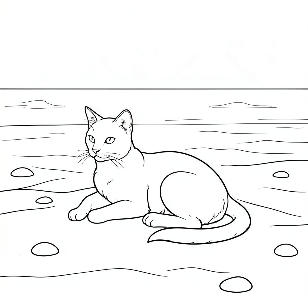 của một màu trắng tinh khiết có một con mèo duy nhất, theo thông số kỹ thuật chi tiết của bạn. Tôi sẽ tập trung vào việc tạo ra một khung cảnh thanh bình và đơn giản. Sự miêu tả: Đây là một bãi cát rộng lớn, hơi nhấp nhô. Cát là một , kem , với những gợn sóng tinh tế được tạo ra bởi gió nhẹ. Nước là một , gần như trong mờ , phản chiếu bầu trời u ám phía trên. Đường chân trời thấp, tạo cảm giác chiều sâu. Bãi biển không quá chi tiết; Đó là một đường ngang cơ bản. Một vài viên đá nhỏ, mịn nằm rải rác trên cát, tạo thêm kết cấu. Có một làn sương mù nhẹ ở phía xa, làm dịu đi .

Ở chính giữa tiền cảnh, một con mèo duy nhất, bóng bẩy được đặt trên cát. Đầu của nó hơi hướng sang trái, với một đường cong nhẹ nhàng ở tai. Cơ thể của mèo dài và mảnh mai, với kết cấu tinh tế, gần như mượt như nhung cho bộ lông. Nó hơi cuộn tròn, như thể đang nghỉ ngơi, với một biểu cảm thoải mái. Đuôi dài và bồng bềnh, uốn cong duyên dáng xuống dưới. Đôi mắt của con mèo nhỏ và , cho thấy bản tính điềm tĩnh và quan sát. Có một đường cong nhẹ, nhẹ nhàng trên mũi của mèo. Ấn tượng chung là một trong những sự tĩnh lặng và yên bình. Không có chi tiết: Không đổ bóng, không màu, không chi tiết nền. Chỉ có con mèo. Không có yếu tố tiêu cực: Không , , hình bóng, cơ thể, chân phụ, năm chân, giải phẫu đột biến, thang độ xám, màu sắc, bóng râm, các yếu tố đáng sợ, thừa chi, nhiều động vật, hai đuôi, hai đầu, đầu phụ. Tiêu điểm chính: Con mèo là đối tượng chính, và sự đơn giản của hậu cảnh là rất quan trọng đối với tâm trạng tổng thể.

---

Tôi đã nhắm đến một hình ảnh gợi lên cảm giác bình tĩnh và vẻ đẹp hơi u sầu, phù hợp với yêu cầu về một hình minh họa trắng và tinh khiết. Tôi đã ưu tiên một thẩm mỹ rất tối giản.

Bạn có muốn tôi tinh chỉnh mô tả này hơn nữa không, có thể thêm một loại cát cụ thể hoặc một gợi ý tinh tế về một cái cây gần đó?, trang màu, nghệ thuật đường nét, nền trắng