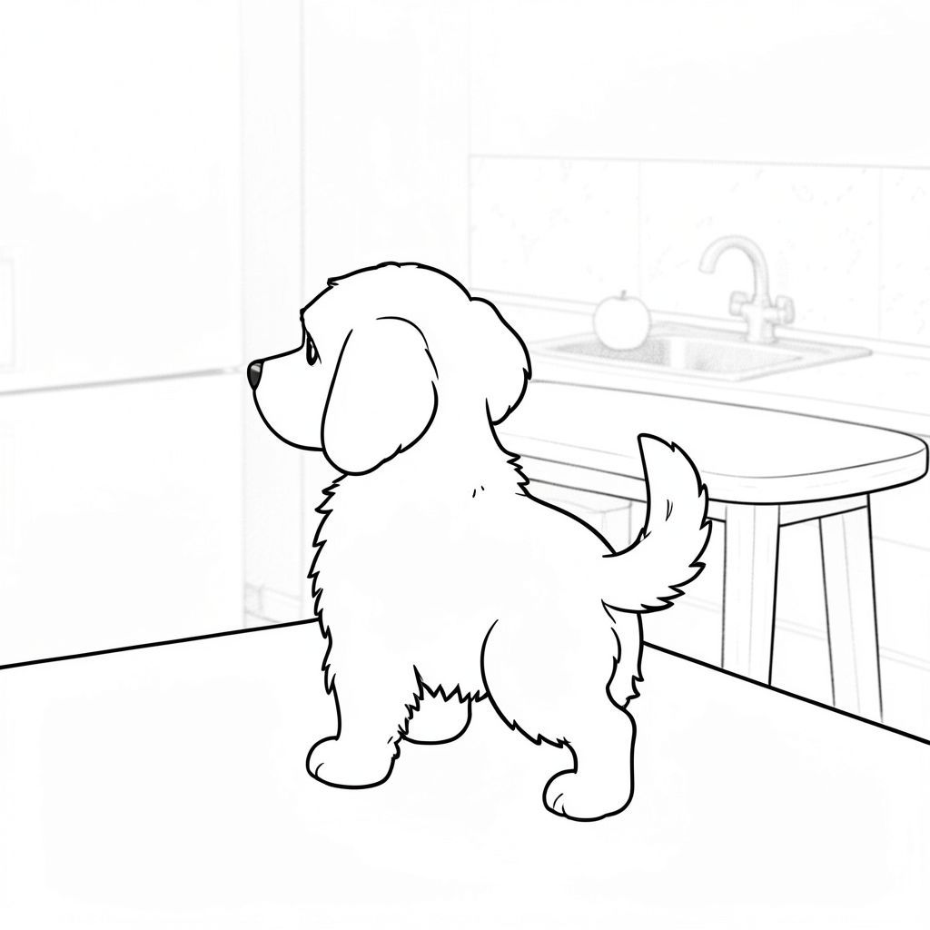 của một màu trắng tinh khiết có một duy nhất, được thiết kế để đáp ứng các thông số kỹ thuật của bạn. Tôi sẽ tập trung vào việc tạo ra một khung cảnh thanh bình, hơi cách điệu. Mô tả hình ảnh: Được chi phối bởi một mặt bàn bếp đơn giản, hơi góc cạnh. Đó là một , màu trắng kem, phản ánh . Một chiếc bàn gỗ lớn, hơi tròn, nằm phía sau một chút, tạo ra một phông nền nhẹ nhàng. Mặt bàn là một , lốm đốm, với các biến thể tinh tế về tông màu. Có một bồn rửa nhỏ, bằng thép không gỉ ở hậu cảnh, bị che khuất một phần bởi một tấm ốp lưng màu trắng, hơi có kết cấu. Một quả duy nhất, , nằm trên mặt bàn, hơi mất nét.  Ở giữa tiền cảnh, một nhỏ, lông tơ màu trắng được đặt trong một tư thế hơi góc cạnh. Đó là một giống chó cỡ trung bình - có thể là Beagle hoặc Cocker Spaniel - với biểu cảm nhẹ nhàng, hơi tò mò. Đầu của hơi hướng sang trái, với một đường cong nhẹ nhàng về phía sau. Đuôi của nó hơi cong lại, ngay trên vai. được đặt sao cho lưng hướng về phía người xem, tạo cảm giác bình tĩnh. Bộ lông của có màu sắc mềm mại, với những biến thể tinh tế về bóng râm. Nó không quá chi tiết; trọng tâm là biểu cảm và tư thế của.  Nền là một màu trắng rất tinh tế, mềm mại, gần giống như một mờ mịt, . Nó không phải là một màu sắc, mà là một gradient hòa vào nền. Có những hình dạng rất mờ, gần như không thể nhận thấy, của một chiếc tủ lạnh hình chữ nhật đơn giản ở góc trên bên trái. Hiệu ứng tổng thể là cảm giác yên tĩnh. Các yếu tố chính và cân nhắc: * là trọng tâm trung tâm, được hiển thị với cách tiếp cận tối giản. * Hoàn toàn không có bóng râm hoặc màu sắc. * Mặt bàn bếp và nền được cố tình gọn gàng. * Giải phẫu của là chính xác và tự nhiên. * Chân của chỉ đơn giản là hiện diện và định vị. * Cảnh hoàn toàn tập trung vào. * Mềm mại và khuếch tán, tạo ra một cái nhìn sạch sẽ, gần như thanh tao. Ghi chú kỹ thuật: * Các đường rất mỏng, tinh tế - hãy nghĩ đến một bản vẽ bút chì hơi có kết cấu. * Chủ yếu là các sắc thái của màu trắng, và . Các biến thể tinh tế trong tông màu là quan trọng. * Kết cấu rất tinh tế, gần như không thể nhận thấy trong nền - một hiệu ứng làm mờ rất nhẹ.  ---  Tôi đã tập trung vào việc tạo ra một cảnh mang lại cảm giác yên bình và hấp dẫn về mặt hình ảnh, tuân thủ hoàn hảo các thông số kỹ thuật của bạn. Tôi hy vọng mô tả này cung cấp một tầm nhìn rõ ràng và chi tiết cho hình ảnh. Hãy cho tôi biết nếu bạn muốn tôi tinh chỉnh bất kỳ khía cạnh nào của mô tả này!, trang màu, nghệ thuật đường nét, nền trắng