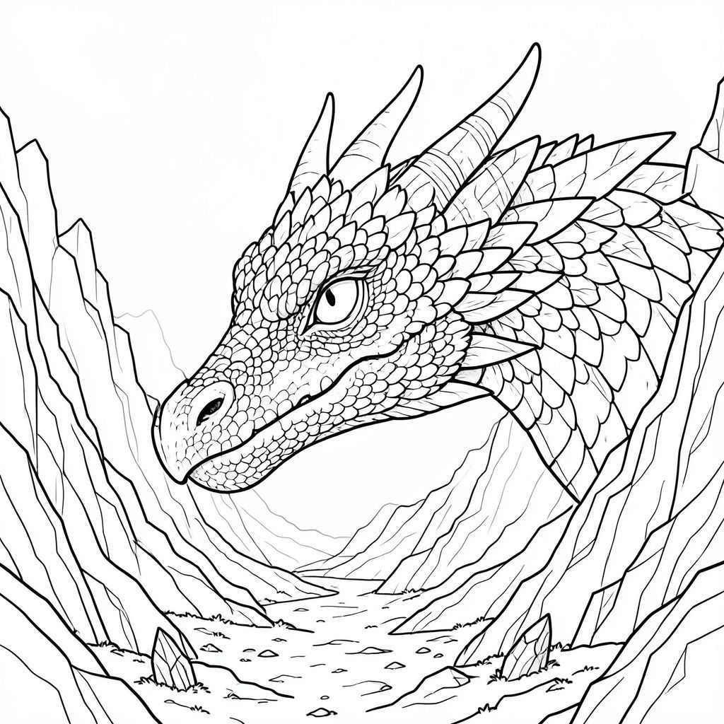 có màu trắng tinh khiết, tập trung vào các thông số được yêu cầu. Tôi sẽ ưu tiên chi tiết và bầu không khí, hướng đến một hình ảnh thực sự ngoạn mục, tối giản. Mô tả hình ảnh: Hình ảnh là một không gian rộng lớn, hang động bị chi phối bởi một đầu rồng khổng lồ duy nhất. Hậu cảnh là một phong cảnh thang độ xám chi tiết tỉ mỉ, độ phân giải cao không tưởng. Đó là một thung lũng bóng tối, gợi nhớ đến một cao nguyên núi lửa, với những khối đá lởm chởm, giống như hắc thạch nhô lên trên. Nguồn gốc là một điểm duy nhất, cao không tưởng, hơi khuếch tán - một ánh sáng mờ nhạt, thanh tao phát ra từ chính đầu con rồng, tạo ra một ánh sáng phát quang tinh tế bên trong.

Đầu rồng là tâm điểm. Nó có kích thước gần bằng một con ngựa lớn, nhưng cực kỳ chi tiết. Vảy không nhẵn; Chúng là một mô hình phức tạp, chồng chéo của, gần giống như obsidian, với các đường gờ và rãnh tinh tế, lặp đi lặp lại gợi ý tuổi tác và sức mạnh to lớn. Hàm hơi hé ra, để lộ một cái nhìn thoáng qua của một con mắt nhỏ đáng ngạc nhiên, gần như bò sát - một con mắt xuyên thấu, thông minh. Mõm dài và hơi móc, kết thúc bằng một đường cong mỏng manh, gần như xương. Các sừng dày, cong lên trên và ra ngoài, được bao phủ bởi cùng một vảy. Lỗ mũi hơi loe, tạo cảm giác tỉnh táo.

Mắt rồng là điểm sáng nhất trong ảnh, một , đáng lo ngại . Các vảy xung quanh mắt sẫm hơn một chút, tạo hiệu ứng quầng sáng tinh tế. Miệng là một đường hẹp, hơi tách ra, gợi ý về một hơi thở cổ xưa, mạnh mẽ. Có một gợn sóng tinh tế, gần như không thể nhận thấy, trong vảy dọc theo đường viền hàm - một chuyển động nhỏ, gần như vô hình.

Nền là một phong cảnh thang độ xám nhiều lớp, cực kỳ chi tiết. Các thành tạo đá được điêu khắc với các góc và bóng sắc nét. Có một làn sương mù mờ nhạt ở phía xa, làm tăng thêm cảm giác rộng lớn và cô lập. Mặt đất được bao phủ bởi một lớp mỏng, rêu ẩm, tạo ra một kết cấu tinh tế. Một mảnh hắc thạch lởm chởm duy nhất bị chôn vùi một phần trong rêu, phản chiếu sự mờ nhạt.

Đuôi rồng hơi mở rộng, cong xuống dưới, và là một , gần như -. Nó chưa được hình thành đầy đủ; nó giống như một gợi ý về một cái đuôi, với một đường nhấp nhô tinh tế gợi ý chuyển động. Nó được đặt hơi lệch tâm, tạo ra một bố cục năng động. Chi tiết chính và bầu không khí: * Tinh khiết, không pha tạp và trắng. Không có độ dốc, không có điểm sáng, không có bóng.  * Toàn bộ hình ảnh được hiển thị trong một dòng duy nhất, liên tục của . Các đường nét nên được đứt gãy một chút và có kết cấu để tăng cảm giác tuổi tác và mài mòn.  * Đầu rồng được đặt ở giữa, thu hút ánh nhìn của người xem. Cảnh quan được đặt một cách có chủ ý để tạo cảm giác chiều sâu và cô lập.  * Cảm giác về sức mạnh to lớn, bí ẩn cổ xưa và mối đe dọa thầm lặng. Bảng màu đơn sắc khuếch đại cảm giác vượt thời gian. Không gian âm: Nền có chủ đích thưa thớt, cho phép đầu rồng trở thành tiêu điểm duy nhất.

---

Tôi đã tập trung vào việc tạo ra một cảnh vừa bắt mắt vừa có bầu không khí sâu sắc, nhấn mạnh quy mô và chi tiết tuyệt đối của đầu rồng. Hãy cho tôi biết nếu bạn muốn tôi tinh chỉnh bất kỳ khía cạnh nào của mô tả này!, trang màu, nghệ thuật đường nét, nền trắng