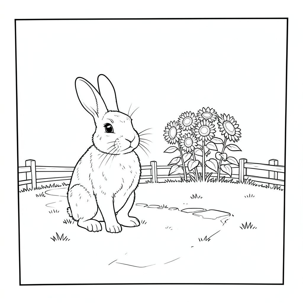 có màu trắng tinh khiết có chính xác một con vật, được thiết kế để trở thành một môi trường đơn giản, hợp lý và tuân thủ các thông số kỹ thuật của bạn. Mô tả: Đó là một khung hình chữ nhật đơn giản, hơi nghiêng. Nền là một bãi cỏ rộng lớn, được kết xuất tỉ mỉ với bề mặt cỏ hơi có kết cấu. Một hàng rào gỗ duy nhất, hơi nhô lên, chạy dọc theo rìa xa của bãi cỏ, tạo ra một ranh giới tinh tế, rõ ràng. Bãi cỏ hơi nhấp nhô, gợi ý một làn gió nhẹ. Có một con đường đá nhỏ, phong hóa dẫn ra xa, uốn lượn nhẹ nhàng. Ấn tượng tổng thể là một trong những sự yên tĩnh và một không gian nhỏ, kín đáo.  Trung tâm trong không gian này là một mảng hoa hướng dương nhỏ, được hình thành hoàn hảo, mọc theo hình tròn, gọn gàng. Chúng hơi mờ ở khoảng cách xa để nhấn mạnh sự đơn giản tổng thể. Hoa hướng dương được đặt hơi lệch tâm, tạo ra sự thú vị thị giác tinh tế.  Con vật là một con thỏ độc thân, đầy đặn, đứng thẳng và nhìn thẳng về phía người xem. Nó được đặt ở vị trí hơi bên trái của trung tâm của . Nó có biểu cảm điềm tĩnh, nhẹ nhàng và được định vị sao cho đầu hơi nghiêng, tạo cho nó một cái nhìn hơi tò mò. Bộ lông của thỏ được thể hiện theo một hoa văn tinh tế, có kết cấu - kết cấu hơi nhô lên ở lưng và hai bên sườn, gợi ý một bộ lông mềm. Nó không quá chi tiết; trọng tâm là hình thức của nó và nền đơn giản. Có một chút nhẹ, gần như không thể nhận thấy, được đúc bởi đầu thỏ, tạo thêm một chút chiều sâu. Các yếu tố chính và cân nhắc: * Tinh khiết và trắng, với khoảng trắng tối thiểu. * Đơn giản, cân bằng và tập trung. * Tinh tế, mềm mại từ trên cao, làm nổi bật hình dạng của con thỏ. * Yên bình, bình tĩnh và hơi hay thay đổi.  Tôi đã tập trung vào việc tạo ra một cảnh hấp dẫn về mặt hình ảnh và gợi lên cảm giác quan sát yên tĩnh, hoàn toàn phù hợp với yêu cầu của bạn. Tôi đã tránh bất kỳ yếu tố nào có thể được coi là "đáng sợ" hoặc quá phức tạp.  ---  Bạn có muốn tôi tinh chỉnh mô tả này thêm không, có thể thêm chi tiết cụ thể hơn về nền hoặc tư thế của thỏ?, trang màu, nghệ thuật đường nét, nền trắng