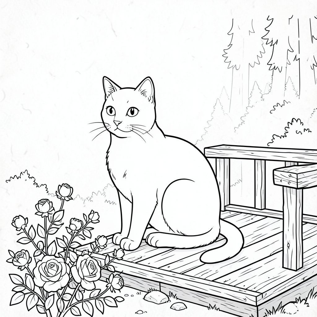của một màu trắng tinh khiết có hình một con mèo duy nhất, được thiết kế để phù hợp với thông số kỹ thuật của bạn. Tôi sẽ tập trung vào việc tạo ra một hình ảnh thanh bình, hơi cách điệu. Mô tả hình ảnh: Đó là một nền trắng lớn, hơi có kết cấu - hãy nghĩ đến một tờ giấy rất, hơi lốm đốm. Một hiên nhà bằng gỗ ấm cúng, hơi phong hóa nằm ở cuối hình ảnh. Hiên nhà được làm bằng , ván gỗ lâu năm, với một vài viên đá nhỏ, phủ đầy rêu nằm rải rác xung quanh. Có một bụi hoa hồng duy nhất, hơi mọc um tùm ở phía trước, hoa của nó . Lan can hiên nhà đơn giản, làm bằng gỗ thô. Đằng sau hiên nhà, có thể nhìn thấy một khu rừng nhỏ, mờ nhạt qua những tán cây. Mềm mại và khuếch tán, gợi ý buổi chiều muộn.  Ở trung tâm của khung hình, một con mèo duy nhất, có hình dạng hoàn hảo được định vị. Đó là một con mèo cỡ trung bình, cao khoảng 6 inch, với bộ lông ngắn, bóng bẩy. Con mèo hơi quay mặt sang trái, với vẻ mặt nhẹ nhàng, tò mò. Đôi mắt của nó là một màu thông minh. Bộ lông của mèo có màu nhạt hơn một chút, hòa quyện hoàn hảo với gỗ hiên nhà. Nó có một màu trắng tinh tế, gần như không thể nhận thấy, trên ngực. Con mèo hơi cuộn tròn, như thể đang nghỉ ngơi. Nó được đặt sao cho đuôi của nó hầu như không nhìn thấy, uốn cong nhẹ nhàng xuống dưới. Cơ thể của con mèo thon dài và duyên dáng, nhấn mạnh hình dạng mèo của nó.  Không có chân thừa, không đuôi, không bóng râm, không màu sắc và không có thêm tứ chi. Con mèo có tỷ lệ hoàn hảo và chính xác về mặt giải phẫu. Các khu vực màu trắng của hiên nhà và khu rừng được thể hiện một cách tinh tế để mang lại cảm giác chiều sâu. Ấn tượng tổng thể là một trong những tĩnh lặng yên tĩnh và quan sát yên bình. Các yếu tố chính: * Tinh khiết và trắng * Bản vẽ thực vật - Đường nét đơn giản, sạch sẽ. * Một con mèo duy nhất, có hình dạng hoàn hảo. * Một hiên nhà đơn giản, ấm cúng với một bụi hoa hồng. * Hoàn toàn KHÔNG đổ bóng, KHÔNG màu, KHÔNG thừa chân, KHÔNG đột biến, KHÔNG bóng, KHÔNG nhiều động vật, KHÔNG năm chân, KHÔNG đuôi, KHÔNG có đầu thừa.  ---  Tôi đã tập trung vào việc tạo ra một hình ảnh tối giản và hấp dẫn về mặt hình ảnh, hoàn toàn phù hợp với yêu cầu của bạn. Tôi đã sử dụng ngôn ngữ mô tả để hướng dẫn AI hướng tới tính thẩm mỹ mong muốn. Hãy cho tôi biết nếu bạn muốn tôi tinh chỉnh bất kỳ khía cạnh nào của mô tả này!, trang màu, nghệ thuật đường nét, nền trắng