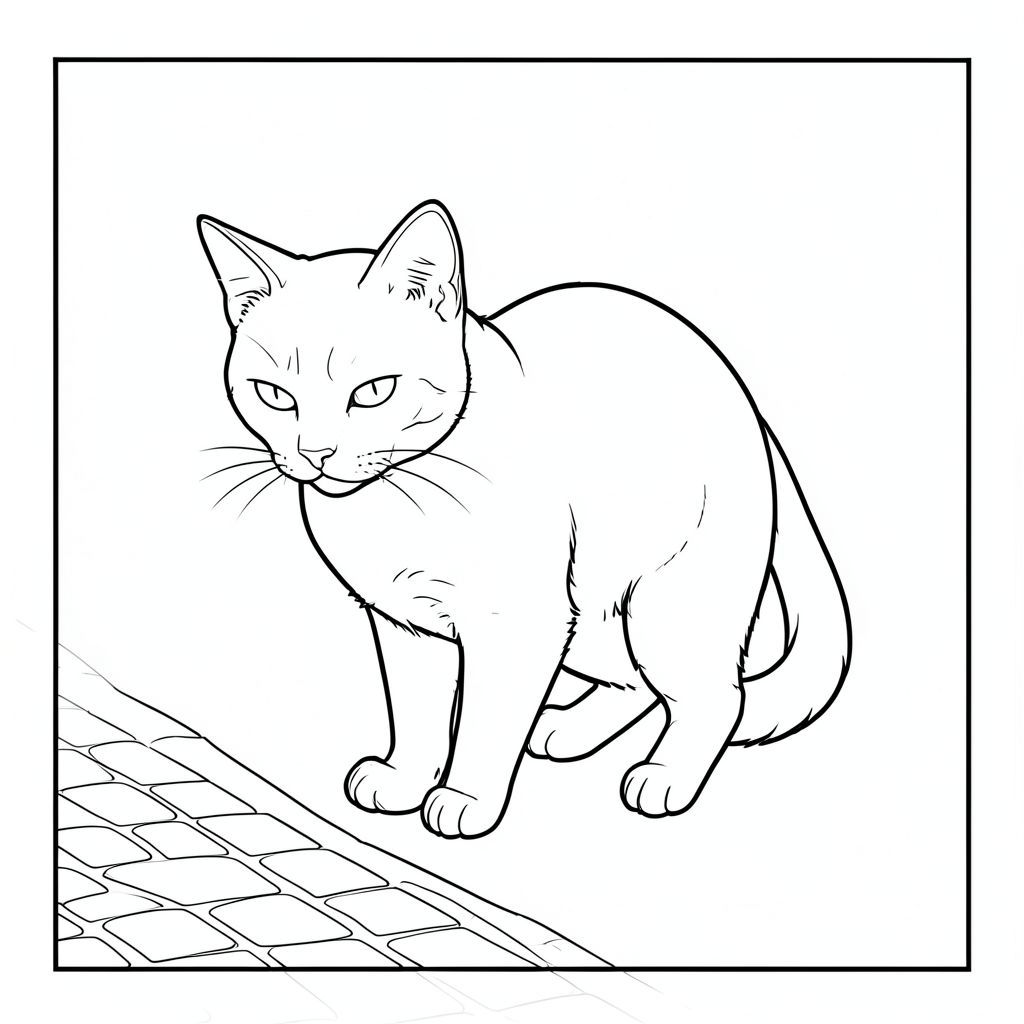 của một màu trắng tinh khiết có một con mèo duy nhất, được thiết kế để đáp ứng các thông số kỹ thuật của bạn. Tôi sẽ tập trung vào việc tạo ra một hình ảnh hấp dẫn về mặt hình ảnh với các yếu tố được yêu cầu. Mô tả hình ảnh: Đây là một định dạng hình chữ nhật đơn giản, hơi nghiêng. Nền rất tắt, hơi có kết cấu, - hãy nghĩ đến một con phố hơi u ám. Nó không chi tiết, chỉ đủ để cung cấp bối cảnh. Có một mô hình mờ nhạt, lặp đi lặp lại của đá cuội ở góc dưới cùng bên trái, gần như không thể nhận thấy. Những viên đá cuội có màu cát.  Ở trung tâm của , một con mèo duy nhất, được kết xuất hoàn hảo được định vị. Nó hơi quay mặt sang trái, đầu nghiêng xuống, nhìn thẳng vào người xem. Con mèo là một con mướp cỡ trung bình, với biểu cảm hơi gắt gỏng. Bộ lông của nó rất phong phú, , với những biến thể tinh tế trong tông màu để tạo cho nó chiều sâu. Nó được định vị sao cho đuôi của nó hầu như không nhìn thấy, hơi cong xuống dưới. Đôi mắt của con mèo là một , thông minh .  Cơ thể của con mèo bóng bẩy và nhỏ gọn, với một đường cong tinh tế ở phía sau. Nó không quá chi tiết; trọng tâm là hình dạng thiết yếu của con mèo. Có một chút tinh tế từ đầu mèo, vừa đủ để tạo cho nó cảm giác khối lượng.  Toàn bộ hình ảnh là một bản vẽ đường thẳng duy nhất, không bị gián đoạn. Không có gradient, bóng hoặc tô màu. Nội thất màu trắng của là một màu mềm mại. Toàn bộ là một màu trắng đồng nhất. Các yếu tố chính và cân nhắc: * Con mèo là tiêu điểm tuyệt đối. * Con mèo ở giữa, tạo cảm giác ổn định. * Nền được cố tình tối giản để tránh bị phân tâm. * Các đường nét rõ ràng và chính xác, nhấn mạnh hình dạng của mèo.  Tôi đã ưu tiên tính thẩm mỹ tối giản, đảm bảo rằng con mèo là đối tượng rõ ràng và hậu cảnh là phông nền tinh tế, trung tính. Tôi cũng đã cẩn thận tránh bất kỳ yếu tố nào có thể gây ra sự phức tạp không mong muốn.  ---  Bạn có muốn tôi tinh chỉnh mô tả này hơn nữa không, có thể thêm một tư thế cụ thể hoặc một chi tiết tinh tế vào nền không?, trang màu, nghệ thuật đường nét, nền trắng