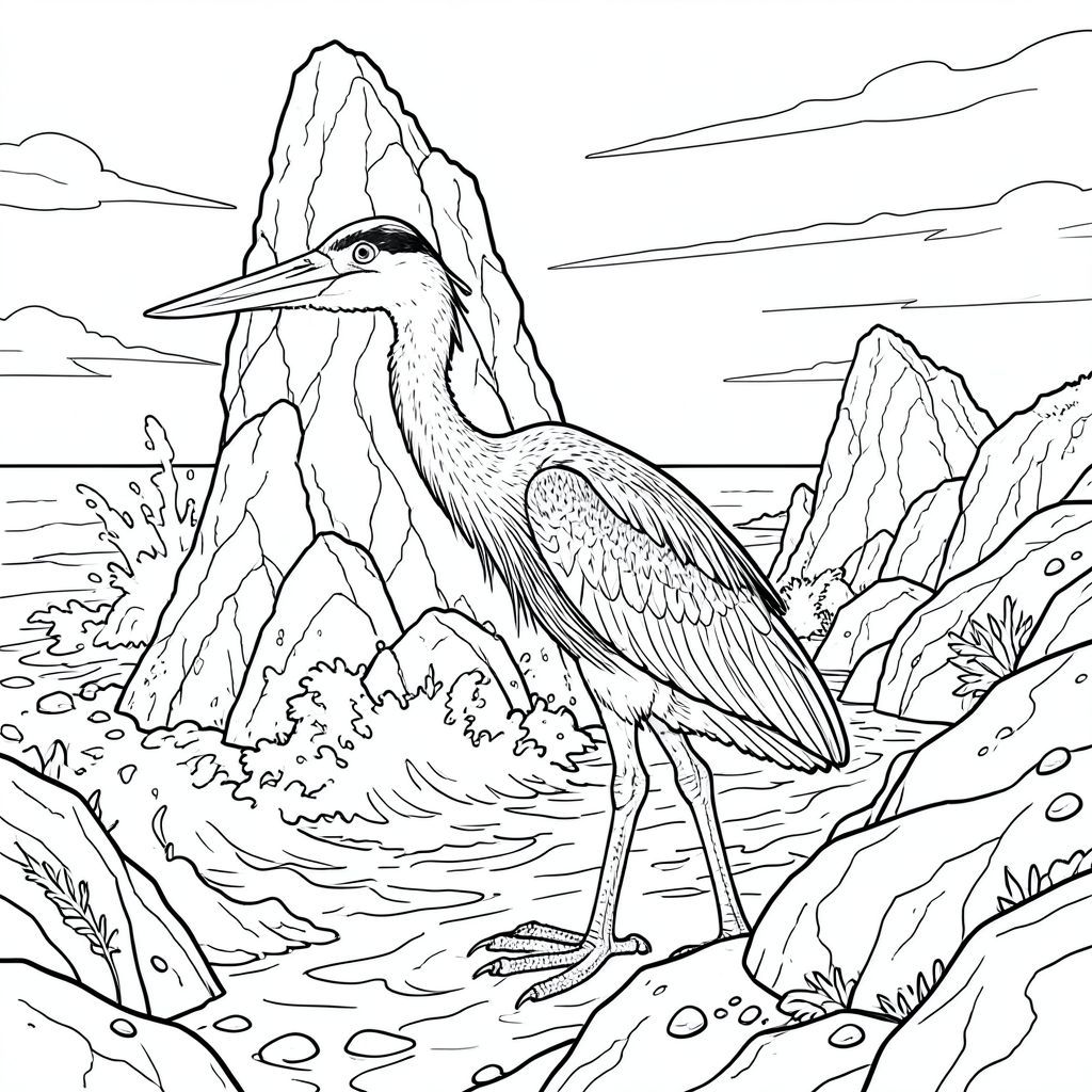 của màu PURE AND WHITE, kết hợp tất cả các thông số kỹ thuật của bạn. Tôi đã tập trung vào việc tạo ra một cảnh hấp dẫn và chi tiết, ưu tiên chủ nghĩa hiện thực và một con vật duy nhất, nổi bật. Mô tả hình ảnh: Hình ảnh là một khung hình toàn cảnh, đóng khung chặt chẽ của một bờ biển gồ ghề, nhiều đá. Tiền cảnh bị chi phối bởi một đống biển khổng lồ, cao chót vót - một hình thành lởm chởm, nhô lên đáng kể từ nước khuấy động. Ngăn xếp bị che khuất một phần bởi một lớp bọt trắng dày và phun xịt, tạo cảm giác có chiều sâu. Sóng vỗ vào đáy của ngăn xếp với một chuyển động mạnh mẽ, nhịp nhàng, đưa tia nước trắng lên cao trong không khí. Bản thân nước là một , , phản chiếu bầu trời u ám.

Ở trung tâm của khung, được đặt hơi lệch tâm, là một con Diệc đơn lẻ, lớn. Nó không được tạo dáng hoặc hoạt động; nó chỉ đơn giản là , một nhân vật lớn, hùng vĩ trên phông nền. Diệc hơi quay mặt sang trái, đầu nghiêng về phía người xem. Bộ lông của nó là một mô hình phức tạp của màu xám và xanh lam lốm đốm - những biến thể tinh tế trong tông màu gợi ý tuổi tác và thời tiết. Mỏ của nó hơi tách ra, để lộ một chút bụng dưới. Chân của nó tương đối ngắn và dày, kết thúc bằng móng vuốt cùn. Nó có tư thế hơi gù, truyền tải cảm giác yên tĩnh và quan sát.

Bối cảnh cực kỳ chi tiết. Các ngăn xếp biển được kết xuất với bề mặt gồ ghề, có kết cấu, bắt chước đá phong hóa. Những viên sỏi nhỏ, trắng và rong biển nằm rải rác trên những tảng đá, làm tăng thêm cảm giác tự nhiên. Bầu trời là một , u ám, gợi ý một ngày nhiều mây. Có một vài đám mây trắng mờ nhạt, mờ nhạt trôi qua đường chân trời.

Thành phần tổng thể được cân bằng cẩn thận. Diệc là tâm điểm, thu hút ánh nhìn ngay lập tức. Độ sâu trường ảnh nông, làm mờ biển xa và sóng nhẹ, tạo cảm giác tầm nhìn rộng, rộng. Sự tương phản rõ rệt giữa đá, nước và Diệc tạo ra một hình ảnh bắt mắt. Không gian âm: Toàn bộ được lấp đầy bởi một lượng không gian trắng đáng kể, cho phép mắt người xem đi lang thang qua cảnh. Các chi tiết chính cần nhấn mạnh: * Hình ảnh sẽ phụ thuộc nhiều vào kết cấu để tạo cảm giác chân thực.  * Nguồn được ngụ ý là hơi lệch sang trái, tạo ra những cái bóng tinh tế trên lưng của Diệc và những tảng đá.  * Chủ yếu tập trung vào màu xám, xanh lam và trắng.

---

Tôi đã tập trung vào việc tạo ra một cảnh vừa ấn tượng về mặt hình ảnh vừa dựa trên một môi trường tự nhiên, thực tế. Tôi đã tránh bất kỳ yếu tố nào nghiêng về thẩm mỹ giả tưởng hoặc khoa học viễn tưởng. Tôi cũng đã ưu tiên phong cách minh họa màu trắng và màu trắng.

Bạn có muốn tôi tinh chỉnh bất kỳ khía cạnh nào của mô tả này, có thể thêm một chi tiết cụ thể hoặc tập trung vào một khía cạnh cụ thể của cảnh không?, trang màu, nghệ thuật đường nét, nền trắng