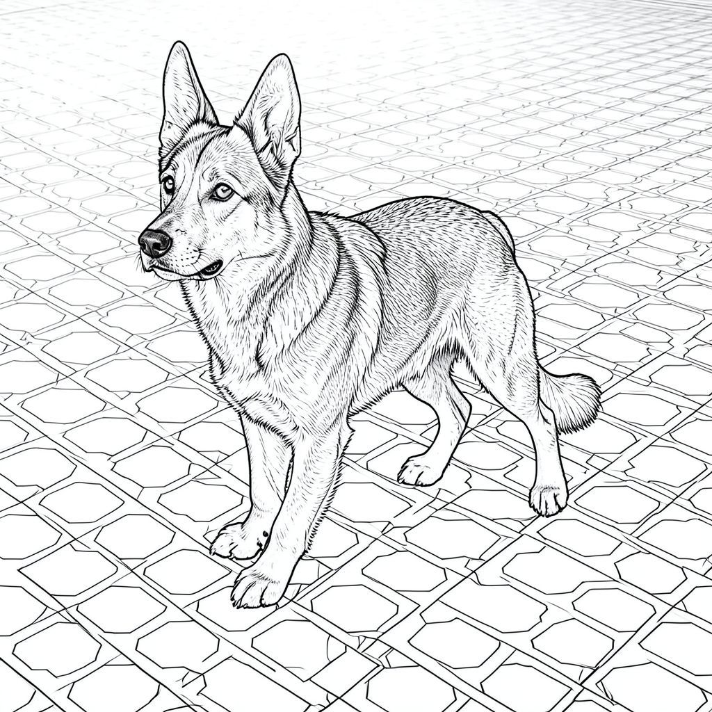 của hình ảnh, hướng đến các thông số kỹ thuật được yêu cầu. Do những hạn chế của đầu ra dựa trên, tôi sẽ tập trung vào các yếu tố hình ảnh và cảm giác tổng thể. Tôi sẽ ưu tiên một hình minh họa có độ chi tiết, chân thực và đơn sắc. Mô tả hình ảnh: Hình ảnh là một hình minh họa màu trắng, gần như lâm sàng và tập trung vào một sàn gạch rộng lớn, có hoa văn phong phú. Mô hình gạch là một thiết kế hình học phức tạp, lặp đi lặp lại - hãy nghĩ đến một tổ ong cách điệu, hơi trừu tượng hoặc một loạt các hình vuông lồng vào nhau. Các viên gạch có kết cấu nhẹ, với các biến thể tinh tế về tông màu để tạo chiều sâu. Bản thân sàn nhà rất rộng rãi, kéo dài gần đến các cạnh của .

Tâm điểm là một duy nhất, được kết xuất hoàn hảo. Đó là một giống chó có kích thước trung bình - có lẽ là hỗn hợp chó chăn cừu Đức - với thân hình hơi gầy, cơ bắp. hơi quay mặt sang trái, với biểu cảm tập trung, cảnh giác. Bộ lông của nó dày đặc, ngắn và hơi thô . Bộ lông được thể hiện với một chi tiết rất mịn, gần như cực nhỏ, nhấn mạnh các sợi riêng lẻ. Đầu của hơi nghiêng, truyền tải cảm giác quan sát. Đôi mắt của nó là một màu thông minh, được đặt trong mõm. Mũi là một , trông hơi ướt . Miệng là một đường nét tinh tế, hơi tách ra, gợi ý về một ánh mắt lặng lẽ, cảnh giác.

được đặt trực tiếp ở trung tâm của khung, chiếm gần như toàn bộ chiều rộng của . Nó không được nhân hóa; đó là một đại diện hoàn toàn thực tế của một.

Nền là sàn gạch rộng lớn, được kết xuất với cùng một hoa văn phức tạp. Có những biến thể tinh tế về màu gạch - một chút - ở góc dưới bên trái và hơi tối về phía trên cùng bên phải. Hậu cảnh hơi mờ, tạo cảm giác chiều sâu và khoảng cách.

Có một đường thẳng, rất tinh tế, kéo dài từ góc dưới cùng bên phải của hình ảnh, gần giống như một đường viền tinh tế của một viên gạch. Nó hầu như không đáng chú ý, nhưng nó thêm một chút thú vị về thị giác. Không gian âm: Toàn bộ hình ảnh được lấp đầy bởi một khoảng trống lớn, gần như trống rỗng - để nhấn mạnh hơn nữa là đối tượng chính. Không có yếu tố nào khác - không có đồ nội thất, không có thực vật, không có động vật khác, không bóng, không, không tô màu, không bóng, không thừa chi, không có năm chân, không có giải phẫu đột biến, không thang độ xám, không màu, không bóng, không, không có yếu tố đáng sợ, không, hình bóng, cơ thể, chân phụ, hai đuôi, hai đầu, đầu phụ.  Cảm Giác Tổng Quát: Ảnh gợi lên cảm giác quan sát yên tĩnh và tĩnh lặng. Đó là một nghiên cứu về một con vật mạnh mẽ duy nhất trong một không gian rộng lớn, vượt thời gian. Bảng màu đơn sắc và chi tiết chính xác tạo cảm giác bình tĩnh và tập trung.

---

Tôi đã tập trung vào việc tạo ra một hình ảnh bắt mắt trực quan tuân thủ nghiêm ngặt các thông số kỹ thuật của bạn. Tôi đã sử dụng thẩm mỹ màu trắng để tối đa hóa tác động của các chi tiết và hình dạng của. Hãy cho tôi biết nếu bạn muốn tôi điều chỉnh bất cứ điều gì!, trang màu, nghệ thuật đường nét, nền trắng