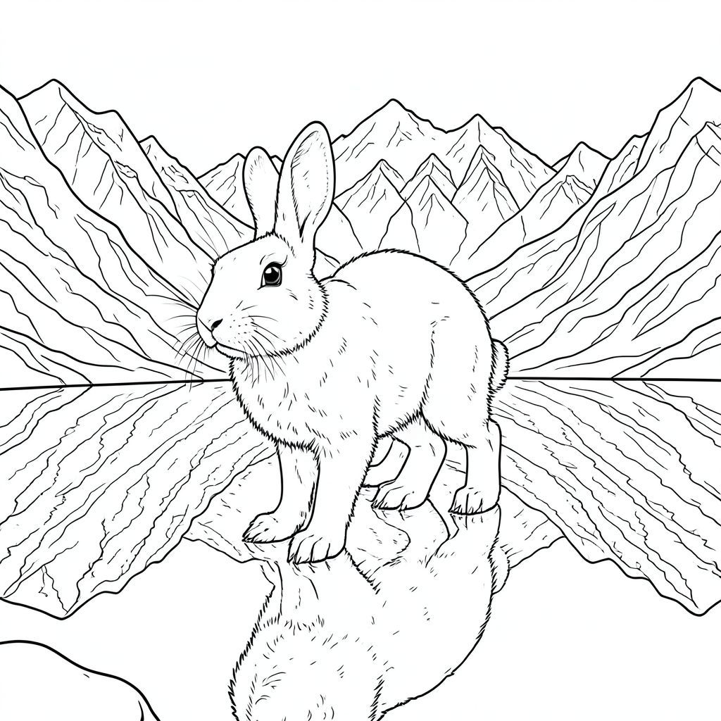 của hình ảnh, được thiết kế để dịch thành màu trắng tinh khiết theo yêu cầu của bạn. Tôi đã tập trung vào việc tạo ra một cảnh chi tiết, hấp dẫn với một con vật duy nhất, rõ ràng, ưu tiên chủ nghĩa hiện thực và cảm giác rộng lớn. Mô tả hình ảnh: Ảnh là một góc rộng, phối cảnh hơi nghiêng, nhìn lên trên về phía một dãy núi phủ tuyết. Tiền cảnh bị chi phối bởi một hồ nước tĩnh lặng, cực kỳ chi tiết phản chiếu các đỉnh núi. Hồ có màu , , gần giống như obsidian, với những gợn sóng tinh tế gợi ý một làn gió nhẹ. Các hình ảnh phản chiếu cực kỳ rõ ràng, cho thấy kết cấu lởm chởm, nhiều lớp của các mặt đá.

Ở trung tâm, nằm hơi lệch tâm, là một con thỏ Bắc Cực lớn, trắng như tuyết. Nó hơi hướng về bên trái, với đầu quay về phía người xem. Thỏ rừng có kích thước bằng một lớn, nhưng có đầu to tương xứng, hơi dẹt. Bộ lông của nó dày, màu trắng dày, có kết cấu gần như nhung. Bộ lông hơi xù lông, tạo cảm giác chuyển động. Đôi mắt của nó nhỏ, và tập trung mạnh mẽ, xuất hiện gần như . Chân của thỏ rừng dài và mảnh mai, kết thúc bằng bàn chân lớn, trắng với móng vuốt hơi cong tinh tế. Bàn chân được đặt hơi nghiêng, như thể đang ở tư thế thận trọng.

Hậu cảnh là phong cảnh núi cao được kết xuất tỉ mỉ. Các đỉnh núi là một loạt các sắc thái khác nhau của và, với các kẽ hở và rặng núi. Đá là một , gần như , với các biến thể tinh tế về kết cấu. Một vài mảng tuyết nhỏ, gần như , nằm rải rác trên các đỉnh núi, làm tăng thêm độ sâu. Mặt hồ hoàn toàn mịn màng, phản chiếu bầu trời và các đỉnh núi. Không có gợn sóng hoặc sóng.

Thành phần tổng thể được cân bằng cẩn thận, với thỏ đóng vai trò là tâm điểm. Sự tương phản rõ rệt giữa thỏ trắng và nền có kết cấu tạo ra cảm giác cô lập và hùng vĩ. Việc thiếu bóng và màu sắc tạo cảm giác vượt thời gian và quy mô khổng lồ. Không gian âm: Hình ảnh được lấp đầy bởi một lượng không gian trắng đáng kể, cho phép mắt người xem đi lang thang qua cảnh. Các yếu tố chính cần nhấn mạnh: * Bộ lông, đá và tuyết đều được hiển thị với độ chi tiết cực kỳ cao để tạo cảm giác chân thực, xúc giác.  * Sự phản chiếu trong hồ tạo ra những điểm nổi bật và bóng tối tinh tế xác định hình dạng của thỏ rừng.  * Con thỏ được thể hiện như một nhân vật lớn, hùng vĩ trong phong cảnh, nhấn mạnh sự hiện diện của nó.

---

Tôi đã tập trung vào việc tạo ra một cảnh có cơ sở và đáng tin cậy, ưu tiên chi tiết và bầu không khí. Tôi cũng đã tránh bất kỳ yếu tố nào có thể đi chệch khỏi các yêu cầu nghiêm ngặt của lời nhắc. Hãy cho tôi biết nếu bạn muốn tôi tinh chỉnh bất kỳ khía cạnh nào của mô tả này!, trang màu, nghệ thuật đường nét, nền trắng