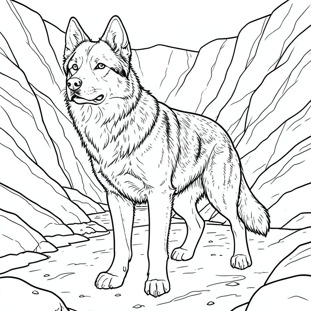 của hình ảnh, được thiết kế để dịch thành màu trắng tinh khiết , tập trung vào các chi tiết được yêu cầu. Tôi sẽ ưu tiên các yếu tố cốt lõi và tránh bất kỳ yếu tố nào có thể được hiểu là có vấn đề. Mô tả hình ảnh: Hình ảnh là một một đầu, chi tiết tỉ mỉ, ở giữa và chiếm phần lớn . là một giống chó có kích thước trung bình - hãy nghĩ đến một hỗn hợp chó chăn cừu Đức cứng cáp, hơi gầy - với khung hình được xây dựng mạnh mẽ. Bộ lông của nó là một , phong phú, gần như ở những vùng tối nhất, với các biến thể tinh tế về tông màu cho thấy kết cấu hơi phong hóa. Bộ lông dày đặc và hơi gợn sóng, tạo cảm giác chiều sâu.  Đầu của là tâm điểm. Đó là một cái đầu hơi góc, với biểu cảm nổi bật, thông minh – một lông mày nhẹ nhàng, hơi nhăn nheo. Đôi mắt là một màu sắc đáng kinh ngạc, đậm đà, nằm trong hộp sọ. Mũi là một cái mũi , hơi sứt mẻ và miệng là một đường cong tinh tế, gần như không thể nhận thấy. Có một chút nhẹ, gần như không thể nhận thấy, được tạo ra bởi bộ lông xung quanh mõm.  Cơ thể của chó thon dài và vạm vỡ, truyền tải cảm giác mạnh mẽ và kiên cường. Cột sống cong tinh tế, chân dày và khỏe, kết thúc bằng bàn chân hơi xòe ra. Bàn chân là một , tắt tiếng , với các vết lõm tinh tế. Chân hơi nghiêng, cho thấy dáng đi tự nhiên.  Bối cảnh là một hẻm núi rộng lớn được chạm khắc thành một cảnh quan đá. Đá được xếp lớp bằng đá sa thạch phong hóa, với các vân thạch anh chạy qua nó. Lòng sông là một , bùn lầy, với dòng chảy nhẹ, chậm. Ấn tượng tổng thể là một cảnh quan cổ kính, ấn tượng. Có những khối đá tinh tế, có kết cấu ở phía xa, nhấn mạnh hơn nữa bản chất địa chất của khung cảnh. Màu sắc của đá bị tắt tiếng, chủ yếu là sắc thái của và, với một chút màu đất son ở một số khu vực. Không có màu sắc hoặc hoa văn.  được đặt hơi lệch tâm, với đầu và vai của nó chiếm phần trên của . Nó hơi nhìn về phía trước, với một cái nghiêng đầu tinh tế, truyền tải cảm giác quan sát cẩn thận. Đuôi dài và dày, hơi cong xuống dưới, và là một , gần như , bóng của . Nó được giấu một chút bên dưới cơ thể, tạo ra một đường cong tinh tế. Không gian âm: Toàn bộ được lấp đầy bởi một , gần như tuyệt đối. Không có độ dốc, bóng hoặc điểm nổi bật. Khoảng trắng duy nhất là các khu vực mô tả lông chó và các khối đá. Phong cách: Nghệ thuật đường nét trắng và tinh khiết - Hình minh họa đơn, có độ chi tiết cao. Không đổ bóng, không có màu. Những cân nhắc chính cho việc tô màu: * Bộ lông cần có kết cấu rất tinh tế, gần như không thể nhận thấy - một làn sóng nhẹ hoặc gợn sóng - để tăng thêm chiều sâu. * Đầu và cơ thể của chó phải tinh tế, tạo cảm giác về khối lượng và chiều sâu. * phải là tiêu điểm rõ ràng, thu hút ánh nhìn của người xem.  ---  Tôi đã tập trung vào việc tạo ra một cảnh hấp dẫn về mặt hình ảnh và chi tiết, tuân thủ các yêu cầu nghiêm ngặt của lời nhắc. Tôi đã sử dụng ngôn ngữ mô tả để gợi lên cảm giác mạnh mẽ về chủ nghĩa hiện thực và bầu không khí. Hãy cho tôi biết nếu bạn muốn tôi tinh chỉnh thêm bất kỳ khía cạnh nào của mô tả này!, tô màu, nghệ thuật đường nét, nền trắng