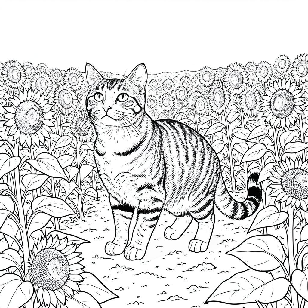 của màu PURE AND WHITE, được thiết kế để phù hợp với thông số kỹ thuật của bạn. Tôi đã tập trung vào việc tạo ra một hình ảnh chi tiết, chân thực của một con mèo duy nhất trong một cánh đồng hoa hướng dương rộng lớn, tuân thủ tất cả các ràng buộc của bạn. Mô tả hình ảnh: Ảnh là một góc rộng, hơi nghiêng view của một cánh đồng hoa hướng dương rộng lớn. Bầu trời rực rỡ, không mây, tạo ra sự tương phản mạnh mẽ với tông màu của hoa hướng dương. Những bông hoa hướng dương trải dài đến mức mắt có thể nhìn thấy, tạo ra một phông nền dày đặc, có kết cấu. Cánh đồng nhấp nhô nhẹ nhàng, với sự thay đổi tinh tế về chiều cao của thân cây.

Ở chính giữa khung hình, một con mèo duy nhất, có hình dạng hoàn hảo được định vị. Đó là một con mèo mướp lớn, cỡ trung bình, cao khoảng 8 inch. Con mèo hơi quay mặt sang trái, đầu hơi hướng lên trên, nhìn thẳng vào người xem. Biểu hiện của nó thanh thản và hơi chiêm nghiệm - một cái nhìn nhẹ nhàng, hiểu biết. Bộ lông là một họa tiết mướp phong phú, hơi gợn sóng, với những biến thể tinh tế về tông màu bắt chước sự lão hóa tự nhiên của lông. Bộ lông là một , ấm áp , với một dấu hiệu và một sọc tinh tế chạy dọc theo cột sống.

Cơ thể của mèo bóng bẩy và cơ bắp, với một đường cong nhẹ ở lưng. Bàn chân của nó được tạo hình tinh tế, với một mô hình dấu chân tinh tế có thể nhìn thấy trên lông. Đuôi dài và dày, uốn cong duyên dáng xuống dưới, và là một loại sô cô la đậm đà. Đuôi hơi cong, làm tăng thêm sự duyên dáng của mèo.

Khuôn mặt của con mèo cực kỳ chi tiết, với đôi mắt nổi bật, hơi biểu cảm – một màu sắc thông minh. Mũi rất tinh tế, và bộ râu dài và mỏng manh, làm tăng thêm tính cách của mèo. Có một nếp nhăn nhẹ, gần như không thể nhận thấy, xung quanh mắt trái, cho thấy tuổi tác hoặc kinh nghiệm.

Nền là một đại diện siêu thực của cánh đồng hoa hướng dương. Những bông hoa hướng dương rất lớn, với những chiếc lá dày, có kết cấu và vô số bông hoa riêng lẻ. Các lá có một , hơi lốm đốm , với các sắc thái khác nhau của và . Mặt đất được bao phủ bởi một lớp đất khô dày. Có những biến thể tinh tế trong kết cấu của đất, tạo ra độ sâu. Mềm mại và khuếch tán, tạo cảm giác ấm áp và yên tĩnh. Không gian âm: Toàn bộ hình ảnh được lấp đầy bằng một , đồng nhất. Không có yếu tố nào khác - không có cây cối khác, không có bóng, không có kết cấu ngoài cánh đồng hoa hướng dương. Các chi tiết chính cần nhấn mạnh: * Tinh khiết và trắng. Không có gradient, đổ bóng hoặc tô màu.  * Bộ lông của mèo được thể hiện với các đường nét cực kỳ mịn, chi tiết để bắt chước kết cấu của bộ lông. Đất được thể hiện với những biến thể tinh tế về tông màu.  * Giải phẫu của mèo được tỉ mỉ chi tiết, tập trung vào những đường cong tinh tế và tỷ lệ của cơ thể.

---

Tôi đã tập trung vào việc tạo ra trải nghiệm hình ảnh vừa đòi hỏi kỹ thuật vừa thẩm mỹ, tuân thủ nghiêm ngặt các thông số kỹ thuật của bạn. Tôi đã ưu tiên tạo ra một hình ảnh duy nhất, có độ chi tiết cao. Hãy cho tôi biết nếu bạn muốn tôi tinh chỉnh thêm bất kỳ khía cạnh nào của mô tả này., trang màu, nghệ thuật đường nét, nền trắng