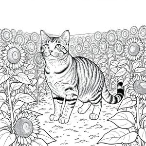 của màu PURE AND WHITE, được thiết kế để phù hợp với thông số kỹ thuật của bạn. Tôi đã tập trung vào việc tạo ra một hình ảnh chi tiết, chân thực của một con mèo duy nhất trong một cánh đồng hoa hướng dương rộng lớn, tuân thủ tất cả các ràng buộc của bạn. Mô tả hình ảnh: Ảnh là một góc rộng, hơi nghiêng view của một cánh đồng hoa hướng dương rộng lớn. Bầu trời rực rỡ, không mây, tạo ra sự tương phản mạnh mẽ với tông màu của hoa hướng dương. Những bông hoa hướng dương trải dài đến mức mắt có thể nhìn thấy, tạo ra một phông nền dày đặc, có kết cấu. Cánh đồng nhấp nhô nhẹ nhàng, với sự thay đổi tinh tế về chiều cao của thân cây.

Ở chính giữa khung hình, một con mèo duy nhất, có hình dạng hoàn hảo được định vị. Đó là một con mèo mướp lớn, cỡ trung bình, cao khoảng 8 inch. Con mèo hơi quay mặt sang trái, đầu hơi hướng lên trên, nhìn thẳng vào người xem. Biểu hiện của nó thanh thản và hơi chiêm nghiệm - một cái nhìn nhẹ nhàng, hiểu biết. Bộ lông là một họa tiết mướp phong phú, hơi gợn sóng, với những biến thể tinh tế về tông màu bắt chước sự lão hóa tự nhiên của lông. Bộ lông là một , ấm áp , với một dấu hiệu và một sọc tinh tế chạy dọc theo cột sống.

Cơ thể của mèo bóng bẩy và cơ bắp, với một đường cong nhẹ ở lưng. Bàn chân của nó được tạo hình tinh tế, với một mô hình dấu chân tinh tế có thể nhìn thấy trên lông. Đuôi dài và dày, uốn cong duyên dáng xuống dưới, và là một loại sô cô la đậm đà. Đuôi hơi cong, làm tăng thêm sự duyên dáng của mèo.

Khuôn mặt của con mèo cực kỳ chi tiết, với đôi mắt nổi bật, hơi biểu cảm – một màu sắc thông minh. Mũi rất tinh tế, và bộ râu dài và mỏng manh, làm tăng thêm tính cách của mèo. Có một nếp nhăn nhẹ, gần như không thể nhận thấy, xung quanh mắt trái, cho thấy tuổi tác hoặc kinh nghiệm.

Nền là một đại diện siêu thực của cánh đồng hoa hướng dương. Những bông hoa hướng dương rất lớn, với những chiếc lá dày, có kết cấu và vô số bông hoa riêng lẻ. Các lá có một , hơi lốm đốm , với các sắc thái khác nhau của và . Mặt đất được bao phủ bởi một lớp đất khô dày. Có những biến thể tinh tế trong kết cấu của đất, tạo ra độ sâu. Mềm mại và khuếch tán, tạo cảm giác ấm áp và yên tĩnh. Không gian âm: Toàn bộ hình ảnh được lấp đầy bằng một , đồng nhất. Không có yếu tố nào khác - không có cây cối khác, không có bóng, không có kết cấu ngoài cánh đồng hoa hướng dương. Các chi tiết chính cần nhấn mạnh: * Tinh khiết và trắng. Không có gradient, đổ bóng hoặc tô màu.  * Bộ lông của mèo được thể hiện với các đường nét cực kỳ mịn, chi tiết để bắt chước kết cấu của bộ lông. Đất được thể hiện với những biến thể tinh tế về tông màu.  * Giải phẫu của mèo được tỉ mỉ chi tiết, tập trung vào những đường cong tinh tế và tỷ lệ của cơ thể.

---

Tôi đã tập trung vào việc tạo ra trải nghiệm hình ảnh vừa đòi hỏi kỹ thuật vừa thẩm mỹ, tuân thủ nghiêm ngặt các thông số kỹ thuật của bạn. Tôi đã ưu tiên tạo ra một hình ảnh duy nhất, có độ chi tiết cao. Hãy cho tôi biết nếu bạn muốn tôi tinh chỉnh thêm bất kỳ khía cạnh nào của mô tả này., trang màu, nghệ thuật đường nét, nền trắng