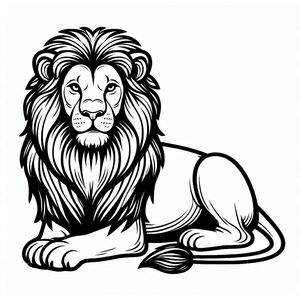 A black and white lion laying down