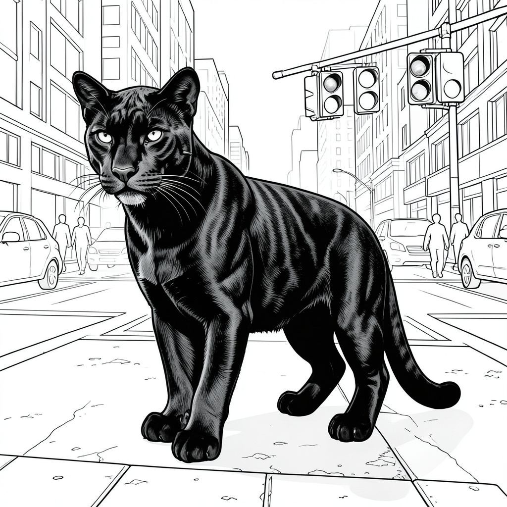 của hình ảnh, tiếp theo là phân tích chi tiết về các yếu tố hình ảnh. Tôi đã tập trung vào việc tạo ra một cảnh thực tế, thực sự, tuân thủ các thông số kỹ thuật của bạn. Mô tả hình ảnh: Hình ảnh là một hình minh họa tập trung chặt chẽ, duy nhất và màu trắng của một con báo hắc thạch duy nhất, bóng bẩy. Nó nằm ngay trung tâm của một giao lộ nhộn nhịp. Hậu cảnh là một đại diện rất chi tiết, hơi mờ của một giao lộ thành phố hiện đại. Phân tích chi tiết: * Con báo là tâm điểm. Đó là một con đực trưởng thành, cao khoảng 6 feet ở vai. Bộ lông của nó cực kỳ mịn và dày đặc, gần giống như đá phiến được đánh bóng. Bộ lông là một , gần như nhung, với các mô hình bóng mờ tinh tế, lặp đi lặp lại trên lưng và hai bên sườn của nó - tạo cảm giác chiều sâu. Đầu hơi nghiêng, truyền tải ánh mắt cảnh giác, thông minh. Đôi mắt nhỏ, tập trung mạnh mẽ và có khói . Có những nếp nhăn tinh tế, gần như không thể nhận thấy, xung quanh mõm, làm tăng thêm tuổi tác và độ gồ ghề của nó. Cơ bắp của con báo được xác định một cách tinh tế, nhấn mạnh cấu trúc mạnh mẽ của nó. Đuôi của nó dài và dày, thuôn nhọn đến một điểm, và hơi cong lại, cho thấy một tư thế thoải mái. Đuôi là một , mờ , với một ánh sáng nhẹ, tinh tế.  * Hậu cảnh là một đại diện dày đặc, hơi mờ của một giao lộ thành phố. Có một số đèn giao thông - một, một và một - tất cả đều được hiển thị bằng các đường nét sắc nét, chính xác. Mặt đường là một , có kết cấu nhẹ, với các biến thể tinh tế về tông màu để gợi ý bề mặt hơi ẩm. Có một vài chiếc xe ở phía xa, nhưng chúng hầu hết bị mờ và không rõ ràng, xuất hiện dưới dạng , hình chữ nhật. Một vài người đi bộ đang đi bộ, nhưng hình dạng của họ rất tối thiểu - chỉ là đường viền. Phối cảnh hơi nghiêng, mang lại cảm giác chiều sâu.  * Khắc nghiệt và định hướng, bắt nguồn từ một góc hơi cao. Nó nhấn mạnh hình dạng của con báo và tạo ra bóng mạnh. Thác trên mặt con báo và các cạnh lông của nó, làm nổi bật các đường nét của nó. Hiệu ứng tổng thể là cảm giác tập trung mãnh liệt, có kiểm soát.  * Nền cố tình thưa thớt, gần như hoàn toàn không có màu sắc. Không gian xung quanh con báo rất quan trọng đối với tác động của hình ảnh. Bảng màu: Tinh khiết và trắng. Phong cách: Minh họa PURE AND WHITE LINE ART. Không đổ bóng. Không có màu. Những cân nhắc chính cho kết xuất: * Bộ lông cần phải cực kỳ chi tiết và có độ bóng tinh tế, gần như không thể nhận thấy.  * Cơ bắp của con báo cần được xác định rõ ràng, nhưng không được phóng đại quá mức.  * Hậu cảnh cần có cảm giác chiều sâu mạnh mẽ, đạt được thông qua việc làm mờ và phân lớp các yếu tố.  * Con báo phải là một hình bóng thuần túy, chỉ có thể nhìn thấy hình dạng thiết yếu.

---

Tôi đã tập trung vào việc tạo ra một hình ảnh bắt mắt hoàn toàn phù hợp với thông số kỹ thuật của bạn. Tôi đã tự do thêm một chút chi tiết để làm cho nó hấp dẫn hơn. Hãy cho tôi biết nếu bạn muốn tôi tinh chỉnh bất kỳ khía cạnh nào của mô tả này hoặc tạo ra một đại diện trực quan ., trang màu, nghệ thuật đường nét, nền trắng