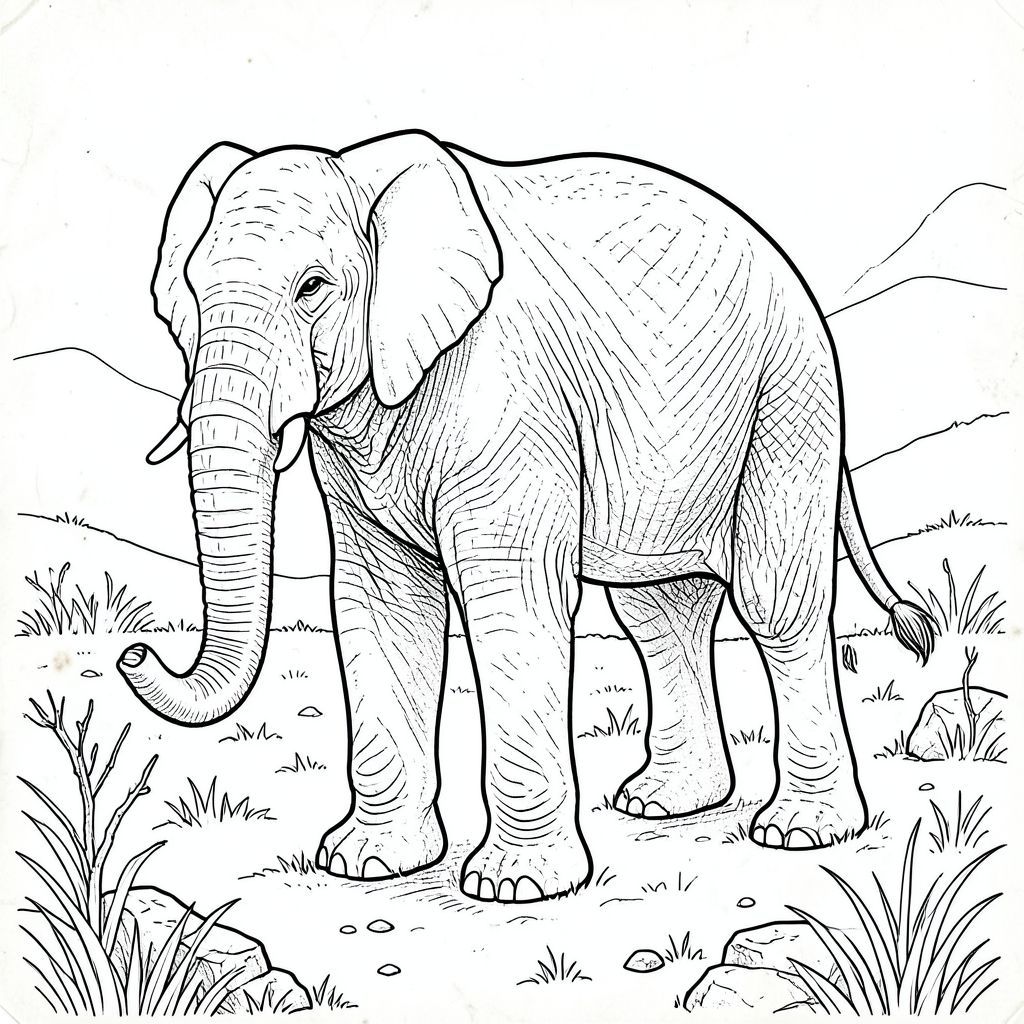 . Tôi sẽ tập trung vào việc tạo ra một cảnh chi tiết và nhập vai, tránh bất kỳ yếu tố nào bạn đã chỉ định. Mô tả hình ảnh: Đây là một loại giấy lớn, hơi có kết cấu, hơi già. Nền là một mảng cỏ khô rộng lớn, hơi nhấp nhô, xen kẽ với những mảng đá phong hóa và một vài cành cây rải rác, trông giòn. Mềm mại và khuếch tán, gợi ý vào buổi chiều muộn. Có một làn sương mù tinh tế ở phía xa, làm tăng thêm bầu không khí.  Tiêu điểm trung tâm là một con voi duy nhất, được kết xuất hoàn hảo. Nó được đặt hơi lệch tâm, với đầu hơi hướng sang trái. Con voi cao khoảng 8 feet ở vai. Da của nó là một , lốm đốm -, với các biến thể tinh tế về tông màu để bắt chước sự lão hóa tự nhiên. Kết cấu cực kỳ chi tiết - các đường gờ và thung lũng trên da, các nếp nhăn tinh tế và bề mặt hơi thô ráp. Lớp da khổng lồ, nhăn nheo của nó được thể hiện với sự chú ý tỉ mỉ đến từng chi tiết, thể hiện tuổi tác và độ mòn của con vật.  Đầu voi là đặc điểm nổi bật nhất. Đó là một hình dạng lớn, hơi dẹt, với một đường chân mày nổi bật và một sọc tinh tế, gần như không thể nhận thấy, chạy dọc theo giữa trán. Đôi mắt của nó to, và hơi cúi xuống, truyền tải cảm giác khôn ngoan và quan sát yên tĩnh. Lỗ mũi hơi loe. Miệng là một đường nhỏ, hơi tách ra, để lộ một chút ngà voi.  Vòi voi dài và cong thanh lịch, với một đường cong nhẹ ở đầu. Da là -, với các biến thể tinh tế về tông màu. Tai to và hơi rủ xuống, có hoa văn tinh tế, có kết cấu. Đôi chân dày và mạnh mẽ, với một đường cong nhẹ, gần như không thể nhận thấy, hướng xuống. Bàn chân hơi xòe ra, thể hiện kết cấu của trái đất.  Có một cái đuôi đơn, dài, cong thanh lịch, cũng có tông màu. Nó không đối xứng hoàn hảo, với sự thay đổi tinh tế về chiều dài và độ dày. Nó được đặt hơi bên phải đầu voi.  Nền là một đại diện mờ, nhiều lớp của cỏ. Có sự chuyển màu tinh tế của và để tạo cảm giác chiều sâu. Những viên đá nhỏ và không đều, với kết cấu hơi thô. Có một vài lá và cành cây rải rác. Hiệu ứng tổng thể là cảm giác rộng lớn và tĩnh lặng. Bảng màu: Chủ yếu là các sắc thái của , , và . Nhấn mạnh vào các biến thể tinh tế về tông màu và kết cấu. Không lấp đầy. Bầu không khí tổng thể: Yên tĩnh, chiêm nghiệm, hơi u sầu. Khung cảnh gợi lên cảm giác hoang dã cổ xưa và sự hiện diện lâu dài của thiên nhiên.  ---  Tôi đã tập trung vào việc tạo ra một cảnh vừa phong phú về mặt hình ảnh vừa chi tiết tỉ mỉ, tuân thủ nghiêm ngặt các yêu cầu của bạn. Tôi đã tránh bất kỳ yếu tố nào có thể được hiểu là có khả năng gây lo lắng hoặc chói tai.  Bạn có muốn tôi giải thích chi tiết về bất kỳ khía cạnh cụ thể nào của mô tả này, có thể tập trung vào một chi tiết cụ thể hoặc thêm nhiều yếu tố khí quyển hơn không?, trang màu, nghệ thuật đường nét, nền trắng