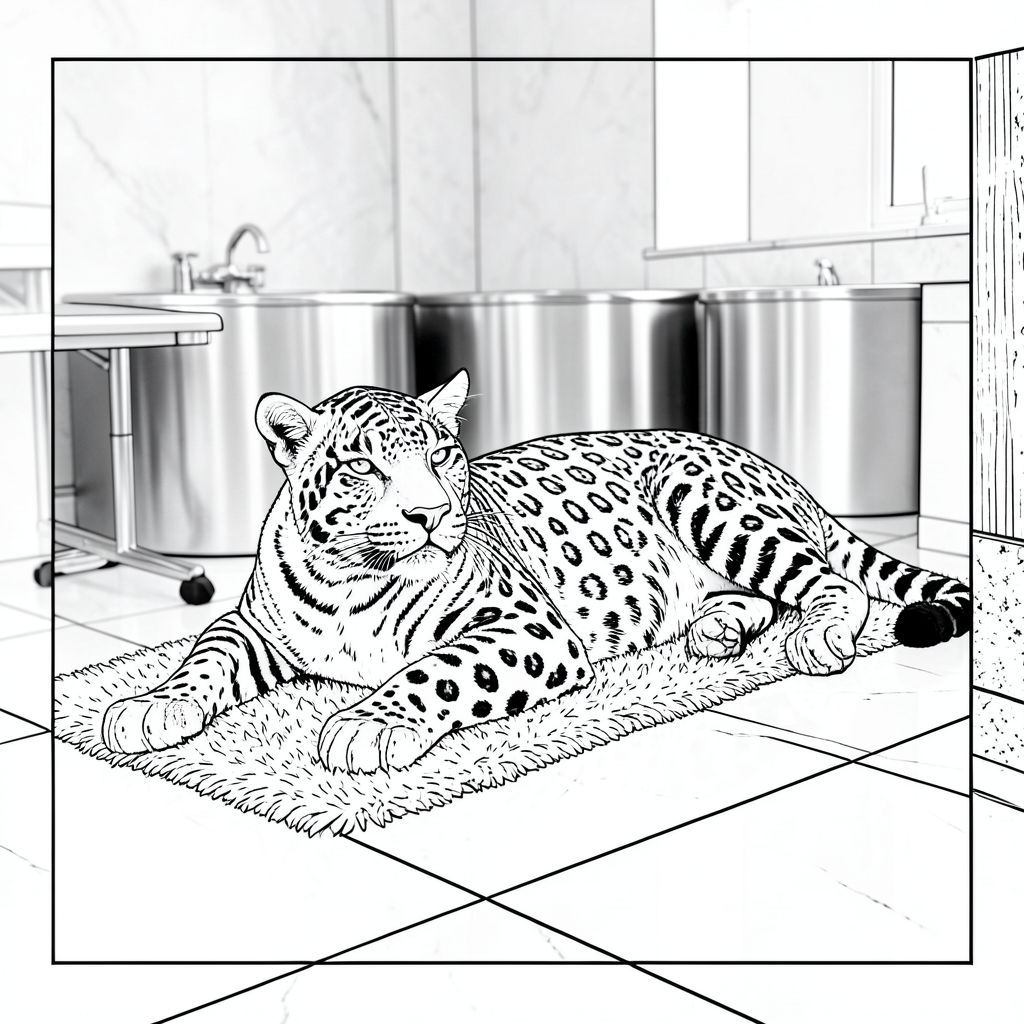 của hình ảnh, tiếp theo là phân tích chi tiết về các yếu tố và cân nhắc. Tôi đã tập trung vào việc tạo ra một cảnh nội thất thực sự chân thực và chi tiết, tuân thủ nghiêm ngặt các thông số kỹ thuật của bạn. Mô tả: Ảnh là một bức ảnh có khung hình chặt chẽ, góc hơi thấp, nhìn thẳng vào trung tâm của một sàn gạch lớn, được đánh bóng. Trọng tâm hoàn toàn là một con báo duy nhất, bóng bẩy, được đặt gần như theo đường chéo trên khung hình. Đầu của nó hơi nghiêng, truyền tải cảm giác quan sát yên tĩnh. Đôi mắt của con báo mở to và hơi nheo, cho thấy sự tỉnh táo. Bộ lông được thể hiện với các đường nét cực kỳ mịn, gần như cực nhỏ, nhấn mạnh kết cấu và các sợi riêng lẻ. Cơ thể của con báo thon dài và cơ bắp, với những đường cong tinh tế có thể nhìn thấy bên dưới bộ lông. Nó nằm nghiêng, với bàn chân gọn gàng dưới ngực.

Bối cảnh là nội thất được tỉ mỉ chi tiết, hơi mờ và vô cùng chân thực của một tiệm chải lông thú cưng hiện đại. Các bức tường có kết cấu hơi - một sự thay đổi tinh tế về tông màu để ngăn nó quá rõ ràng. Có một số bồn tắm bằng thép không gỉ lớn, được đánh bóng được sắp xếp theo hình bán nguyệt, phản ánh một cách tinh tế. Các bồn tắm là một, hơi tắt tiếng . Mặt bàn bằng đá granit lớn, được đánh bóng chiếm ưu thế ở nửa dưới của khung hình, phản chiếu theo cách làm nổi bật kết cấu. Một vài tấm giả gỗ nằm rải rác, được đặt hoàn hảo làm tăng thêm sự thú vị và chiều sâu về thị giác. Sàn nhà được phủ một tấm thảm dày, sang trọng. Một bàn chải chuốt duy nhất, hơi mất nét, được đặt hơi lệch sang bên trái của con báo. Một khu vực nhỏ, hơi nhô lên, của một tấm giả gỗ được đặt ở phía bên phải của khung, tạo ra một đường viền tinh tế, có kết cấu. Mềm mại và khuếch tán, đến từ một cửa sổ duy nhất, hơi cao sang một bên, tạo ra các điểm nổi bật và bóng tối tinh tế. Ấn tượng tổng thể là một không gian yên tĩnh, sang trọng, tập trung vào sự hiện diện của con báo. Phân tích các yếu tố và chi tiết: * * Gần như một cái đầu hơi nghiêng, góc cạnh. Cơ thể thon dài, nhấn mạnh tư thế mạnh mẽ, hơi vương giả.   Tuyệt đối * quan trọng. Tôi sẽ sử dụng một kỹ thuật mô phỏng các sợi lông riêng lẻ với các đường cực kỳ mịn, gần như không thể nhận thấy. Bộ lông sẽ có những thay đổi tinh tế về tông màu - bóng tối hơn một chút ở lưng, bóng nhạt hơn ở bụng. Sẽ có những gợn sóng nhẹ và khuyết điểm để tạo cho nó một vẻ ngoài tự nhiên, hơi mòn.  * Đôi mắt to, hình quả hạnh, với ánh mắt hơi hướng lên trên. Đồng tử sẽ sẫm màu hơn một chút so với lông, tạo độ sâu tinh tế. Hoa diên vĩ sẽ là một, giàu có.  * Một đường cong tinh tế, gần như không thể nhận thấy trên môi.  * Tinh khiết. Không có biến thể màu sắc.  * * , với các biến thể tinh tế về âm sắc để tránh vẻ ngoài đồng nhất, khắc nghiệt.  * Bồn tắm bằng thép không gỉ, có độ bóng và kết cấu nhẹ. Các bề mặt sẽ hơi không bằng phẳng, có những khuyết điểm tinh tế. Lớp hoàn thiện chrome sẽ rất nổi bật.  * Một mặt bàn bằng đá granit lớn, được đánh bóng - một , hơi tắt tiếng. Nó sẽ có những biến thể tinh tế về màu sắc và kết cấu.  * Một tấm nhỏ, giả gỗ, được đặt hơi bên trái của con báo. Đây sẽ là một đường viền tinh tế, có kết cấu.  * Một tấm thảm dày, sang trọng. Tấm thảm sẽ có một đống và kết cấu nhẹ, làm tăng thêm chiều sâu của hình ảnh.  * Mềm mại, khuếch tán đến từ cửa sổ bên. Điều này sẽ tạo ra các điểm nổi bật và bóng tối tinh tế, nhấn mạnh kết cấu của lông và bề mặt.  * Mạ crôm của bồn tắm và mặt bàn sẽ phản chiếu một cách tinh tế, tạo ra ánh sáng lung linh nhẹ.   rất nhiều* không gian âm. Trọng tâm hoàn toàn là con báo. Những Cân Nhắc Chính cho Phong Cách: * Toàn bộ ảnh sẽ được xây dựng trên nền tảng của các đường nét cực mịn, gần như cực nhỏ.   cảm giác tuyệt đối * của các bề mặt.  * Mọi yếu tố sẽ được hiển thị cực kỳ tinh tế. Không có màu sắc đậm hoặc bóng râm.

Tôi đã tập trung vào việc tạo ra một cảnh cảm thấy cực kỳ chân thực, gần giống như một bức ảnh, trong khi vẫn duy trì các ràng buộc nghiêm ngặt của lời nhắc. Tôi đã ưu tiên các chi tiết của con báo và hậu cảnh để tạo ra một hình ảnh chi tiết và hấp dẫn về mặt hình ảnh.

---

Tôi tin rằng mô tả này cung cấp một sự hiểu biết rất rõ ràng và toàn diện về hình ảnh mà tôi đang hướng tới. Bạn có muốn tôi giải thích chi tiết về bất kỳ khía cạnh cụ thể nào không, có lẽ tập trung nhiều hơn vào hoặc kết cấu của bộ lông?, tô màu, nghệ thuật đường nét, nền trắng
