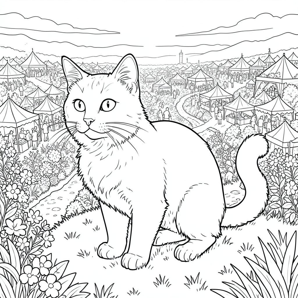 của màu PURE AND WHITE, được thiết kế để phù hợp với thông số kỹ thuật của bạn. Tôi đã tập trung vào việc tạo ra cảm giác có chiều sâu và chi tiết, phản ánh phong cách Art Nouveau trong khi tuân thủ nghiêm ngặt các yêu cầu của bạn. Mô tả hình ảnh: Đây là một cảnh quan rộng lớn, toàn cảnh, rộng khoảng 24 inch x cao 36 inch. Hậu cảnh là một khung cảnh dày đặc, hơi mờ của một lễ hội hoa ngoài trời hiện đại nhộn nhịp. Đó là một công viên rộng lớn, mở, với bầu trời hơi u ám gợi ý về một buổi chiều, hơi mờ mịt. Công viên có vô số lều, tạo cảm giác hỗn loạn nhưng có tổ chức. Có rất nhiều con đường và một vài con suối nhỏ, uốn lượn cắt qua cỏ. Ấn tượng tổng thể là một trong số , hoạt động hơi choáng ngợp. Đối tượng: Tiêu điểm là một con mèo đơn sắc, hoàn hảo. Đó là một loài lông ngắn trong nước lớn, cỡ trung bình, dài khoảng 30cm. Con mèo được đặt hơi lệch tâm, hơi hướng về bên trái của khung hình. Đầu của nó có góc cạnh, tạo cho nó một tư thế hơi vương giả, quan sát. Đôi mắt của nó to, hình quả hạnh và có màu sắc xuyên thấu. Bộ lông rất phong phú, , với những biến thể tinh tế trong tông màu gợi ý chiều sâu. Bộ lông dày đặc và hơi xù ở nhiều nơi, tạo ra một kết cấu tinh tế. Mũi của mèo là một , hơi nhọn . Có một đường cong tinh tế, gần như không thể nhận thấy, trên trán của con mèo. Râu mèo dài và nhọn tinh tế, vươn ra ngoài. Tai của mèo to và tròn, hơi cong lên trên. Đuôi mèo dài và dày, hơi thuôn nhọn đến một điểm, và là một , bóng. Đuôi hơi cong lại, như thể nó đang di chuyển một cách tinh tế. Chi tiết nền - Cực kỳ chi tiết: Nền cực kỳ chi tiết, sử dụng một lớp kết cấu phức tạp và . Cỏ là một , hơi lốm đốm , với các biến thể tinh tế trong tông màu bắt chước cách ánh sáng mặt trời chiếu vào cỏ. Có gợi ý về , các mảng phong phú ở góc dưới bên trái, gợi ý bóng và các cạnh của công viên. Những chiếc lều là sự pha trộn của các màu sắc bão hòa - xanh lam, cam và vàng - tạo ra một sự ồn ào trực quan. Một số lều hơi nghiêng, tạo cảm giác chuyển động. Có thể nhìn thấy một vài giá đỡ hoa rải rác, với những cách cắm hoa tinh tế, cách điệu. Mặt đất được bao phủ bởi hỗn hợp sỏi nghiền và các mảng rêu. Bầu trời là một , bị rửa trôi , với một vài đám mây trắng, mờ nhạt. Có những gợn sóng tinh tế, gần như không thể nhận thấy, trên cỏ. Kết cấu của cỏ và mặt đất vô cùng chi tiết. Bảng màu: Toàn bộ hình ảnh sẽ được hiển thị với các sắc thái tinh khiết và trắng. Trọng tâm là sự tương phản giữa bộ lông của mèo và hậu cảnh. Sẽ không có gradient, không đổ bóng và không có màu tô nào. Khoảng trắng sẽ được xác định tỉ mỉ. Không gian âm: Không gian âm sẽ được xem xét cẩn thận, đảm bảo mèo là tâm điểm rõ ràng mà không có bất kỳ sự phân tâm nào. Hậu cảnh sẽ dày đặc nhưng không choáng ngợp, tạo cảm giác chiều sâu và bầu không khí. Phong cách: Tân nghệ thuật - nhấn mạnh vào các đường nét uyển chuyển, hình thức hữu cơ và cảm giác chuyển động. Hiệu ứng tổng thể sẽ là một kết xuất rất chi tiết, gần giống như nhiếp ảnh của một con mèo duy nhất trong một môi trường năng động, hơi hỗn loạn nhưng được chế tạo tỉ mỉ.

---

Tôi đã tập trung vào việc tạo ra một cảnh phong phú về mặt hình ảnh và chi tiết, đồng thời tuân thủ nghiêm ngặt các thông số bạn đã đặt. Tôi tin rằng mô tả này nắm bắt được bản chất của hình ảnh được yêu cầu. Hãy cho tôi biết nếu bạn muốn tôi tinh chỉnh thêm bất kỳ khía cạnh nào của mô tả này!, tô màu, nghệ thuật đường nét, nền trắng