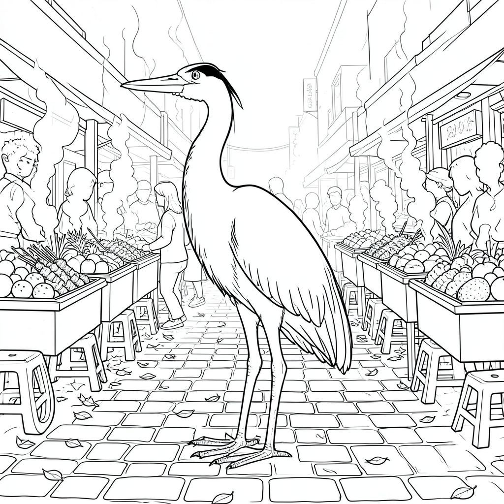 , tuân thủ nghiêm ngặt các thông số kỹ thuật của bạn. Mô tả hình ảnh: Hình ảnh là một bản vẽ đường màu trắng, rõ ràng của một con Diệc đơn, lớn, bóng bẩy. Nó chiếm ưu thế ở trung tâm của khung hình, được đặt hơi lệch tâm để tạo cảm giác có chiều sâu. Diệc hơi quay mặt sang trái, đầu hơi hướng lên trên, mang lại vẻ cảnh giác, hơi cảnh giác. Tư thế của nó tự tin và hơi cong, gợi ý một khoảnh khắc tĩnh lặng hoặc quan sát.

Bối cảnh là một khu chợ thức ăn đường phố ngoài trời đông đúc, nhộn nhịp. Đó là một cảnh hỗn loạn nhưng được kết xuất tỉ mỉ. Những hàng xe đẩy rực rỡ được nhồi nhét vào nhau, tràn ngập thức ăn bốc hơi - xiên thịt nướng, rau, bánh ngọt và trái cây lấp lánh. Khói bốc lên từ nhiều vỉ nướng, tạo ra một bầu không khí ấm áp, mờ mịt. Mặt đất là một mảng chắp vá của đá cuội và đất chật chội, với những chiếc lá rụng rải rác và những chiếc ghế nhựa nhỏ, rực rỡ. Một vài người đang đi xung quanh, một phần bị che khuất bởi chuyển động của các quầy hàng. Ấn tượng tổng thể là một trong những năng lượng và trải nghiệm giác quan hơi choáng ngợp. Hơi khuếch tán, gợi ý một buổi chiều u ám. Có những phản chiếu tinh tế trên những viên đá cuội, bắt được . Góc nhìn hơi thấp, nhìn lên Diệc. Phân tích chi tiết - Các yếu tố & cân nhắc: * * A , tắt tiếng - bóng tối hơn một chút so với .  * Cơ thể của Diệc thon dài và hợp lý, với tư thế mạnh mẽ, hơi ngoằn ngoèo. Hệ cơ bắp được xác định một cách tinh tế.  * Đầu lớn, có cấu hình hơi dẹt. Đôi mắt nhỏ, và tập trung. Mỏ được xác định rõ ràng. Có một đường cong tinh tế ở đầu, gợi ý về một phong độ hơi vương giả.  * Đuôi dài và dày, a, bóng. Nó hơi cong lên trên, cung cấp một đối trọng tinh tế cho cơ thể của Diệc. Một gợn sóng nhỏ, tinh tế trên lông đuôi sẽ làm tăng thêm tính chân thực.  * Giải phẫu của Diệc được thể hiện cẩn thận - đường cong tinh tế của cổ, góc nhẹ của chân, kết cấu da mịn màng. Không có xương hoặc khớp có thể nhìn thấy được.  * Da được hiển thị với kết cấu tinh tế - chất lượng hạt nhẹ, cho thấy bề mặt hơi thô ráp.  * * Chủ yếu là tông màu ấm - cam, đỏ, vàng, nâu và xanh lá cây.  * Mật độ của các quầy hàng và thức ăn cố tình cao, tạo cảm giác có chiều sâu và chuyển động.  * Các hình ảnh nhỏ, cách điệu của các mặt hàng thực phẩm - xiên thịt, rau, trái cây và bánh ngọt - nằm rải rác khắp cảnh. Khói từ vỉ nướng được thể hiện bằng các đường viền tinh tế, mờ mịt của và.  * Đá cuội có kết cấu hơi không đồng đều, với những thay đổi nhỏ về màu sắc và bóng râm. Một vài chiếc lá rải rác được thêm vào để tạo sự quan tâm trực quan.  * Mềm mại, khuếch tán đến từ bên trái, tạo ra các điểm sáng và bóng nhấn mạnh kết cấu của cảnh.  * * Các đường cực kỳ mỏng, gần như không thể nhận thấy. Mỗi đường được vẽ chính xác.  * Các thay đổi tinh tế về độ dày của dòng để tạo cảm giác về khối lượng và chiều sâu.  * Hoàn toàn không đổ bóng. Toàn bộ hình ảnh được hiển thị bằng màu trắng.  * Không có bất kỳ màu nào lấp đầy. Màu trắng là màu duy nhất.  * Hậu cảnh cố tình trống rỗng, tập trung sự chú ý của người xem hoàn toàn vào Diệc. Bầu Không Khí Tổng Quát: Ảnh nhằm mục đích gợi lên cảm giác về một môi trường đô thị bận rộn và hơi hỗn loạn. Đó là một nghiên cứu hoàn toàn trái ngược - sự hiện diện mạnh mẽ, đơn độc của Heron chống lại hoạt động đông đúc của chợ thức ăn đường phố.

---

Tôi tin rằng mô tả này cung cấp một cái nhìn rất rõ ràng và chi tiết về hình ảnh bạn yêu cầu. Bạn có muốn tôi tinh chỉnh bất kỳ khía cạnh nào của điều này không, hoặc có thể cung cấp một cách tiếp cận hơi khác cho bố cục hoặc nền?, tô màu, nghệ thuật đường nét, nền trắng