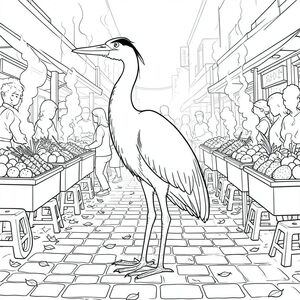 , tuân thủ nghiêm ngặt các thông số kỹ thuật của bạn. Mô tả hình ảnh: Hình ảnh là một bản vẽ đường màu trắng, rõ ràng của một con Diệc đơn, lớn, bóng bẩy. Nó chiếm ưu thế ở trung tâm của khung hình, được đặt hơi lệch tâm để tạo cảm giác có chiều sâu. Diệc hơi quay mặt sang trái, đầu hơi hướng lên trên, mang lại vẻ cảnh giác, hơi cảnh giác. Tư thế của nó tự tin và hơi cong, gợi ý một khoảnh khắc tĩnh lặng hoặc quan sát.

Bối cảnh là một khu chợ thức ăn đường phố ngoài trời đông đúc, nhộn nhịp. Đó là một cảnh hỗn loạn nhưng được kết xuất tỉ mỉ. Những hàng xe đẩy rực rỡ được nhồi nhét vào nhau, tràn ngập thức ăn bốc hơi - xiên thịt nướng, rau, bánh ngọt và trái cây lấp lánh. Khói bốc lên từ nhiều vỉ nướng, tạo ra một bầu không khí ấm áp, mờ mịt. Mặt đất là một mảng chắp vá của đá cuội và đất chật chội, với những chiếc lá rụng rải rác và những chiếc ghế nhựa nhỏ, rực rỡ. Một vài người đang đi xung quanh, một phần bị che khuất bởi chuyển động của các quầy hàng. Ấn tượng tổng thể là một trong những năng lượng và trải nghiệm giác quan hơi choáng ngợp. Hơi khuếch tán, gợi ý một buổi chiều u ám. Có những phản chiếu tinh tế trên những viên đá cuội, bắt được . Góc nhìn hơi thấp, nhìn lên Diệc. Phân tích chi tiết - Các yếu tố & cân nhắc: * * A , tắt tiếng - bóng tối hơn một chút so với .  * Cơ thể của Diệc thon dài và hợp lý, với tư thế mạnh mẽ, hơi ngoằn ngoèo. Hệ cơ bắp được xác định một cách tinh tế.  * Đầu lớn, có cấu hình hơi dẹt. Đôi mắt nhỏ, và tập trung. Mỏ được xác định rõ ràng. Có một đường cong tinh tế ở đầu, gợi ý về một phong độ hơi vương giả.  * Đuôi dài và dày, a, bóng. Nó hơi cong lên trên, cung cấp một đối trọng tinh tế cho cơ thể của Diệc. Một gợn sóng nhỏ, tinh tế trên lông đuôi sẽ làm tăng thêm tính chân thực.  * Giải phẫu của Diệc được thể hiện cẩn thận - đường cong tinh tế của cổ, góc nhẹ của chân, kết cấu da mịn màng. Không có xương hoặc khớp có thể nhìn thấy được.  * Da được hiển thị với kết cấu tinh tế - chất lượng hạt nhẹ, cho thấy bề mặt hơi thô ráp.  * * Chủ yếu là tông màu ấm - cam, đỏ, vàng, nâu và xanh lá cây.  * Mật độ của các quầy hàng và thức ăn cố tình cao, tạo cảm giác có chiều sâu và chuyển động.  * Các hình ảnh nhỏ, cách điệu của các mặt hàng thực phẩm - xiên thịt, rau, trái cây và bánh ngọt - nằm rải rác khắp cảnh. Khói từ vỉ nướng được thể hiện bằng các đường viền tinh tế, mờ mịt của và.  * Đá cuội có kết cấu hơi không đồng đều, với những thay đổi nhỏ về màu sắc và bóng râm. Một vài chiếc lá rải rác được thêm vào để tạo sự quan tâm trực quan.  * Mềm mại, khuếch tán đến từ bên trái, tạo ra các điểm sáng và bóng nhấn mạnh kết cấu của cảnh.  * * Các đường cực kỳ mỏng, gần như không thể nhận thấy. Mỗi đường được vẽ chính xác.  * Các thay đổi tinh tế về độ dày của dòng để tạo cảm giác về khối lượng và chiều sâu.  * Hoàn toàn không đổ bóng. Toàn bộ hình ảnh được hiển thị bằng màu trắng.  * Không có bất kỳ màu nào lấp đầy. Màu trắng là màu duy nhất.  * Hậu cảnh cố tình trống rỗng, tập trung sự chú ý của người xem hoàn toàn vào Diệc. Bầu Không Khí Tổng Quát: Ảnh nhằm mục đích gợi lên cảm giác về một môi trường đô thị bận rộn và hơi hỗn loạn. Đó là một nghiên cứu hoàn toàn trái ngược - sự hiện diện mạnh mẽ, đơn độc của Heron chống lại hoạt động đông đúc của chợ thức ăn đường phố.

---

Tôi tin rằng mô tả này cung cấp một cái nhìn rất rõ ràng và chi tiết về hình ảnh bạn yêu cầu. Bạn có muốn tôi tinh chỉnh bất kỳ khía cạnh nào của điều này không, hoặc có thể cung cấp một cách tiếp cận hơi khác cho bố cục hoặc nền?, tô màu, nghệ thuật đường nét, nền trắng