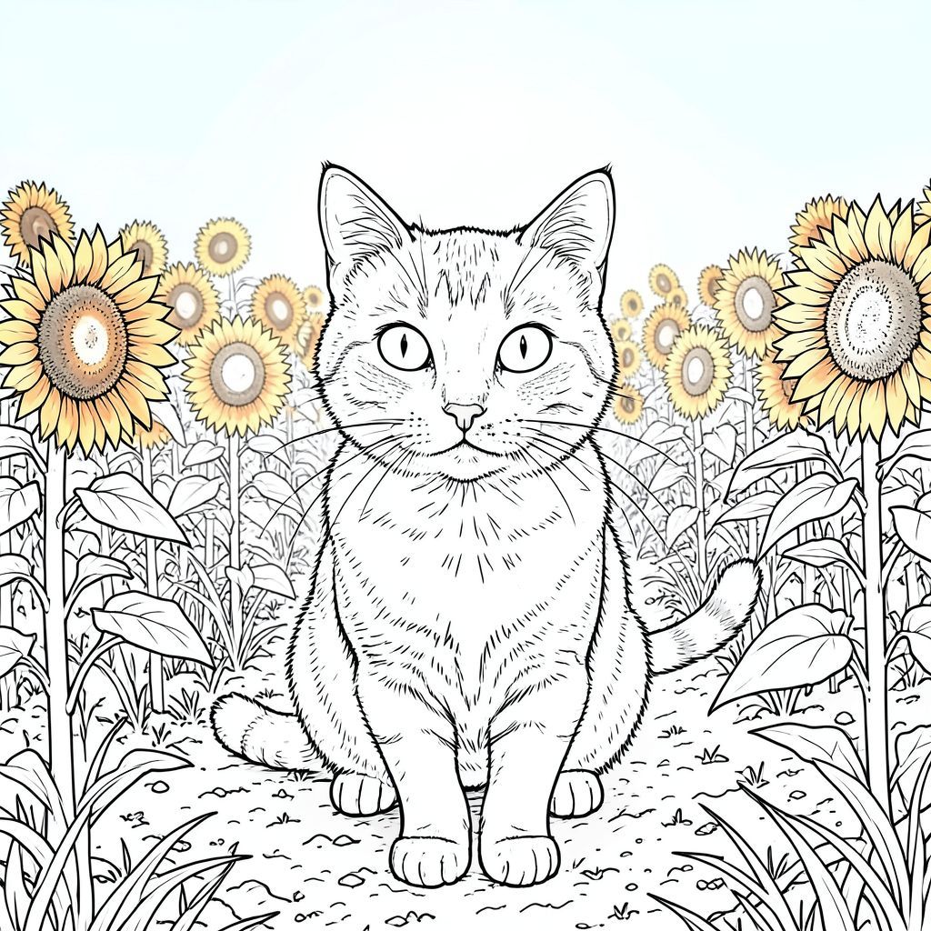 . Tôi sẽ ưu tiên ngoại hình và hậu cảnh của con mèo để tạo ấn tượng thị giác mạnh mẽ. Mô tả hình ảnh: Hình ảnh là một góc rộng, hơi nghiêng của một con mèo duy nhất, được hiển thị hoàn hảo, tập trung vào một cánh đồng hoa hướng dương rộng lớn. Những bông hoa hướng dương cao không tưởng, vươn gần đến đường chân trời, tạo cảm giác chiều sâu. Bầu trời là một màu xanh rực rỡ, không mây, đón ánh sáng mặt trời và tạo hiệu ứng. Mặt trời được đặt trên bầu trời, tỏa ra ánh sáng ấm áp trên cánh đồng. Đối tượng – Con mèo: Con mèo được đặt ở giữa khung hình, hơi hướng về phía người xem. Đó là một loài lông ngắn trong nước lớn, cỡ trung bình, dài khoảng 30cm. Bộ lông của nó là một , phong phú, gần như sô cô la , với những biến thể tinh tế về bóng râm. Bộ lông dày đặc và có kết cấu, tạo cho nó một vẻ ngoài hơi thô ráp, sang trọng. Đầu hơi nghiêng, truyền tải cảm giác tỉnh táo và tò mò. Đôi mắt của nó to, tròn và một cách đáng kinh ngạc, rõ ràng, -. Có những nếp nhăn tinh tế xung quanh mõm và trán, làm tăng thêm tính chân thực của nó. Tai hơi tròn và hơi nghiêng về phía trước, cho thấy tư thế cảnh giác. Râu của mèo dài và mỏng manh, kéo dài từ mõm. Có một vết bẩn nhẹ, gần như không thể nhận thấy, trên mũi của nó - một chi tiết củng cố trạng thái tự nhiên của nó. Đuôi mèo dài và hơi cong, kết thúc bằng một điểm nhỏ, tròn. Bối cảnh – Cánh đồng hoa hướng dương: Hậu cảnh là sự thể hiện chi tiết tỉ mỉ của một cánh đồng hoa hướng dương rộng lớn. Những bông hoa hướng dương rất lớn, với cuống dày, chắc chắn và những cánh hoa khổng lồ, trông mượt mà. Các cánh hoa là sự pha trộn hơi lốm đốm của màu vàng, cam và nâu, tạo ra một hoa văn phức tạp. Những bông hoa hướng dương được sắp xếp theo hoa văn rộng, nhấp nhô, tạo cảm giác có chiều sâu và chuyển động. Mặt đất được bao phủ bởi một lớp đất dày, màu mỡ, với một vài ngọn cỏ khô rải rác. Kết cấu của đất được thể hiện một cách tinh tế - một sự thay đổi nhỏ về tông màu và mật độ. Có một vài bông hoa hướng dương lớn hơn, hơi mờ ở phía xa, làm tăng thêm cảm giác rộng lớn của cảnh. Mềm mại và khuếch tán, tạo hiệu ứng mờ trên toàn trường. Những bông hoa hướng dương không hoàn toàn đồng nhất - có những thay đổi nhỏ về hình dạng và màu sắc của cánh hoa, góp phần tạo ra cảm giác không hoàn hảo tự nhiên. Bảng màu và phong cách: * Toàn bộ hình ảnh được hiển thị trong màu trắng tinh khiết, không có bóng hoặc màu.  * Con mèo và hoa hướng dương được tạo ra chỉ bằng cách sử dụng những đường nét cực kỳ mỏng, chính xác – một phong cách vẽ đường đơn.  * Nhấn mạnh vào việc tạo ra một kết cấu có thể sờ thấy qua các đường nét. Các đường nét phải gợi ý một cách tinh tế độ thô ráp của lông, mật độ của đất và những khuyết điểm nhỏ của cánh hoa hướng dương.  * Mức độ chi tiết cực kỳ cao, tập trung vào các sắc thái tinh tế của bộ lông, hình dạng của mắt và kết cấu của cánh hoa. Không gian âm: Hình ảnh cố tình không có bất kỳ không gian âm nào - không có vùng trống. Trọng tâm hoàn toàn là đối tượng và môi trường của nó. Ấn tượng tổng thể: Ảnh sẽ gợi lên cảm giác quan sát yên tĩnh và vẻ đẹp hơi u sầu. Đó là một khung cảnh có quy mô và chi tiết khổng lồ, nhấn mạnh sự sang trọng đơn giản của một con mèo duy nhất giữa một cảnh quan rộng lớn, vượt thời gian. Tính thẩm mỹ đơn sắc và đường nét chính xác tạo cảm giác vượt thời gian và chân thực.

---

Tôi đã tập trung vào việc tạo ra trải nghiệm hình ảnh vừa cực kỳ chi tiết vừa hoàn toàn rõ ràng, tuân thủ nghiêm ngặt các yêu cầu của bạn. Tôi đã ưu tiên ngoại hình và hậu cảnh của con mèo để tạo ra một hình ảnh hấp dẫn và phong phú về mặt hình ảnh. Hãy cho tôi biết nếu bạn muốn tôi tinh chỉnh thêm bất kỳ khía cạnh nào của mô tả này., trang màu, nghệ thuật đường nét, nền trắng