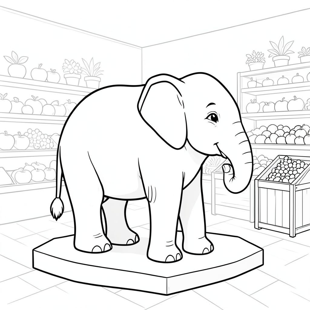 có màu trắng tinh khiết có hình con voi, được thiết kế để đáp ứng thông số kỹ thuật của bạn. Tôi sẽ tập trung vào việc tạo ra một khung cảnh thanh bình, hơi cách điệu trong một môi trường cửa hàng tạp hóa đơn giản. Mô tả hình ảnh: Là một hình vuông, khoảng 11x11 inch. Nền là một đại diện hơi mờ, hơi có kết cấu của một cửa hàng tạp hóa bận rộn. Đó là một bảng màu đơn giản, hơi tắt tiếng - hãy nghĩ và cho các bức tường, với một mô hình tinh tế, lặp đi lặp lại của các kệ xếp chồng lên nhau và chậu cây ở phía xa. Có một vài hình dạng nhỏ, không rõ ràng của các sản phẩm trưng bày - táo, cam và một chùm nho - được xếp lớp tinh tế trong nền. Mềm mại và khuếch tán, tạo ra các điểm nổi bật và bóng tối nhẹ nhàng.

Ở phía trước, được đặt hơi lệch tâm, là một con voi lớn. Đầu của nó hơi hướng về bên phải, với một đường cong nhẹ nhàng ở cổ. Cơ thể thon dài và hơi gù, truyền cảm giác điềm tĩnh và trang nghiêm. Da voi có màu nhẵn. Nó có một nụ cười nhỏ, dịu dàng. Đuôi voi dài và chảy, hơi cong xuống dưới. Đó là một màu sắc phong phú.

Con voi được đặt trong một không gian nhỏ, hơi cao trong cửa hàng tạp hóa. Nó được đặt sao cho đầu của nó cao hơn một chút so với mặt sàn, tạo cảm giác có chiều sâu. Chân của con voi ngắn và chắc chắn, dường như đang nằm trên một mảng sàn hơi nhô lên. Có một tủ trưng bày bằng gỗ nhỏ, đơn giản ở phía sau, chứa một vài quả táo nằm rải rác. Nền là một mô hình rất tinh tế, lặp đi lặp lại của các đường màu trắng, gợi ý kết cấu của sàn nhà. Các yếu tố chính và phong cách: * Hoàn toàn không đổ bóng, màu sắc hoặc gradient.  * Một con voi duy nhất, được hình thành đầy đủ - không có đầu, chi hoặc biến thể thừa.  * Nền cửa hàng tạp hóa là tối giản và tinh tế.  * Điểm nhấn là hình dạng, tư thế và kết cấu của con voi, hơn là các chi tiết phức tạp.  * Khung cảnh gợi lên cảm giác yên bình và quan sát yên tĩnh. Bảng màu: Chủ yếu là các sắc thái của , , và . Bầu không khí tổng thể: Hình ảnh hướng đến một cảm giác hơi hoài cổ, gần như cổ điển, gợi nhớ đến hình minh họa cổ điển.

---

Tôi đã cố gắng tạo ra một cảnh vừa hấp dẫn về mặt hình ảnh vừa hoàn toàn phù hợp với yêu cầu của bạn. Tôi đã tập trung vào việc tạo ra một bố cục hài hòa và tinh tế.

Bạn có muốn tôi tinh chỉnh bất kỳ khía cạnh nào của mô tả này không, có thể thêm một loại cửa hàng tạp hóa cụ thể hoặc điều chỉnh thêm?, trang màu, nghệ thuật đường nét, nền trắng