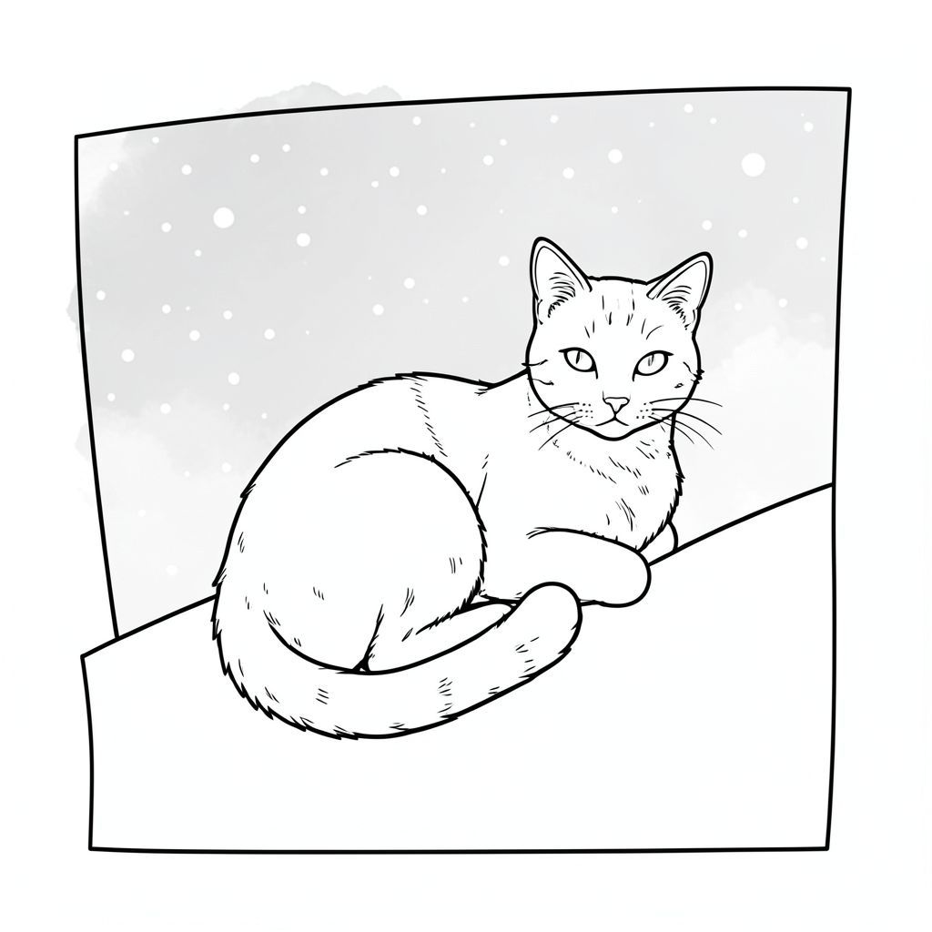 . Tôi sẽ ưu tiên động vật và môi trường để tạo ra hiệu ứng êm dịu. Mô tả: Là một hình chữ nhật lớn, hơi nghiêng. Nền là một nền mềm mại, im lặng, - hãy nghĩ đến một bầu trời rất, bị rửa trôi. Đó là một gradient đơn giản, hơi mờ, giống như một bản rửa màu nước, không phải là một hình ảnh chi tiết. Có một mô hình rất tinh tế, gần như không thể nhận thấy, của những chấm trắng nhỏ nằm rải rác trên , giống như những đám mây xa xôi. Hậu cảnh không phải là một phong cảnh bận rộn, chỉ là một làn nước nhẹ nhàng, êm dịu.

Ở trung tâm của, một con mèo mướp duy nhất, bóng bẩy, được định vị. Nó cuộn tròn thoải mái, gần như nép mình trong một phần hơi nhô lên, hơi góc cạnh của nền. Con mèo hơi quay mặt sang phải, quay đầu về phía người xem. Bộ lông của nó hơi có kết cấu, lông ngắn , với những điểm nổi bật tinh tế mang lại cho nó vẻ ngoài mềm mại, gần như mượt như nhung. Nó có một biểu hiện nhỏ, nhẹ nhàng - một chút mãn nguyện. Đuôi mèo dài và hơi cong, hướng lên trên.

Cơ thể của mèo được sắp xếp hợp lý và thanh lịch, nhấn mạnh hình dáng của nó. Đó là một hình bóng đơn giản, thanh lịch, không chi tiết. Con mèo được định vị sao cho nó là tiêu điểm của tệp .

Toàn bộ là một tinh khiết, không trang trí và trắng. Không có gradient, đổ bóng hoặc tô màu. Nội thất màu trắng của nền là một rất, gần như mờ, tạo cảm giác rộng rãi. Con mèo được đặt sao cho phần bên trong màu trắng của nền có thể nhìn thấy một chút, tạo ra sự tương phản nhẹ nhàng. Các yếu tố chính được nhấn mạnh: * Trọng tâm hoàn toàn là con mèo.  * Nền là tối thiểu - mềm mại, tắt tiếng.  * Hoàn toàn không đổ bóng, màu sắc hoặc độ dốc.  * Nền nhẹ nhàng và tư thế của mèo được thiết kế để gợi lên cảm giác yên bình và tĩnh lặng.

---

Tôi đã tập trung vào việc tạo ấn tượng thị giác về sự thanh thản và tĩnh lặng, phản ánh yêu cầu về một khung cảnh yên bình. Hãy cho tôi biết nếu bạn muốn tôi tinh chỉnh bất kỳ khía cạnh nào của mô tả này hoặc thêm chi tiết!, trang màu, nghệ thuật đường nét, nền trắng