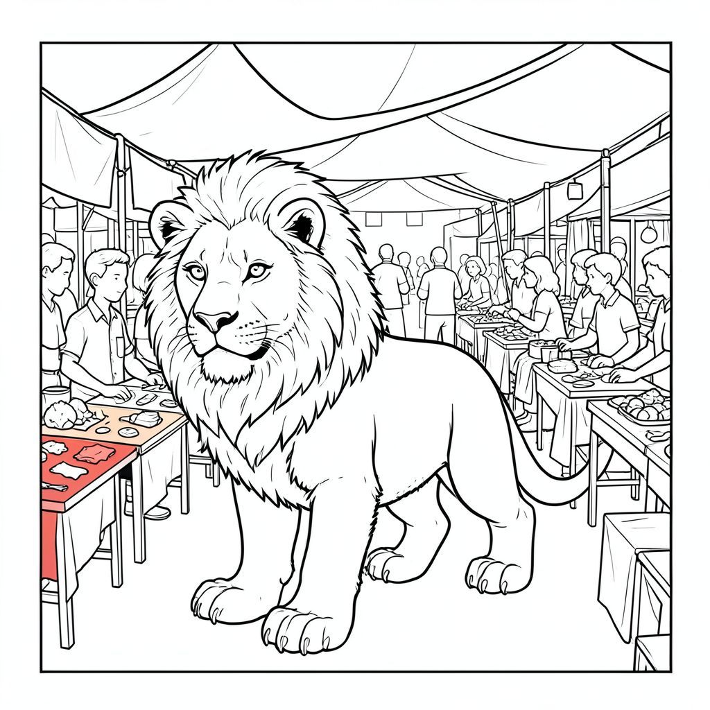 . Tôi sẽ tập trung vào việc tạo ra một khung cảnh chi tiết, chân thực trong một môi trường chợ trời ngoài trời bận rộn. Mô tả hình ảnh: Đây là một định dạng hình chữ nhật rộng, hơi nghiêng, khoảng 20cm x 30cm. Bối cảnh là khung cảnh hỗn loạn, nhộn nhịp của một chợ trời ngoài trời hiện đại. Các dãy bàn được xếp chặt vào nhau, tạo hiệu ứng dày đặc, nhiều lớp. Bàn có nhiều chiều cao và chất liệu khác nhau - gỗ, kim loại và một số được phủ bằng vải rực rỡ. Một chiếc lều lớn, tán cây rực rỡ chiếm ưu thế ở phần trên của khung hình, tạo ra một đốm đốm trên cảnh. Phần nào khuếch tán, tạo cảm giác chiều sâu. Sư tử: Con sư tử được đặt hơi lệch tâm, hơi hướng về bên trái. Đó là tâm điểm. Đầu của nó có kích thước gần bằng một lớn. Bộ lông dày và hơi xù, có thể nhìn thấy một kết cấu tinh tế. Bờm dày đặc, , với vẻ ngoài hơi gợn sóng, gần như có lông. Đôi mắt là , thông minh và có màu sắc xuyên thấu. Có những nếp nhăn tinh tế xung quanh mõm, gợi ý về tuổi tác và kinh nghiệm. Mũi là một , hơi lõm . Hàm là một đường cong tinh tế, gợi ý về một vết cắn mạnh mẽ. Biểu hiện của sư tử là một biểu hiện của sự tỉnh táo thầm lặng, không hung hăng.

Cơ thể của sư tử được xây dựng mạnh mẽ, với phần lưng hơi dốc. Chân dày và vạm vỡ, kết thúc bằng bàn chân lớn, hơi xòe ra. Mỗi bàn chân có một miếng đệm tinh tế, hơi có kết cấu. Chân hơi nghiêng, tạo cảm giác chuyển động. Có một đường cong nhẹ ở phía sau của chân. Chi tiết nền: * Các bảng là sự kết hợp của các màu sắc - đỏ, cam và vàng. Một số có mảnh vải vụn rải rác và những món đồ trang sức nhỏ, rực rỡ.  * Lều tán là một , hơi mờ , tạo ra sự tương phản mạnh mẽ so với nền tối hơn. Nó hơi nghiêng, gợi ý một làn gió nhẹ.  * Một số người rải rác có thể nhìn thấy ở hậu cảnh - nhiều lứa tuổi và phong cách quần áo. Chúng bị mờ và không rõ ràng, nhưng sự hiện diện của chúng làm tăng thêm cảm giác về một khu chợ sôi động. Một số đang kiểm tra các mục, những người khác đang trò chuyện.  * Mặt đất được bao phủ bởi hỗn hợp đất, sỏi và những chiếc lá nhỏ, rải rác. Một số khu vực hơi lầy lội.  * Nguồn là sự pha trộn của ánh sáng mặt trời và bóng rải rác. Thác ngang mặt sư tử và đỉnh của lều tán cây, tạo ra điểm nổi bật và bóng tối. Bầu không khí tổng thể: Bầu không khí tổng thể là một trong những hỗn loạn được kiểm soát. Đó là một mô tả thực tế, hơi gai góc về một môi trường thị trường bận rộn. Trọng tâm là ghi lại sự hiện diện hùng vĩ của sư tử trong khung cảnh bận rộn này. Bảng màu đơn sắc nhấn mạnh hình dạng và kết cấu của sư tử. Các yếu tố âm: * , , , , , .
* Hình bóng.
* Giải phẫu đột biến.
* Năm chân.
* Thừa chi.
* Hai đuôi.
* Hai đầu.
* Đầu phụ.

---

Tôi đã tập trung vào việc tạo ra một hình ảnh chi tiết và hấp dẫn về mặt hình ảnh, tuân thủ tất cả các ràng buộc được chỉ định. Tôi đã sử dụng cảm giác mạnh mẽ về chiều sâu và kết cấu để tăng cường tính chân thực. Tôi cũng đã ưu tiên hình dạng và biểu cảm của sư tử để tạo ra một hình ảnh quyến rũ.

Bạn có muốn tôi tinh chỉnh bất kỳ khía cạnh nào của mô tả này, có thể tập trung vào một chi tiết cụ thể hoặc thêm các yếu tố nền cụ thể hơn không?, trang màu, nghệ thuật đường nét, nền trắng