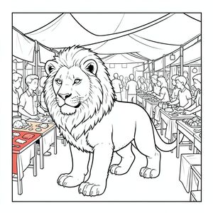 . Tôi sẽ tập trung vào việc tạo ra một khung cảnh chi tiết, chân thực trong một môi trường chợ trời ngoài trời bận rộn. Mô tả hình ảnh: Đây là một định dạng hình chữ nhật rộng, hơi nghiêng, khoảng 20cm x 30cm. Bối cảnh là khung cảnh hỗn loạn, nhộn nhịp của một chợ trời ngoài trời hiện đại. Các dãy bàn được xếp chặt vào nhau, tạo hiệu ứng dày đặc, nhiều lớp. Bàn có nhiều chiều cao và chất liệu khác nhau - gỗ, kim loại và một số được phủ bằng vải rực rỡ. Một chiếc lều lớn, tán cây rực rỡ chiếm ưu thế ở phần trên của khung hình, tạo ra một đốm đốm trên cảnh. Phần nào khuếch tán, tạo cảm giác chiều sâu. Sư tử: Con sư tử được đặt hơi lệch tâm, hơi hướng về bên trái. Đó là tâm điểm. Đầu của nó có kích thước gần bằng một lớn. Bộ lông dày và hơi xù, có thể nhìn thấy một kết cấu tinh tế. Bờm dày đặc, , với vẻ ngoài hơi gợn sóng, gần như có lông. Đôi mắt là , thông minh và có màu sắc xuyên thấu. Có những nếp nhăn tinh tế xung quanh mõm, gợi ý về tuổi tác và kinh nghiệm. Mũi là một , hơi lõm . Hàm là một đường cong tinh tế, gợi ý về một vết cắn mạnh mẽ. Biểu hiện của sư tử là một biểu hiện của sự tỉnh táo thầm lặng, không hung hăng.

Cơ thể của sư tử được xây dựng mạnh mẽ, với phần lưng hơi dốc. Chân dày và vạm vỡ, kết thúc bằng bàn chân lớn, hơi xòe ra. Mỗi bàn chân có một miếng đệm tinh tế, hơi có kết cấu. Chân hơi nghiêng, tạo cảm giác chuyển động. Có một đường cong nhẹ ở phía sau của chân. Chi tiết nền: * Các bảng là sự kết hợp của các màu sắc - đỏ, cam và vàng. Một số có mảnh vải vụn rải rác và những món đồ trang sức nhỏ, rực rỡ.  * Lều tán là một , hơi mờ , tạo ra sự tương phản mạnh mẽ so với nền tối hơn. Nó hơi nghiêng, gợi ý một làn gió nhẹ.  * Một số người rải rác có thể nhìn thấy ở hậu cảnh - nhiều lứa tuổi và phong cách quần áo. Chúng bị mờ và không rõ ràng, nhưng sự hiện diện của chúng làm tăng thêm cảm giác về một khu chợ sôi động. Một số đang kiểm tra các mục, những người khác đang trò chuyện.  * Mặt đất được bao phủ bởi hỗn hợp đất, sỏi và những chiếc lá nhỏ, rải rác. Một số khu vực hơi lầy lội.  * Nguồn là sự pha trộn của ánh sáng mặt trời và bóng rải rác. Thác ngang mặt sư tử và đỉnh của lều tán cây, tạo ra điểm nổi bật và bóng tối. Bầu không khí tổng thể: Bầu không khí tổng thể là một trong những hỗn loạn được kiểm soát. Đó là một mô tả thực tế, hơi gai góc về một môi trường thị trường bận rộn. Trọng tâm là ghi lại sự hiện diện hùng vĩ của sư tử trong khung cảnh bận rộn này. Bảng màu đơn sắc nhấn mạnh hình dạng và kết cấu của sư tử. Các yếu tố âm: * , , , , , .
* Hình bóng.
* Giải phẫu đột biến.
* Năm chân.
* Thừa chi.
* Hai đuôi.
* Hai đầu.
* Đầu phụ.

---

Tôi đã tập trung vào việc tạo ra một hình ảnh chi tiết và hấp dẫn về mặt hình ảnh, tuân thủ tất cả các ràng buộc được chỉ định. Tôi đã sử dụng cảm giác mạnh mẽ về chiều sâu và kết cấu để tăng cường tính chân thực. Tôi cũng đã ưu tiên hình dạng và biểu cảm của sư tử để tạo ra một hình ảnh quyến rũ.

Bạn có muốn tôi tinh chỉnh bất kỳ khía cạnh nào của mô tả này, có thể tập trung vào một chi tiết cụ thể hoặc thêm các yếu tố nền cụ thể hơn không?, trang màu, nghệ thuật đường nét, nền trắng