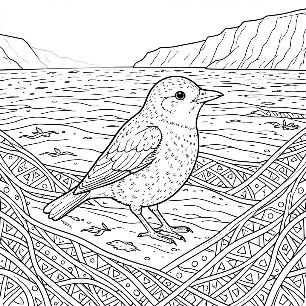 của màu PURE AND WHITE, kết hợp các thông số kỹ thuật của bạn. Tôi sẽ tập trung vào việc tạo ra một cảnh chi tiết, hấp dẫn mà không có bất kỳ bóng mờ hay màu sắc nào. Mô tả hình ảnh: Hình ảnh là một mô hình Zentangle được đóng gói chặt chẽ, gần như ám ảnh. Nó xoay quanh một con chim duy nhất, được kết xuất hoàn hảo. Con chim được đặt hơi lệch tâm, đầu nghiêng về phía người xem, mang lại cảm giác cảnh giác. Nó hơi hướng về bên phải, với độ nghiêng tinh tế về phía đầu. Phân tích cảnh chi tiết: * Hậu cảnh là một vùng cát ướt rộng lớn, hơi nhấp nhô. Nó không phải là một bề mặt nhẵn, đồng nhất; Có những gợn sóng tinh tế và sự thay đổi về kết cấu, gợi ý một làn gió nhẹ. Cát có màu trầm, có ánh sáng nhẹ phản chiếu bầu trời u ám. Một vài cụm rong biển nhỏ, gần như không thể nhận thấy, nằm rải rác trên cát. Có một đường rất mờ nhạt, mờ ảo đại diện cho một mặt vách đá ở phía xa, ở hậu cảnh phía xa. Ấn tượng chung là một bãi biển hơi ẩm ướt ven biển.  * Con chim là một loài chim biển nhỏ. Bộ lông của nó có kết cấu tinh tế - những mảng nhỏ, không đều màu sẫm hơn và a , gần như trên ngực và cánh trên của nó. Mỏ là một sắc nhọn, . Mắt là một, tập trung . Con chim hơi hướng về bên phải, với đôi cánh hơi nghiêng xuống dưới. Tư thế của nó cảnh giác và hơi đĩnh đạc, cho thấy nó đang khảo sát môi trường xung quanh. Con chim có kích thước gần bằng một con chim đỏ.  * Toàn bộ hình ảnh được bao phủ bởi một mô hình dày đặc, phức tạp của các đường lồng vào nhau. Các đường không đồng nhất; Chúng khác nhau về độ dày và hướng, tạo ra một hiệu ứng phức tạp, nhiều lớp. Có những họa tiết nhỏ, lặp đi lặp lại - hình tam giác và hình chữ nhật nhỏ, hơi dài - nằm rải rác khắp hoa văn. Các đường nét chủ yếu là thẳng, nhưng có những đường cong và góc cạnh tinh tế, tạo cảm giác có chiều sâu và chuyển động. Mật độ tổng thể của hoa văn là cực kỳ cao, gần như là một đại diện xúc giác của con chim. Có những 'bong bóng' màu trắng nhỏ, gần như vô hình, bên trong các đường nét, làm tăng thêm sự phức tạp.   không* có bóng râm. Không có độ dốc, vùng sáng hoặc bóng tối. Các đường thẳng hoàn hảo và cách đều nhau. Bầu Không Khí Tổng Quát: Ảnh gợi lên cảm giác quan sát yên tĩnh và vẻ đẹp hơi u sầu. Bản chất đơn sắc, rõ ràng của hoa văn nhấn mạnh sự hiện diện đơn độc của loài chim.

---

Tôi đã tập trung vào việc tạo ra một hình ảnh hấp dẫn về mặt hình ảnh và đòi hỏi kỹ thuật, tuân thủ nghiêm ngặt các thông số kỹ thuật của bạn. Tôi đã ưu tiên tính thẩm mỹ tổng thể và cảm giác của một cảnh chi tiết, phức tạp, mà không thêm bất kỳ yếu tố không liên quan nào. Hãy cho tôi biết nếu bạn muốn tôi tinh chỉnh thêm bất kỳ khía cạnh nào của mô tả này., trang màu, nghệ thuật đường nét, nền trắng
