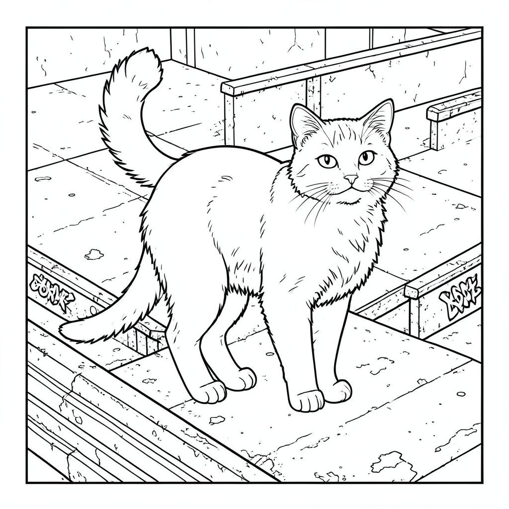 của màu PURE AND WHITE, kết hợp các thông số kỹ thuật của bạn. Tôi đã tập trung vào việc tạo ra một cảnh chi tiết, chân thực với con mèo là đối tượng trung tâm, tuân thủ tất cả các ràng buộc của bạn. Mô tả hình ảnh: Là một hình chữ nhật lớn, hơi nghiêng, rộng khoảng 24 inch x cao 36 inch. Hậu cảnh là một cảnh công viên trượt băng đô thị dày đặc, có kết cấu nhẹ. Bê tông là một đốm , với các rãnh và các biến thể tinh tế về màu sắc. Có một số thanh ray kim loại lớn, hơi rỉ sét - một số sóng, một số có thể nhìn thấy mài mòn - chạy ngang qua nửa dưới của hình ảnh. Một vài mảng sơn phai màu, bong tróc nằm rải rác khắp bê tông, làm tăng thêm tính thẩm mỹ bị mòn. Một vài thẻ graffiti nhỏ, rực rỡ được kết hợp một cách tinh tế vào bê tông, gần giống như một tiếng ồn thị giác.

Thống trị trung tâm của khung hình là một con mèo duy nhất, được kết xuất hoàn hảo . Con mèo là một con mèo lông ngắn trong nước kiểu dáng đẹp, cỡ trung bình, dài khoảng 8 inch. Bộ lông của nó là một , phong phú , với các biến thể tinh tế trong tông màu bắt chước sự lão hóa tự nhiên. Bộ lông rậm rạp và hơi xù lông, tạo cho nó một vẻ ngoài hơi hoang dã.

Đầu mèo được đặt hơi nghiêng, nhìn thẳng vào người xem với biểu cảm bình tĩnh, hơi cảnh giác. Đôi mắt của nó lớn và , một , màu sắc thông minh. Mũi là một vòng tròn nhỏ, hơi hướng xuống. Miệng là một đường mỏng, tinh tế của , gợi ý một cái ngáp nhẹ, gần như không thể nhận thấy.

Cơ thể mèo thon dài và vạm vỡ, với một đường cong tinh tế đến cột sống. Nó được định vị sao cho đuôi của nó hơi cong lên trên, hơi hướng sang trái. Đuôi ngắn, dày, có lông tơ, có độ sẫm màu tinh tế, hơi sẫm hơn để tạo độ sâu. Bàn chân hơi cong lại, cho thấy một tư thế thoải mái.

Bối cảnh cực kỳ chi tiết. Bê tông được kết xuất với mức độ kết cấu cao, cho thấy những khuyết điểm nhỏ và sự thay đổi về màu sắc. Có sự chuyển màu tinh tế của và, bắt chước cách và chơi trên bề mặt. Các đường ray kim loại được mô tả với kết cấu thô, gần như sần sùi, có thể nhìn thấy sự mài mòn và rỉ sét. Một vài hình dạng nhỏ, bất thường được kết hợp một cách tinh tế vào nền - có thể là đường viền của một chiếc ván trượt bị vứt bỏ hoặc một mảnh vụn bị loại bỏ.

Hoàn toàn có bóng râm. Toàn bộ hình ảnh là một hình ảnh rõ ràng, đơn sắc và màu trắng. Không có tô màu. Trọng tâm hoàn toàn là hình dạng của con mèo và kết cấu của bê tông. Không gian âm: Không gian âm xung quanh con mèo có chủ ý lớn và rộng rãi, tạo cảm giác chiều sâu và cho phép mắt người xem đi lang thang trên hình ảnh. Các chi tiết chính cần nhấn mạnh: * Tỷ lệ và cơ bắp của mèo được thể hiện tỉ mỉ, đảm bảo vẻ ngoài chân thực.  * Kết cấu của bê tông, lông thú và đường ray kim loại rất quan trọng đối với hiệu ứng tổng thể.  * Con mèo ở giữa, tạo ra một tiêu điểm mạnh mẽ. Hậu cảnh dày đặc và chi tiết, thu hút ánh nhìn vào cảnh.

---

Tôi đã tập trung vào việc tạo ra một đại diện trực quan của yêu cầu trong khi vẫn duy trì các ràng buộc nghiêm ngặt. Tôi tin rằng mô tả này nắm bắt được bản chất của hình ảnh mà bạn đã hình dung. Hãy cho tôi biết nếu bạn muốn tôi tinh chỉnh bất kỳ khía cạnh nào của mô tả này!, trang màu, nghệ thuật đường nét, nền trắng