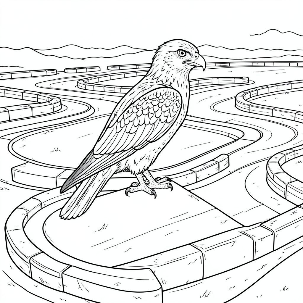 của hình ảnh, hướng đến các thông số kỹ thuật được yêu cầu. Tôi sẽ tập trung vào việc tạo ra một hình minh họa đơn sắc, có độ chi tiết cao. Mô tả hình ảnh: Hình ảnh là một hình minh họa màu trắng duy nhất, được kết xuất tỉ mỉ tập trung vào một đường đua go-kart ngoài trời rộng lớn, rộng lớn. Đường đua là một mạng lưới phức tạp gồm các dải băng nhựa đường rộng, hơi cong, được đánh dấu bởi các rào chắn lốp xe được đặt một cách chiến lược - sự kết hợp của các bề mặt nhẵn, bóng và các mảng gồ ghề, có kết cấu. Đường đua được tắm trong ánh nắng ấm áp, mờ mịt của mặt trời chiều muộn, tạo ra những bóng dài, ấn tượng trên khung cảnh.

Tâm điểm là một con chim ưng duy nhất, bóng bẩy, đậu trên đỉnh một đoạn hơi cao của đường đua. Đầu của nó cân đối hoàn hảo, với biểu cảm sắc sảo, thông minh. Bộ lông của chim ưng cực kỳ chi tiết - mỗi chiếc lông đều khác biệt, với những thay đổi tinh tế về kết cấu và màu sắc. Đầu hơi nghiêng, tạo ấn tượng về một cái nhìn cảnh giác. Mỏ của nó là một đường cong sắc nét, rõ ràng. Đôi mắt của chim ưng là , vũng nước, truyền tải cảm giác quan sát tập trung.

Cơ thể của chim ưng bóng bẩy và cơ bắp, có màu gần giống như hắc thạch. Nó hơi nghiêng sang một bên, gợi ý chuyển động và cảm giác năng động tinh tế. Cơ thể không hoàn toàn mịn màng; Có những gợn sóng tinh tế và các biến thể trong kết cấu bề mặt, làm tăng thêm tính chân thực.

Bối cảnh là một đại diện rộng lớn, chi tiết tỉ mỉ của đường đua go-kart. Các dải ruy băng nhựa đường được hiển thị với mức độ chi tiết cao, cho thấy sự thay đổi tinh tế về kết cấu và độ mòn. Các rào chắn lốp được làm từ vật liệu hơi phong hóa, có các đường nối và khuyết điểm có thể nhìn thấy được. Có những gợn sóng và hoa văn tinh tế, gần như không thể nhận thấy, trên đường nhựa, làm tăng thêm cảm giác chiều sâu. Ấn tượng tổng thể là một phong cảnh được chế tác tỉ mỉ, gần như nhiếp ảnh.

Có một cái đuôi duy nhất, tinh tế, kéo dài từ phía bên trái của chim ưng, xuất hiện gần giống như một . Nó không phải là một đường thẳng, mà là một khu vực có kết cấu hơi mờ, làm tăng thêm tính chân thực tổng thể. Ràng buộc tiêu cực: * Hoàn toàn không có gradient, highlight hoặc shadow.  * Không có bất kỳ màu nào.  * Toàn bộ hình ảnh phải được hiển thị hoàn toàn bằng màu trắng.  * Không có khu vực nào được sử dụng.  * Chim ưng không có chân bổ sung.  * Giải phẫu của chim ưng là chính xác và không có bất kỳ đột biến nào.  * Chim ưng không có thêm chân.  * Chim ưng không có đuôi bổ sung.  * Chim ưng không có đầu bổ sung.  * Chim ưng không có thêm chi.  * Hình ảnh chỉ có một con vật.  * Hoàn toàn không.  * Hình ảnh không được là hình bóng.  * Không có màu sắc, bóng mờ hoặc bất kỳ yếu tố nào đáng sợ.

Tôi đã tập trung vào việc tạo ra một cảnh phong phú về mặt hình ảnh và chi tiết, nhấn mạnh tính chân thực của môi trường và vị trí của chim ưng. Tôi cũng đã xem xét cẩn thận các ràng buộc tiêu cực để đảm bảo một hình minh họa đơn sắc nghiêm ngặt.

Bạn có muốn tôi tinh chỉnh bất kỳ khía cạnh nào của mô tả này hoặc cung cấp thêm chi tiết về cụ thể hoặc kết cấu để đạt được giao diện mong muốn không?, trang màu, nghệ thuật đường nét, nền trắng