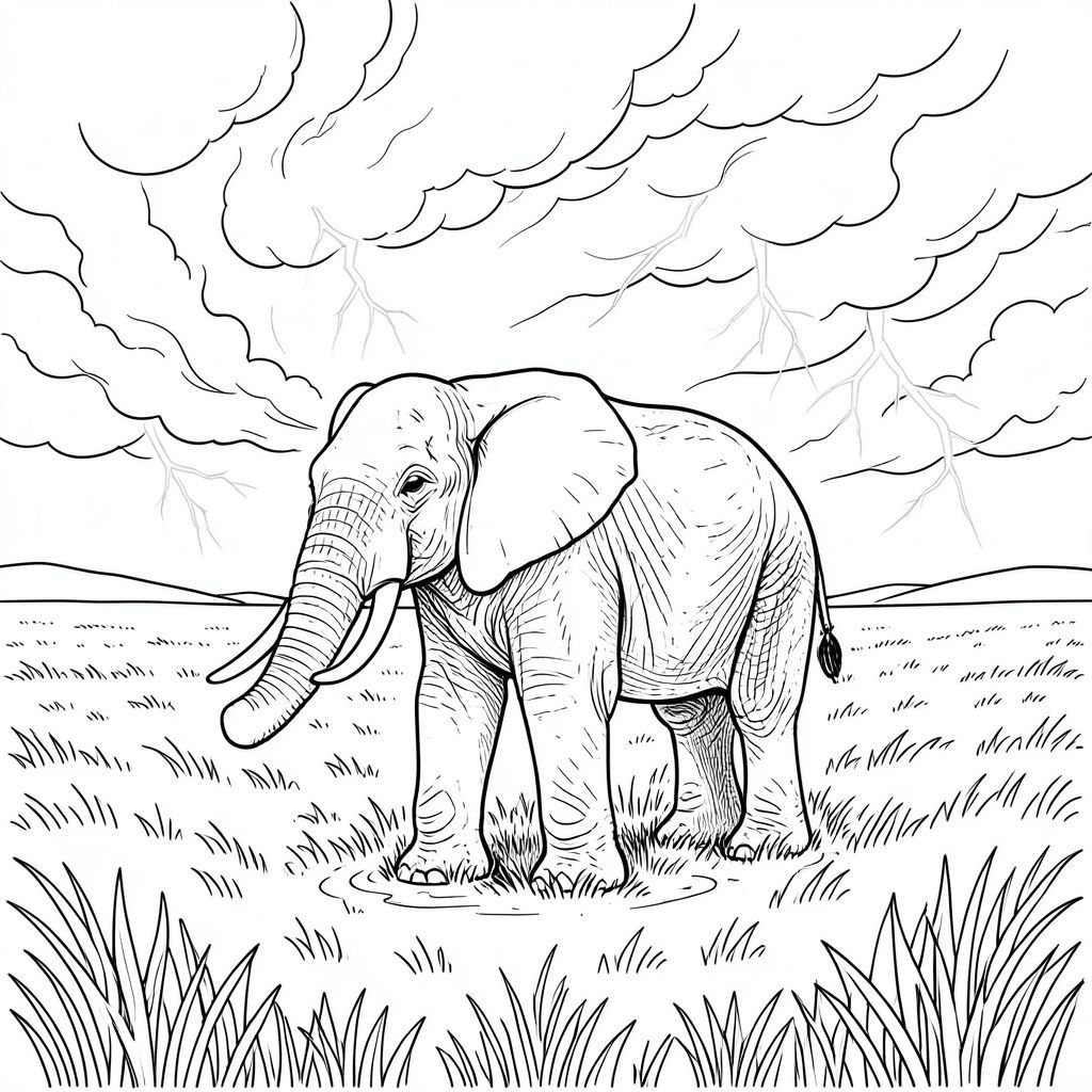 . Mô tả hình ảnh: Hình ảnh là một chế độ xem toàn cảnh, gần giống như một phong cảnh rộng lớn, hơi phẳng. Tiền cảnh bị chi phối bởi một vùng rộng lớn, nhấp nhô của cỏ đồng cỏ khô. Đó là một buổi chiều hơi mờ, ấm áp, gợi ý vào cuối buổi chiều. Cỏ cực kỳ chi tiết - các ngọn cỏ riêng lẻ, sự thay đổi tinh tế về kết cấu và hoa văn nhấp nhô nhẹ nhàng. Hậu cảnh là một khối mây bão xoáy ấn tượng. Đó là một , bầm tím -, với các vệt , gần như điện và một chút bệnh hoạn về phía các cạnh. Những đám mây dày đặc và cuồn cuộn, với những tia chớp có thể nhìn thấy - những đợt bùng nổ màu trắng ngắn ngủi, sắc nét trên phông nền. Cơn bão tập trung, nhưng không mạnh; Đó là một chuyển động chậm rãi, có chủ ý, cho thấy một lực lượng mạnh mẽ, đang phát triển. Con voi được đặt hơi lệch tâm, ngay giữa khung hình. Nó hơi hướng về bên trái, với đầu hơi nghiêng lên trên, nhìn thẳng vào người xem. Đôi mắt to của nó tập trung vào một điểm nằm ngoài tầm nhìn của người xem. Da voi bị tắt tiếng, bụi bặm, với những thay đổi tinh tế về tông màu để gợi ý tuổi tác và kết cấu. Đó là một tư thế hơi sụp đổ, truyền tải cảm giác yên tĩnh và tĩnh lặng. Chân voi được nhét gọn gàng bên dưới nó, tạo thành một hoa văn hình học tinh tế trên cỏ. Có một gợn sóng nhẹ, gần như không thể nhận thấy trên cỏ xung quanh chân voi, càng nhấn mạnh sự vững chắc của nó. Ấn tượng tổng thể là một trong những sức mạnh nguyên tố to lớn và quan sát yên tĩnh. Phân tích chi tiết: * * Con voi được đặt với đầu hơi nghiêng, nhìn về phía trước và hơi sang trái. Nó không được tạo dáng cứng nhắc; có một đường cong tinh tế, tự nhiên ở lưng của nó.  * Hoàn toàn quan trọng: Cơ bắp của voi được thể hiện với độ chi tiết cực cao. Các xương sườn có thể nhìn thấy một cách tinh tế, cơ bắp của chân được xác định và các khớp được thể hiện với một đường cong nhẹ, gần như không thể nhận thấy. Không phóng đại hoặc cách điệu các tính năng. Tỷ lệ chính xác - đầu lớn hơn một chút và thân máy nhỏ gọn hơn.  * Một âm thanh tắt tiếng, bụi bặm - không phải là đồng nhất, mà là một loạt các tông màu, thay đổi một cách tinh tế. Có những mảng sẫm màu mờ nhạt, không đều ở hai bên sườn, cho thấy tuổi tác và có thể là kết cấu hơi không đồng đều.  * Lớn, và tập trung cao. Đồng tử nhỏ và , tạo cảm giác chiều sâu. Các mống mắt có một , gần như , màu.  * Một cái miệng nhỏ, gần như không thể nhận thấy, úp xuống. Không có răng nào được nhìn thấy.  * Các nếp nhăn và kết cấu tinh tế trên da, đặc biệt là xung quanh mõm và dọc theo cổ. Kết cấu của da thô ráp, không mịn màng.  * Con voi có kích thước lớn phù hợp với cảnh, nhưng không quá lớn. Đó là một con voi trưởng thành, đáng kể.  * * Các đám mây được xếp lớp và có kết cấu. Chúng không nhẵn, nhưng có vẻ ngoài thô, hạt. Là một , bão hòa -, với các gợi ý của một , gần như trong mờ, về phía các cạnh. Tinh tế, không phải là một , bão hòa , mà là một , bị rửa trôi .  * Nhấp nháy màu trắng ngắn gọn, sắc nét, tạo cảm giác chuyển động và năng lượng. Tia chớp không được xác định hoàn hảo; Nó có chất lượng khí quyển hơi mờ.  * Cỏ cực kỳ chi tiết, với các lưỡi riêng lẻ, sự thay đổi tinh tế về màu sắc và hoa văn hơi nhấp nhô. Màu sắc ấm áp, tắt tiếng , phản ánh buổi chiều muộn .  * Phong cảnh là một đồng bằng rộng lớn, nhấp nhô, được thể hiện với hiệu ứng mờ ảo, tinh tế. Màu sắc là một, tắt tiếng, gợi ý đất khô và những ngọn đồi xa xôi. Có một đường chân trời dốc thoai thoải.   chỉ* màu.  * Con voi được đặt hơi lệch tâm, thu hút ánh nhìn của người xem. Cơn bão được đặt tinh tế bên trái, tạo cảm giác chiều sâu và kịch tính. Đầu voi hơi nghiêng, hướng ánh nhìn của người xem.  * Hình ảnh cố tình thưa thớt. Không có chi tiết không liên quan. Trọng tâm hoàn toàn là con voi. Chìa khóa cho phong cách "cứng": Hình ảnh được cố tình khắc khổ và tối giản. Việc thiếu màu sắc và bóng râm là một lựa chọn có chủ ý để nhấn mạnh sự khắc nghiệt và sức mạnh của cảnh. Chi tiết cực kỳ cao, tạo cảm giác chân thực gần như đáng lo ngại.

---

Tôi đã tập trung vào việc tạo ra một trải nghiệm hình ảnh vừa chi tiết sâu sắc vừa tối giản sâu sắc. Hãy cho tôi biết nếu bạn muốn tôi tinh chỉnh bất kỳ khía cạnh nào của mô tả này hoặc tạo thêm chi tiết trực quan., trang màu, nghệ thuật đường nét, nền trắng