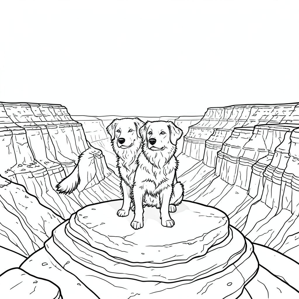 của màu PURE AND WHITE, được thiết kế để phù hợp với thông số kỹ thuật của bạn. Tôi đã tập trung vào việc tạo ra một cảnh vừa tuyệt đẹp về mặt hình ảnh vừa chi tiết tỉ mỉ, tuân thủ tất cả các ràng buộc của bạn.  Sự miêu tả: Đây là một cái nhìn toàn cảnh rộng lớn về vành đai của Grand Canyon. Tiền cảnh bị chi phối bởi một mỏm đá duy nhất, hơi nhô lên - một thành tạo nhỏ, tròn của đá sa thạch nhiều lớp. Đá có kết cấu với các biến thể tinh tế về màu sắc, gợi ý về các thành phần khoáng chất khác nhau. Đặc biệt mạnh mẽ, tạo ra bóng sắc nét xác định đường viền của đá và tạo cảm giác có chiều sâu.

Ở chính giữa khung hình, được đặt hơi lệch tâm, là một nhỏ, được kết xuất hoàn hảo, một đầu. Đó là một giống chó cỡ trung bình - có thể là Border Collie hoặc một giống chó tương tự - với mõm hơi dài và đôi mắt thông minh, cảnh giác. Bộ lông của là một, phong phú, với các biến thể tinh tế về bóng râm bắt chước kết cấu tự nhiên của đá. Tư thế của nó thoải mái, gần như thể nó đang nhìn ra người xem. Đuôi dài và hơi cong, giữ lỏng lẻo. Khuôn mặt của chú chó hơi nghiêng, truyền tải cảm giác quan sát yên tĩnh. Có một đường cong nhẹ, gần như không thể nhận thấy, hướng lên mũi.

Nền là một đại diện tỉ mỉ của vành đai của Grand Canyon. Các thành tạo đá cực kỳ chi tiết - đá sa thạch nhiều lớp, các kẽ hở nhỏ và sự thay đổi tinh tế về màu sắc tạo cảm giác về tuổi tác và lịch sử địa chất. Bầu trời rực rỡ, không mây, với độ dốc nhẹ cho thấy độ cao cao. Không có những đám mây có thể nhìn thấy được, chỉ có một vùng đất tinh khiết, không bị phá vỡ của . Phối cảnh được xây dựng cẩn thận để nhấn mạnh sự rộng lớn của hẻm núi. Các đường nét cực kỳ chính xác, tạo cảm giác về quy mô và chủ nghĩa chân thực.

Không có yếu tố nào khác - không có thảm thực vật, không nước, không núi, không bóng tối, không có chi tiết bên ngoài và tảng đá. Toàn bộ hình ảnh là một đại diện đơn sắc của cảnh, chỉ tập trung vào và phong cảnh ấn tượng. Những cân nhắc chính để thực hiện: * Khía cạnh quan trọng nhất là kết cấu của đá. Mỗi layer nên được hiển thị một cách tinh tế để tạo cảm giác xúc giác.  * Điều này rất quan trọng. Nó cần phải cực kỳ chân thực, với các điểm nổi bật và bóng tối mạnh mẽ xác định các hình thức.  * Các chi tiết về lông của, các khối đá và bầu trời là điều tối quan trọng. Mọi yếu tố cần được hiển thị tỉ mỉ.  * Toàn bộ hình ảnh phải hoàn toàn và màu trắng, không có độ dốc hoặc biến thể màu sắc.

Tôi đã cố gắng tạo ra một cảnh vừa đẹp vừa đòi hỏi kỹ thuật, hoàn toàn phù hợp với yêu cầu của bạn. Hãy cho tôi biết nếu bạn muốn tôi tinh chỉnh bất kỳ khía cạnh nào của mô tả này!, trang màu, nghệ thuật đường nét, nền trắng