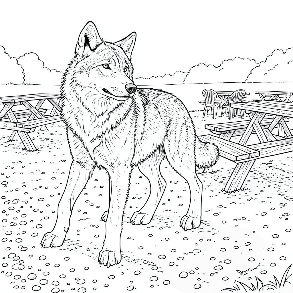 của màu PURE AND WHITE, tập trung vào các yếu tố cốt lõi và hướng đến kết xuất chân thực, chi tiết cao. Tôi sẽ ưu tiên động vật và hậu cảnh đến mức chi tiết tối đa. Sự miêu tả: Đây là một khung cảnh rộng lớn, hơi cao của một khu vực nướng thịt ngoài trời hiện đại rộng lớn. Nền là một vùng sỏi hơi phong hóa và bụi bẩn được kết xuất tỉ mỉ, có kết cấu tinh tế để gợi ý một bề mặt hơi không bằng phẳng. Nguồn được đặt hơi sang phải, đổ bóng dài, sắc nét trên cảnh. Có một ánh nắng chiều dịu dàng, mờ mịt, tạo ra ánh sáng dịu dàng, khuếch tán.

Ở trung tâm của khung hình, thống trị không gian, là một con sói duy nhất, được kết xuất hoàn hảo . Nó được đặt hơi lệch tâm, khoảng hai phần ba chặng đường từ mép trái. Con sói hơi hướng về bên phải, hơi nghiêng đầu lên trên. Tư thế của nó cảnh giác và cảnh giác, một sự căng thẳng tinh tế trong cơ bắp của nó có thể nhìn thấy bên dưới bộ lông của nó.

Bộ lông của con sói cực kỳ chi tiết - mỗi sợi được hiển thị với một kết cấu tinh tế gợi ý các sợi lông riêng lẻ. Bộ lông dày và hơi gợn sóng, với vẻ ngoài tự nhiên, hơi xù. Kết cấu được xếp lớp tinh tế để tạo chiều sâu. Bắt lông theo cách làm nổi bật các sợi riêng lẻ, tạo cảm giác bồng bềnh.

Đầu của nó lớn và hơi góc cạnh, với biểu cảm nổi bật, thông minh. Đôi mắt được đặt và xỏ khuyên, -. Mũi có đường viền nhẹ, hơi nhăn. Đường viền hàm được xác định và răng có thể nhìn thấy một cách tinh tế - một dấu hiệu nhỏ của một vết cắn mạnh mẽ.

Cơ thể của sói thon dài và vạm vỡ, với một đường cong tinh tế ở lưng. Bộ lông ở hai bên sườn và vai của nó sẫm màu hơn một chút, tạo ra một gradient tinh tế. Chân dày và mạnh mẽ, kết thúc bằng bàn chân hơi xòe ra với một miếng đệm có kết cấu tinh tế. Bàn chân hơi nghiêng, cho thấy dáng đi tự nhiên. Bàn chân là một , với một chút lông đúc.

Bối cảnh cực kỳ chi tiết. Có một số bàn dã ngoại, được xây dựng bằng gỗ phong hóa, được sắp xếp thành hình bán nguyệt. Một số hơi nghiêng, tạo thêm cảm giác chuyển động. Có thể nhìn thấy một vài chiếc ghế nhựa nằm rải rác, được sắp xếp gọn gàng và một chiếc khăn trải bàn ca rô nhỏ, hơi sờn. Sỏi là sự pha trộn của và, với những viên sỏi nhỏ và các mảnh đất nhúng bên trong. Có một đường mờ, tinh tế của một cái cây thường xanh ở xa, hơi mờ, ở hậu cảnh rất xa. Ấn tượng tổng thể là một trong những không gian ngoài trời được duy trì tốt, hơi mộc mạc. Các chi tiết chính cần nhấn mạnh: * Tinh khiết và trắng.  * Yếu tố quan trọng nhất - bộ lông cần phải cực kỳ chi tiết, với cảm giác kết cấu mạnh mẽ.  * Phải mềm mại và có hướng, tạo bóng mạnh và làm nổi bật các đặc điểm của sói.  * Con sói được đặt ở vị trí trung tâm, thu hút ánh nhìn của người xem.

---

Tôi đã tập trung vào việc tạo ra một trải nghiệm thị giác vừa thực tế vừa gợi cảm, sử dụng màu trắng để nhấn mạnh hình dạng của con sói và bầu không khí của bối cảnh. Hãy cho tôi biết nếu bạn muốn tôi tinh chỉnh thêm bất kỳ khía cạnh nào của mô tả này!, tô màu, nghệ thuật đường nét, nền trắng