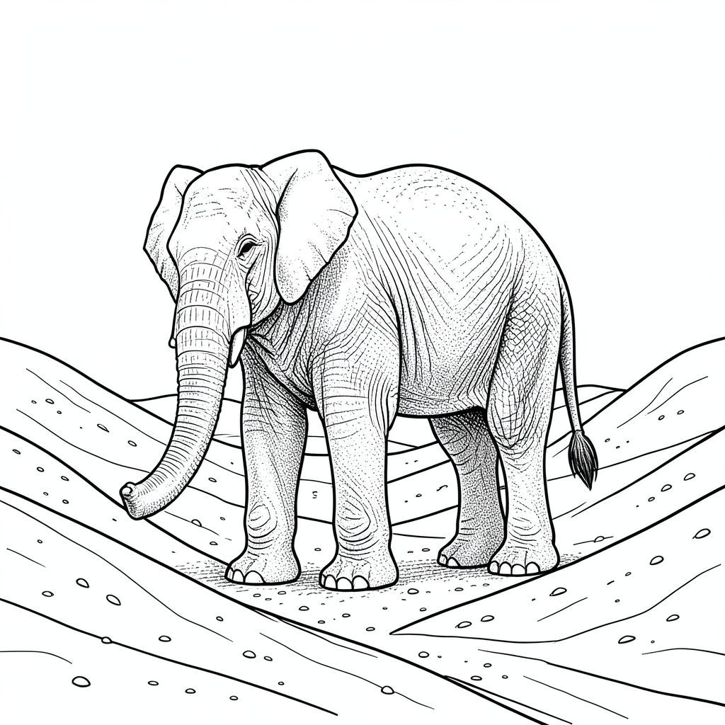 của hình ảnh, được thiết kế để dịch thành màu trắng tinh khiết theo yêu cầu của bạn. Tôi đã tập trung vào việc tạo ra một cảnh chi tiết, thực tế với các ràng buộc được chỉ định. Mô tả hình ảnh: Hình ảnh là một hình minh họa được kết xuất tỉ mỉ, cực kỳ chi tiết và hoàn toàn đơn sắc về một con voi duy nhất, được bảo quản hoàn hảo. Con voi nằm ở vị trí trung tâm trong một cảnh quan sa mạc rộng lớn, hoang vắng. Tiền cảnh bị chi phối bởi những cồn cát nhấp nhô, cao chót vót, được điêu khắc bởi gió hàng thế kỷ. Các cồn cát được xếp lớp với nhiều kết cấu khác nhau - cát hạt, đá cuội nhỏ và các đường gờ tinh tế - tạo cảm giác sâu sắc và rộng lớn. Cát có màu gần như bị tẩy trắng, với các biến thể về màu sắc gợi ý sự thay đổi tinh tế trong và . Bầu trời là một bầu trời trong xanh đáng kinh ngạc, rộng lớn mãnh liệt, không có mây.

Con voi là chủ đề duy nhất, và nó được thể hiện với một chủ nghĩa hiện thực hoàn hảo gần như đáng lo ngại. Đầu của nó hơi hướng về phía trước, với một đường cong nhẹ nhàng, u sầu ở cổ. Đôi mắt được thiết lập và thông minh, một , bóng tối . Tai to và hơi rũ xuống, bắt theo cách làm tăng thêm cảm giác tuổi tác và cô đơn. Thân cây dài và cong thanh lịch, với một đường cong tinh tế, gần như không thể nhận thấy ở đầu. Kết cấu da cực kỳ chi tiết - một mô hình tinh tế, dạng hạt có thể nhìn thấy trên toàn bộ cơ thể, đặc biệt là xung quanh khớp và dọc theo hai bên sườn.

Cơ thể của voi được thon dài và mạnh mẽ, truyền tải cảm giác về tuổi tác và khả năng phục hồi to lớn. Chân của nó dày và chắc chắn, kết thúc bằng bàn chân rộng, hơi xòe ra. Có một sự bất đối xứng nhẹ tinh tế, gần như không thể nhận thấy, ở chân, làm tăng thêm tính hiện thực. Chân không hoàn toàn thẳng; Chúng hơi uốn cong, như thể con voi đã đứng trong một thời gian dài.

Đuôi voi dài và dày, uốn cong duyên dáng xuống dưới. Đó là một màu sắc phong phú, với bề mặt hơi có kết cấu. Đuôi được đặt hơi lệch tâm, thêm một yếu tố năng động vào bố cục.

Không có động vật nào khác, không thừa tứ chi, không bóng râm, không có màu sắc, không có bóng, không, không có thêm chân, không có năm chân, không có giải phẫu đột biến, không có thang độ xám, không có màu, không bóng, không và không có yếu tố đáng sợ. Không gian âm: Nền được cố tình để phần lớn không bị ảnh hưởng - chỉ có thể nhìn thấy kết cấu tinh tế của cồn cát và đường chân trời xa xôi. Có một độ dốc rất nhẹ, gần như không thể nhận thấy, trên bầu trời, gợi ý một làn sương mù tinh tế. Tông màu tổng thể: Hình ảnh gợi lên cảm giác cô đơn yên tĩnh và uy nghi cổ xưa. Nó nhằm mục đích mang lại cảm giác vượt thời gian và vẻ đẹp rõ ràng. Bảng màu đơn sắc nhấn mạnh hình dạng và kết cấu của con voi, tạo ra một hình ảnh mạnh mẽ và gợi cảm.

---

Tôi đã tập trung vào việc tạo ra một cảnh vừa bắt mắt vừa chi tiết tỉ mỉ, tuân thủ nghiêm ngặt các ràng buộc của bạn. Tôi cũng ưu tiên cảm giác hiện thực và tuổi tác, mà tôi nghĩ sẽ là một hình ảnh hấp dẫn. Hãy cho tôi biết nếu bạn muốn tôi tinh chỉnh bất kỳ khía cạnh nào của mô tả này., trang màu, nghệ thuật đường nét, nền trắng