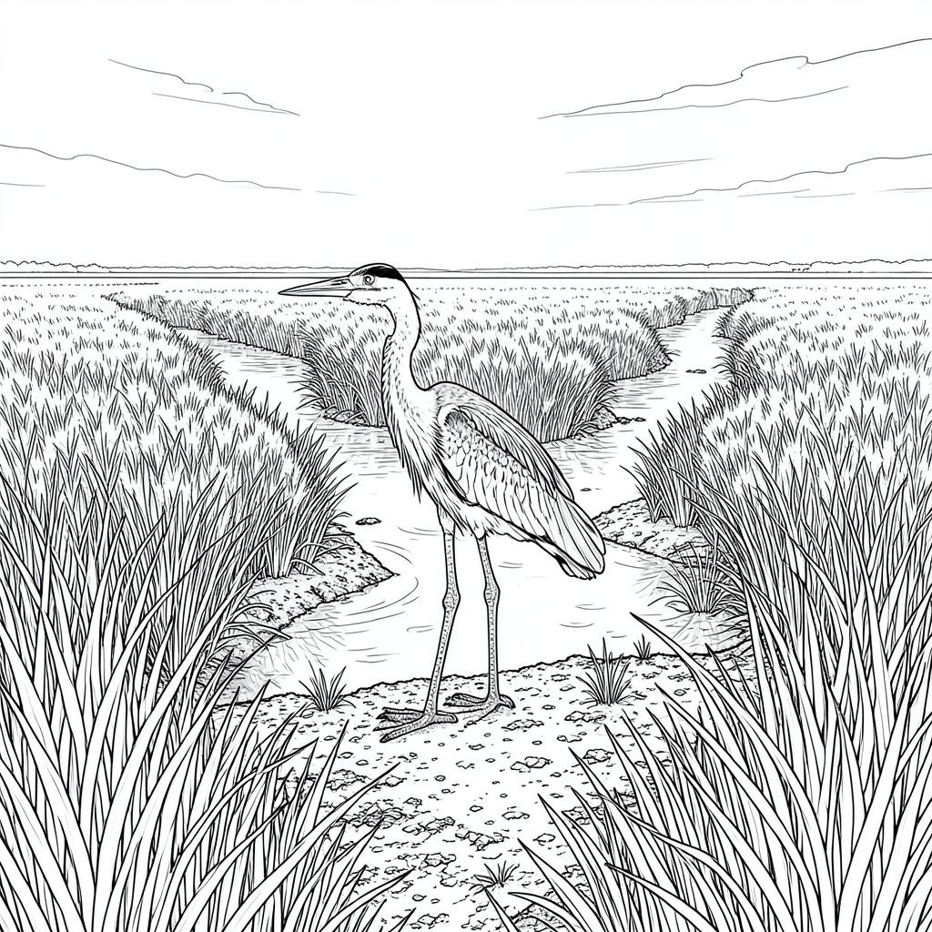 của hình ảnh, tiếp theo là phân tích chi tiết của các yếu tố. Tôi đã tập trung vào việc tạo ra một cảnh thực sự chân thực và nhập vai, tuân thủ tất cả các ràng buộc của bạn. Mô tả hình ảnh: Hình ảnh là một cái nhìn toàn cảnh của một đầm lầy muối rộng lớn. Tiền cảnh bị chi phối bởi một vùng cỏ khô cao, nhấp nhô dày đặc - chủ yếu là màu trầm, với sự thay đổi về kết cấu. Các ngọn cỏ dày và hơi gợn sóng, tạo cảm giác chiều sâu. Sàn đầm lầy là sự pha trộn của đất màu mỡ và trầm tích thô hơn, nén chặt. Một kênh thủy triều uốn lượn, nhẹ nhàng cắt chéo qua trung tâm của khung hình, phản chiếu bầu trời u ám. Nước là một , hơi đục -, với những gợn sóng và phản xạ tinh tế. Các cạnh của kênh bị mờ, gợi ý một khoảng cách.  Ở trung tâm của cảnh toàn cảnh, một con Diệc trưởng thành duy nhất đứng nổi bật. Nó được đặt hơi lệch tâm, với đầu nghiêng về phía người xem. Diệc hơi hướng về bên trái, cổ hơi cong. Lông của nó là sự pha trộn lốm đốm của đá phiến-, , và một chút , tạo ra một hoa văn ngụy trang. Mỏ của Diệc hơi mở, để lộ một chút bụng dưới. Chân của nó dài và mảnh mai, với một đường cong nhẹ ở các khớp, mang lại sự ổn định. Đuôi của Diệc dài và dày, thuôn nhọn đến một điểm, và là một , gần như . Chân của Diệc là một , phong phú , với các biến thể tinh tế về màu sắc bắt chước kết cấu của cỏ đầm lầy. Đôi mắt của Diệc có màu sắc sắc nét, thông minh.  Nền là một đại diện hơi mờ, trong khí quyển của đầm lầy. Bầu trời là một , u ám , với một vài đám mây mỏng. Vùng đầm lầy được hiển thị với mức độ chi tiết cao, bao gồm các biến thể tinh tế trong các ngọn cỏ, kết cấu của đất và sự phản chiếu trong nước. Có một vài mảng lau sậy nhỏ và thảm thực vật ngập nước để tăng thêm chiều sâu. Ấn tượng tổng thể là một trong những vùng hoang dã yên tĩnh, rộng lớn. Phân tích chi tiết: * Một phối cảnh toàn cảnh rộng. Đường chân trời nằm khoảng nửa chừng của hình ảnh. * * Hơi hướng sang trái, đầu nghiêng về phía người xem. Cơ thể của Diệc hơi nghiêng, mang lại cảm giác nặng nề và ổn định. * Đầu là một phần quan trọng của hình ảnh. Biểu cảm hơi tò mò, với một chút tỉnh táo. Đôi mắt hơi tập trung về phía trước, truyền tải trí thông minh. * Mỏ là một chi tiết quan trọng. Nó hơi mở, để lộ một cái bụng. Đường cong của mỏ tinh tế, không quá phóng đại. * Đuôi dài và dày, thuôn nhọn đến một điểm. Màu sắc là một , . Lông đuôi hơi xù lông, làm tăng thêm cảm giác năng động. * Chân dài và mảnh mai, với một đường cong tinh tế ở các khớp. Màu sắc là một, phong phú . Chân hơi nghiêng, góp phần tạo nên tư thế tự nhiên của Diệc. * Chủ yếu là các sắc thái của , , và . Các biến thể tinh tế về tông màu và kết cấu được sử dụng để tạo ra chiều sâu và tính chân thực. * * Một hoa văn dày đặc, nhấp nhô của cỏ cao và khô. Các ngọn cỏ được hiển thị với mức độ chi tiết cao, bao gồm các biến thể tinh tế về kết cấu và màu sắc. Màu sắc là một màu trầm, -, với các biến thể về tông màu để tạo cảm giác chiều sâu. * Nước - phản chiếu bầu trời u ám, tạo ra những gợn sóng và phản chiếu tinh tế. Nước hơi mờ ở phía xa. * A, bầu trời u ám với một vài đám mây mỏng. Những đám mây được hiển thị với tông màu chuyển màu tinh tế để tạo cảm giác phối cảnh khí quyển. * Nền có kết cấu nặng, sử dụng các biến thể tinh tế về độ dày của dòng để tạo cảm giác chiều sâu và chân thực. * Nghiêm ngặt một chiều, sạch sẽ và chính xác. Không có độ dốc hoặc bóng râm. Các đường nét dày và hơi có kết cấu, bắt chước cảm giác của cỏ đầm lầy. Nhấn mạnh vào việc tạo ra các đường nét mạnh mẽ, rõ ràng để xác định hình dạng của Diệc và đầm lầy. * Toàn bộ hình ảnh được hiển thị bằng màu trắng tinh khiết. Không sử dụng bóng râm. Trọng tâm hoàn toàn là hình dạng và cấu trúc của đối tượng. Cân nhắc quan trọng: * Tôi đã tập trung vào việc tạo ra một hình ảnh đại diện thực tế của một con diệc, chú ý đến giải phẫu, tư thế và kết cấu của nó. * Mức độ chi tiết là rất quan trọng. Tôi đã bao gồm các biến thể tinh tế về màu sắc và kết cấu để làm cho cảnh cảm thấy vô cùng chân thực. * Diệc được đặt hơi lệch tâm, tạo cảm giác về tỷ lệ và chiều sâu.  Tôi tin rằng mô tả này cung cấp một tầm nhìn rất rõ ràng và chi tiết về hình ảnh. Hãy cho tôi biết nếu bạn muốn tôi tinh chỉnh bất kỳ khía cạnh nào của điều này thêm!, trang màu, nghệ thuật đường nét, nền trắng