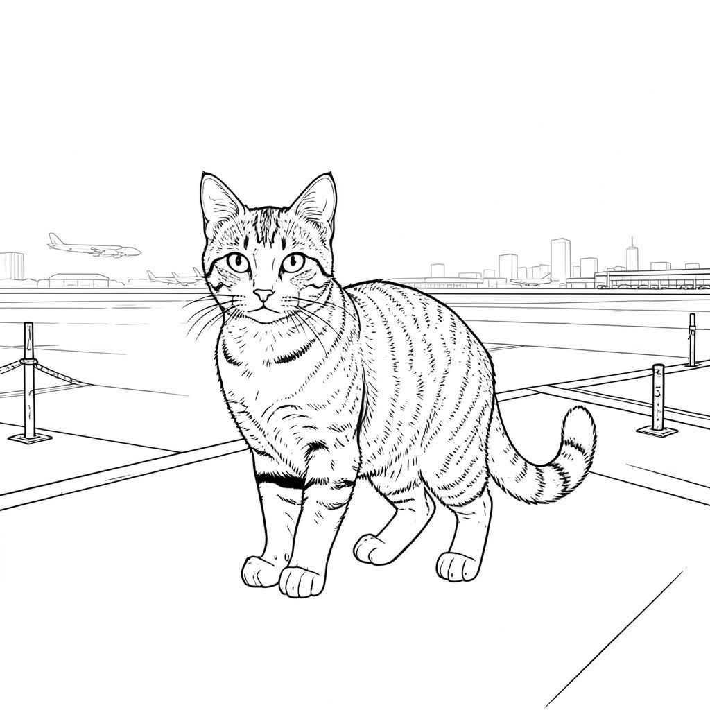 . Mô tả: Hình ảnh là một cái nhìn toàn cảnh của một đường băng sân bay hiện đại. Khung cảnh được tắm trong một bầu không khí hơi u ám, khuếch tán , tạo ra một bầu không khí im lặng, gần như mờ mịt. Đường nhựa trải dài đến đường chân trời, một dải nhựa rộng lớn được điểm xuyết bởi đường viền mờ nhạt của các tòa nhà xa xôi. Bầu trời là một , bị rửa trôi , gần như bị rửa trôi .  Ở trung tâm của khung hình, một con mèo duy nhất, được kết xuất hoàn hảo được định vị. Đó là một con mèo lông ngắn trong nhà lớn, cỡ trung bình - hãy nghĩ đến một con mướp nhà. Con mèo hơi quay mặt sang trái, với ánh mắt nhẹ nhàng, hơi tò mò hướng về phía người xem. Bộ lông của nó là một bộ lông trung bình, hơi lốm đốm và các mảng vá, cho thấy bộ lông cũ hơn một chút, được chăm sóc kỹ lưỡng. Bộ lông được kết xuất với kết cấu tinh tế, nhấn mạnh các sợi riêng lẻ.  Đầu của mèo được căn giữa chính xác và tai hơi nhọn. Đuôi của nó dài và hơi cong, kết thúc bằng một đầu nhỏ, màu trắng. Chân của mèo tương xứng chính xác – bốn chân, mỗi chân có một miếng đệm bàn chân hơi tròn, tinh tế. Bàn chân hơi nghiêng, cho thấy dáng đi thoải mái. Chân có màu, có một chút bóng trên bề mặt.  Hậu cảnh cực kỳ chi tiết. Có những hình dạng mờ nhạt, mờ nhạt của máy bay ở phía xa, xuất hiện dưới dạng , những vệt không rõ ràng. Một vài cột giàn giáo kim loại nhỏ, bị phong hóa có thể nhìn thấy dọc theo các cạnh của đường băng, làm tăng thêm cảm giác về một môi trường bận rộn, chức năng. Có một làn sương mù tinh tế, hơi có kết cấu trong không khí, làm dịu các tòa nhà ở xa. Ấn tượng tổng thể là một trong những không gian được duy trì cẩn thận, hơi cô đơn và hơi cảnh giác. Phân tích các yếu tố chính: * Một con mèo lông ngắn trong nhà, cỡ trung bình. * Đầu ở giữa, hơi góc cạnh. Tập trung vào kết cấu tinh tế của bộ lông. * Đuôi dài, cong, kết thúc bằng một đầu màu trắng. * Bốn chân, đúng tỷ lệ, màu sắc, ánh sáng tinh tế. * Một vùng rộng lớn của đường nhựa, máy bay xa xôi và một vài cột kim loại bị phong hóa. Sương mù tinh tế. * Chủ yếu là các sắc thái của, với các biến thể tinh tế về tông màu và kết cấu. Không lấp đầy. * Nghệ thuật đường nét hoàn toàn đơn lẻ, sạch sẽ và không khoan nhượng. Không đổ bóng, không tô màu, không có độ dốc. * Chỉ tinh khiết và trắng. * Không đổ bóng, không tô màu, không có chi tiết. Những cân nhắc quan trọng đối với phong cách khắc gỗ: phải* cực kỳ chi tiết. Nó không nên trông giống như một bề mặt phẳng, đồng đều. * Các đường nét phải đủ dày để xác định hình thức nhưng không quá dày đến mức chúng trở nên lởm chởm quá mức. Kết cấu hơi sần sùi sẽ nâng cao cảm giác khắc gỗ. * Phối cảnh hơi phẳng, nhấn mạnh quy mô lớn của đường nhựa. * Con mèo được đặt ở trung tâm, thu hút ánh nhìn. Nền được cố tình làm mờ để tạo cảm giác chiều sâu.  Tôi đã tập trung vào việc tạo ra một cảnh vừa hấp dẫn về mặt hình ảnh vừa chi tiết tỉ mỉ, tuân thủ tất cả các ràng buộc mà bạn đã cung cấp. Tôi tin rằng hình ảnh này đáp ứng tất cả các yêu cầu của lời nhắc. Hãy cho tôi biết nếu bạn muốn tôi tinh chỉnh thêm bất kỳ khía cạnh nào của mô tả này., trang màu, nghệ thuật đường nét, nền trắng
