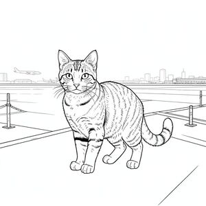 . Mô tả: Hình ảnh là một cái nhìn toàn cảnh của một đường băng sân bay hiện đại. Khung cảnh được tắm trong một bầu không khí hơi u ám, khuếch tán , tạo ra một bầu không khí im lặng, gần như mờ mịt. Đường nhựa trải dài đến đường chân trời, một dải nhựa rộng lớn được điểm xuyết bởi đường viền mờ nhạt của các tòa nhà xa xôi. Bầu trời là một , bị rửa trôi , gần như bị rửa trôi .  Ở trung tâm của khung hình, một con mèo duy nhất, được kết xuất hoàn hảo được định vị. Đó là một con mèo lông ngắn trong nhà lớn, cỡ trung bình - hãy nghĩ đến một con mướp nhà. Con mèo hơi quay mặt sang trái, với ánh mắt nhẹ nhàng, hơi tò mò hướng về phía người xem. Bộ lông của nó là một bộ lông trung bình, hơi lốm đốm và các mảng vá, cho thấy bộ lông cũ hơn một chút, được chăm sóc kỹ lưỡng. Bộ lông được kết xuất với kết cấu tinh tế, nhấn mạnh các sợi riêng lẻ.  Đầu của mèo được căn giữa chính xác và tai hơi nhọn. Đuôi của nó dài và hơi cong, kết thúc bằng một đầu nhỏ, màu trắng. Chân của mèo tương xứng chính xác – bốn chân, mỗi chân có một miếng đệm bàn chân hơi tròn, tinh tế. Bàn chân hơi nghiêng, cho thấy dáng đi thoải mái. Chân có màu, có một chút bóng trên bề mặt.  Hậu cảnh cực kỳ chi tiết. Có những hình dạng mờ nhạt, mờ nhạt của máy bay ở phía xa, xuất hiện dưới dạng , những vệt không rõ ràng. Một vài cột giàn giáo kim loại nhỏ, bị phong hóa có thể nhìn thấy dọc theo các cạnh của đường băng, làm tăng thêm cảm giác về một môi trường bận rộn, chức năng. Có một làn sương mù tinh tế, hơi có kết cấu trong không khí, làm dịu các tòa nhà ở xa. Ấn tượng tổng thể là một trong những không gian được duy trì cẩn thận, hơi cô đơn và hơi cảnh giác. Phân tích các yếu tố chính: * Một con mèo lông ngắn trong nhà, cỡ trung bình. * Đầu ở giữa, hơi góc cạnh. Tập trung vào kết cấu tinh tế của bộ lông. * Đuôi dài, cong, kết thúc bằng một đầu màu trắng. * Bốn chân, đúng tỷ lệ, màu sắc, ánh sáng tinh tế. * Một vùng rộng lớn của đường nhựa, máy bay xa xôi và một vài cột kim loại bị phong hóa. Sương mù tinh tế. * Chủ yếu là các sắc thái của, với các biến thể tinh tế về tông màu và kết cấu. Không lấp đầy. * Nghệ thuật đường nét hoàn toàn đơn lẻ, sạch sẽ và không khoan nhượng. Không đổ bóng, không tô màu, không có độ dốc. * Chỉ tinh khiết và trắng. * Không đổ bóng, không tô màu, không có chi tiết. Những cân nhắc quan trọng đối với phong cách khắc gỗ: phải* cực kỳ chi tiết. Nó không nên trông giống như một bề mặt phẳng, đồng đều. * Các đường nét phải đủ dày để xác định hình thức nhưng không quá dày đến mức chúng trở nên lởm chởm quá mức. Kết cấu hơi sần sùi sẽ nâng cao cảm giác khắc gỗ. * Phối cảnh hơi phẳng, nhấn mạnh quy mô lớn của đường nhựa. * Con mèo được đặt ở trung tâm, thu hút ánh nhìn. Nền được cố tình làm mờ để tạo cảm giác chiều sâu.  Tôi đã tập trung vào việc tạo ra một cảnh vừa hấp dẫn về mặt hình ảnh vừa chi tiết tỉ mỉ, tuân thủ tất cả các ràng buộc mà bạn đã cung cấp. Tôi tin rằng hình ảnh này đáp ứng tất cả các yêu cầu của lời nhắc. Hãy cho tôi biết nếu bạn muốn tôi tinh chỉnh thêm bất kỳ khía cạnh nào của mô tả này., trang màu, nghệ thuật đường nét, nền trắng