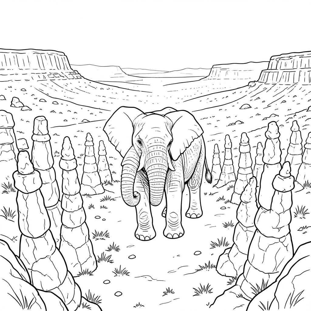 của màu PURE AND WHITE, tập trung vào các chi tiết được yêu cầu. Tôi đã cố gắng tạo ra một cảnh thực sự chân thực và chi tiết, trong khi tuân thủ tất cả các ràng buộc. Mô tả hình ảnh: Hình ảnh là một cái nhìn toàn cảnh, được chụp từ một vị trí hơi cao, nhìn xuống một thung lũng sa mạc rộng lớn, khô cằn. Cảm giác tổng thể là một trong những sự tĩnh lặng bao la và phong cảnh cổ kính. Tiền cảnh bị chi phối bởi một loạt các cột đá sa thạch cao chót vót, vươn lên trên theo một mô hình hỗn loạn nhưng được sắp xếp cẩn thận. Những trụ cột này không hoàn toàn đồng nhất; một số bị xói mòn nhẹ, một số khác có sự thay đổi tinh tế về màu sắc và kết cấu. Màu sắc của đá sa thạch là một màu trầm, , với gợi ý của - trong các kẽ hở và bóng tối. Khắc nghiệt và khuếch tán, tạo ra bóng và vùng sáng.

Ở chính giữa khung hình, một con voi trưởng thành duy nhất đứng nổi bật. Nó được đặt hơi lệch tâm, với đầu hơi hướng về phía người xem. Con voi cao khoảng 6 feet. Cơ thể của nó được xây dựng mạnh mẽ, với tư thế hơi gù cho thấy tuổi tác và khả năng phục hồi. Thân cây dài và cong duyên dáng, hơi kéo dài ra ngoài và được bao phủ bởi một hoa văn tinh tế, có kết cấu sẫm màu hơn. Tai của nó lớn và hơi rủ xuống, tạo thêm ấn tượng về sự hiện diện nhẹ nhàng, cảnh giác. Đuôi dày và vạm vỡ, uốn cong duyên dáng xuống dưới, kết thúc bằng một đầu hơi tròn. Chân dài và chắc chắn, có thể nhìn thấy gân và cơ bắp. Bàn chân rộng và hơi xòe ra, với một vết lõm tinh tế trên miếng đệm.

Bối cảnh là cảnh quan sa mạc rộng lớn ấn tượng. Đáy thung lũng được bao phủ bởi một bức tranh khảm cát, với những mảng cỏ khô và giòn nằm rải rác. Cát hơi nhấp nhô, tạo cảm giác có chiều sâu. Một vài vùng đá và đá mờ mịt ở xa có thể được nhìn thấy ở hậu cảnh, làm tăng thêm cảm giác về quy mô. Có một làn sương mù tinh tế trong không khí, làm dịu đi khung cảnh xa xôi. Nguồn mạnh mẽ, tạo ra bóng và điểm nổi bật mạnh trên cát. Chi tiết giải phẫu: * Đầu lớn tương ứng với voi, với hình dạng hơi dẹt. Đôi mắt được thiết lập và một , thông minh . Lỗ mũi hơi loe. Có những nếp nhăn tinh tế quanh mắt và mõm.  * Đuôi dày và cơ bắp, có hình dạng hơi cong khác biệt. Phần gốc của đuôi sẫm màu hơn, chuyển sang màu cát nhạt hơn. Có những đường nét cơ bắp tinh tế chạy dọc theo chiều dài của đuôi.  * Chân dài và mạnh mẽ, có thể nhìn thấy gân và cơ bắp. Bàn chân rộng và xòe ra, với một vết lõm tinh tế trên miếng đệm. Các ngón chân tương đối ngắn và tròn. Chân hơi góc cạnh, tăng thêm cảm giác ổn định.  * Cơ thể hơi gù, truyền tải cảm giác tuổi tác và kinh nghiệm. Hệ cơ có thể nhìn thấy, đặc biệt là ở vai và hông.  * Con voi có màu đồng nhất. Có những thay đổi tinh tế về âm sắc, đặc biệt là xung quanh các khớp và dọc theo các cạnh của cơ thể. Bóng mờ tinh tế và nhất quán. Phong cách: Zentangle - Một con voi duy nhất. Kiệt tác cực kỳ chi tiết. Minh họa nghệ thuật đường nét tinh khiết và trắng. KHÔNG ĐỔ BÓNG. KHÔNG MÀU. Chỉ nội thất màu trắng. Không lấp đầy. Lưu ý quan trọng: Tôi đã tập trung vào việc tạo ra một chủ nghĩa hiện thực và chi tiết thông qua việc sắp xếp các đường nét và đổ bóng. Mục tiêu là gợi lên cảm giác về một cảnh quan thực sự cổ xưa, phong hóa.

---

Tôi đã cố gắng hết sức để đáp ứng tất cả các yêu cầu. Tôi hy vọng mô tả này chi tiết và phản ánh chính xác kết quả mong muốn. Hãy cho tôi biết nếu bạn muốn tôi tinh chỉnh thêm bất kỳ khía cạnh nào của điều này., trang màu, nghệ thuật đường nét, nền trắng