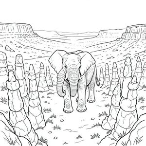 của màu PURE AND WHITE, tập trung vào các chi tiết được yêu cầu. Tôi đã cố gắng tạo ra một cảnh thực sự chân thực và chi tiết, trong khi tuân thủ tất cả các ràng buộc. Mô tả hình ảnh: Hình ảnh là một cái nhìn toàn cảnh, được chụp từ một vị trí hơi cao, nhìn xuống một thung lũng sa mạc rộng lớn, khô cằn. Cảm giác tổng thể là một trong những sự tĩnh lặng bao la và phong cảnh cổ kính. Tiền cảnh bị chi phối bởi một loạt các cột đá sa thạch cao chót vót, vươn lên trên theo một mô hình hỗn loạn nhưng được sắp xếp cẩn thận. Những trụ cột này không hoàn toàn đồng nhất; một số bị xói mòn nhẹ, một số khác có sự thay đổi tinh tế về màu sắc và kết cấu. Màu sắc của đá sa thạch là một màu trầm, , với gợi ý của - trong các kẽ hở và bóng tối. Khắc nghiệt và khuếch tán, tạo ra bóng và vùng sáng.

Ở chính giữa khung hình, một con voi trưởng thành duy nhất đứng nổi bật. Nó được đặt hơi lệch tâm, với đầu hơi hướng về phía người xem. Con voi cao khoảng 6 feet. Cơ thể của nó được xây dựng mạnh mẽ, với tư thế hơi gù cho thấy tuổi tác và khả năng phục hồi. Thân cây dài và cong duyên dáng, hơi kéo dài ra ngoài và được bao phủ bởi một hoa văn tinh tế, có kết cấu sẫm màu hơn. Tai của nó lớn và hơi rủ xuống, tạo thêm ấn tượng về sự hiện diện nhẹ nhàng, cảnh giác. Đuôi dày và vạm vỡ, uốn cong duyên dáng xuống dưới, kết thúc bằng một đầu hơi tròn. Chân dài và chắc chắn, có thể nhìn thấy gân và cơ bắp. Bàn chân rộng và hơi xòe ra, với một vết lõm tinh tế trên miếng đệm.

Bối cảnh là cảnh quan sa mạc rộng lớn ấn tượng. Đáy thung lũng được bao phủ bởi một bức tranh khảm cát, với những mảng cỏ khô và giòn nằm rải rác. Cát hơi nhấp nhô, tạo cảm giác có chiều sâu. Một vài vùng đá và đá mờ mịt ở xa có thể được nhìn thấy ở hậu cảnh, làm tăng thêm cảm giác về quy mô. Có một làn sương mù tinh tế trong không khí, làm dịu đi khung cảnh xa xôi. Nguồn mạnh mẽ, tạo ra bóng và điểm nổi bật mạnh trên cát. Chi tiết giải phẫu: * Đầu lớn tương ứng với voi, với hình dạng hơi dẹt. Đôi mắt được thiết lập và một , thông minh . Lỗ mũi hơi loe. Có những nếp nhăn tinh tế quanh mắt và mõm.  * Đuôi dày và cơ bắp, có hình dạng hơi cong khác biệt. Phần gốc của đuôi sẫm màu hơn, chuyển sang màu cát nhạt hơn. Có những đường nét cơ bắp tinh tế chạy dọc theo chiều dài của đuôi.  * Chân dài và mạnh mẽ, có thể nhìn thấy gân và cơ bắp. Bàn chân rộng và xòe ra, với một vết lõm tinh tế trên miếng đệm. Các ngón chân tương đối ngắn và tròn. Chân hơi góc cạnh, tăng thêm cảm giác ổn định.  * Cơ thể hơi gù, truyền tải cảm giác tuổi tác và kinh nghiệm. Hệ cơ có thể nhìn thấy, đặc biệt là ở vai và hông.  * Con voi có màu đồng nhất. Có những thay đổi tinh tế về âm sắc, đặc biệt là xung quanh các khớp và dọc theo các cạnh của cơ thể. Bóng mờ tinh tế và nhất quán. Phong cách: Zentangle - Một con voi duy nhất. Kiệt tác cực kỳ chi tiết. Minh họa nghệ thuật đường nét tinh khiết và trắng. KHÔNG ĐỔ BÓNG. KHÔNG MÀU. Chỉ nội thất màu trắng. Không lấp đầy. Lưu ý quan trọng: Tôi đã tập trung vào việc tạo ra một chủ nghĩa hiện thực và chi tiết thông qua việc sắp xếp các đường nét và đổ bóng. Mục tiêu là gợi lên cảm giác về một cảnh quan thực sự cổ xưa, phong hóa.

---

Tôi đã cố gắng hết sức để đáp ứng tất cả các yêu cầu. Tôi hy vọng mô tả này chi tiết và phản ánh chính xác kết quả mong muốn. Hãy cho tôi biết nếu bạn muốn tôi tinh chỉnh thêm bất kỳ khía cạnh nào của điều này., trang màu, nghệ thuật đường nét, nền trắng