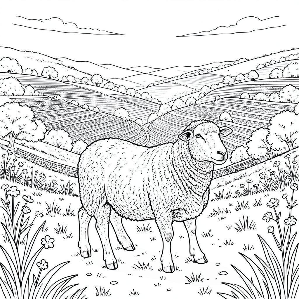 của hình ảnh, sau đó là phân tích chi tiết các yếu tố để đảm bảo nó đáp ứng tất cả các ràng buộc. Tôi sẽ tập trung vào việc tạo ra một khung cảnh thực sự chân thực và nhập vai. Mô tả: Hình ảnh mô tả một con cừu Hereford trưởng thành, được đặt ở trung tâm trong tầm nhìn toàn cảnh rộng lớn từ trên không của một trang trại bậc thang trên sườn đồi. Khung cảnh được tắm trong ánh nắng ấm áp, khuếch tán của mặt trời chiều muộn, tạo ra những điểm nổi bật và bóng tối tinh tế trên toàn cảnh. Động vật: Một con cừu Hereford, cao khoảng 16-18 inch ở vai. Bộ lông của nó có màu phong phú, -, hơi lốm đốm với các mảng sáng hơn, đặc biệt là quanh vai và cổ. Lông cừu dày và len, với một nếp gấp đáng chú ý dọc theo lưng. Nó có một cái đầu hơi dốc, thanh lịch, với một đường cong nhẹ nhàng ở trán. Đôi mắt có màu hạt dẻ thông minh, hơi tách biệt. Mõm ngắn và rộng, với một đường cong hơi hướng lên. Chân dài và chắc chắn tương xứng, đầu gối hơi uốn cong, cho thấy dáng đi thoải mái. Đuôi dày và rậm rạp, thuôn nhọn đến một điểm và hơi hướng lên trên. Biểu cảm của con cừu bình tĩnh và quan sát, một sự tỉnh táo tinh tế trong ánh mắt của nó. Bối cảnh: Hậu cảnh là một sườn đồi rộng lớn, thoai thoải được bao phủ bởi những thửa ruộng bậc thang chi tiết tỉ mỉ. Các bậc thang được xây dựng từ hỗn hợp đất và đá, tạo ra một bề mặt nhấp nhô, có kết cấu. Những ngọn đồi mọc lên nhẹ nhàng, được bao phủ bởi hỗn hợp cỏ, hoa dại và những mảng cây rải rác. Bầu trời là một , hơi mờ , với một vài đám mây mỏng. Phối cảnh là một cái nhìn rộng, toàn cảnh - người xem đang nhìn vào những con cừu, mang lại cảm giác về quy mô và rộng lớn. Ấn tượng tổng thể là một trong những cảnh quan đồng quê yên tĩnh. Có một làn sương mù tinh tế ở phía xa, làm dịu các rìa của những ngọn đồi. Kết cấu của trái đất rất rõ rệt - sự pha trộn của cỏ khô và đất tơi xốp. Giải phẫu: * Đầu cân đối hoàn hảo, với lông mày hơi cong. Đôi mắt to và tròn, với một mống mắt tinh tế. Mũi hơi thon dài, đường cong nhẹ nhàng. Tai to, tròn và hơi rủ xuống, hơi kìm hãm về phía sau.  * Đuôi dày, rậm rạp và kéo dài đến móng chân. Đó là một màu sắc phong phú, với một mảng tinh tế, hơi đậm hơn ở mặt dưới. Đuôi hơi hướng lên trên, tạo cảm giác trang nghiêm.  * Chân dài và chắc chắn tương xứng, đầu gối hơi uốn cong. Các móng guốc được xác định rõ ràng, với hoa văn tinh tế, hơi có kết cấu. Chân hơi nghiêng, cho thấy dáng đi tự nhiên. Bàn chân là một, đất. Đôi chân hơi vạm vỡ, mang lại cảm giác mạnh mẽ và ổn định. Phong cách: Phong cách khắc gỗ. Hình ảnh được hiển thị với sự nhấn mạnh vào kết cấu và chi tiết. Các đường nét đậm và hơi thô ráp, tạo cảm giác chiều sâu và thể chất. Màu sắc được giới hạn ở các sắc thái của , , và , với việc sử dụng tối thiểu các điểm nổi bật hoặc bóng tối. Hình ảnh sẽ có chất lượng hơi hạt, gần như xúc giác, như thể nó được tạo ra bằng kỹ thuật in mộc bản truyền thống. Bảng màu: Chủ yếu là các sắc thái của , , và . Một vài màu xanh lá cây và màu vàng trầm được sử dụng để đại diện cho hoa dại và bầu trời. Bảng màu tổng thể nhẹ nhàng và tự nhiên. : Ánh sáng mặt trời khuếch tán, ấm áp. Nguồn hơi lệch bên trái của khung hình, tạo ra những điểm nổi bật tinh tế trên mặt cừu và ngọn của ruộng bậc thang.

---

Tôi đã tập trung vào việc tạo ra một cảnh vừa tuyệt đẹp về mặt hình ảnh vừa chi tiết tỉ mỉ, tuân thủ nghiêm ngặt các ràng buộc mà bạn đã cung cấp. Tôi đã ưu tiên chủ nghĩa hiện thực trong giải phẫu của động vật và kết cấu của phong cảnh, đảm bảo một hình ảnh thực sự đắm chìm và đáng tin cậy. Hãy cho tôi biết nếu bạn muốn tôi tinh chỉnh bất kỳ khía cạnh nào của mô tả này hoặc tạo bảng phân tích chi tiết hơn về các yếu tố cụ thể., trang màu, nghệ thuật đường nét, nền trắng