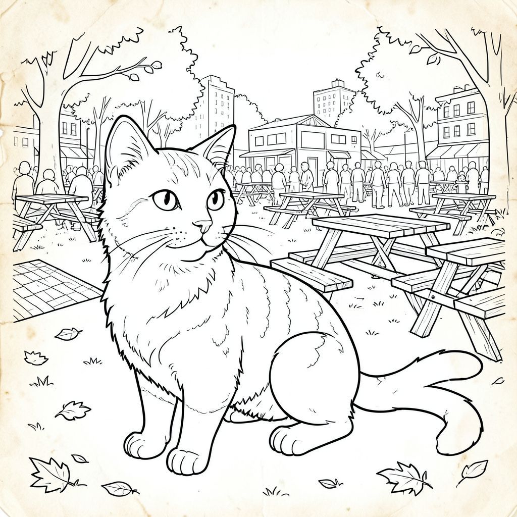 một mình, động vật thủy sinh đơn, một vây đuôi, vây, không có chân, đúng về mặt giải phẫu, có màu trắng tinh khiết mô tả một con mèo duy nhất, hoàn toàn không màu, được thiết kế để trở thành một cảnh chi tiết và đắm chìm. Mô tả tô màu: Đây là một loại giấy hơi có kết cấu, hơi già - hãy nghĩ đến một tờ giấy da hơi thô, hơi vàng. Hậu cảnh là khung cảnh công viên đô thị rộng lớn, hơi u ám, vào cuối buổi chiều. Đó là một lễ hội xe tải thực phẩm bận rộn, nhưng trọng tâm hoàn toàn là con mèo. Con mèo: Con mèo được đặt ở góc phần tư dưới bên trái của góc phần tư , hơi nghiêng sang phải, tạo cảm giác chiều sâu. Đó là một con mướp cỡ trung bình, cao khoảng 6 inch ở vai. Bộ lông của nó có màu cát, lốm đốm, với những thay đổi tinh tế về tông màu trên cơ thể - hơi sáng về phía sau và sâu hơn ở xương sườn. Có một hoa văn "cá thu" tinh tế, gần như không thể nhận thấy, trên lưng của nó, nhưng nó không quá rõ rệt. Bộ lông của nó hơi xù lông, tạo cảm giác chuyển động. Khuôn mặt đặc biệt quan trọng - nó có đôi mắt to, biểu cảm, hơi tách ra, với một chút lông mày hơi nhăn. Mũi có hình dạng tròn với kết cấu tinh tế, hơi ướt. Râu của nó dài, mỏng và hơi cong, kéo dài ra ngoài. Tai của mèo to, hình tam giác và hơi tròn, với một cái tinh tế, kéo dài từ trên xuống. Đuôi của nó dài và hơi cong, kết thúc bằng một điểm tròn nhỏ. Hậu cảnh – Cảnh công viên: Hậu cảnh là một ấn tượng dày đặc, hơi mờ của một công viên. Có một số bàn dã ngoại nằm rải rác khắp nơi, mỗi bàn có một mặt bàn gỗ nhỏ, hơi mòn. Các bàn ăn được sắp xếp theo kiểu lỏng lẻo, có phần bừa bãi, tạo cảm giác lễ hội tấp nập, thân mật. Một vài chiếc lá rải rác - chủ yếu là và - có thể nhìn thấy trên mặt đất, bị che khuất một phần bởi bóng tối. Có một vài chiếc chăn dã ngoại nhỏ, rực rỡ được phủ bừa bãi. Một vòi chữa cháy bằng kim loại nhỏ, hơi nghiêng có thể nhìn thấy ở hậu cảnh, tạo thêm nét chi tiết đô thị. Cỏ bị tắt tiếng, hơi -. Mềm mại và khuếch tán, tạo ra một bầu không khí mờ mịt, hơi mát mẻ. Có một làn sương mù tinh tế, gần như không thể nhận thấy trong không khí, làm dịu các rìa của cảnh. Ấn tượng tổng thể là một trong những sự kiện ngoài trời hơi hỗn loạn, nhưng sống động. Bầu không khí tổng thể: Bảng màu chủ yếu là thang độ xám với tông màu rất tinh tế, ấm áp để lọc qua cây cối. Trọng tâm là con mèo như một yếu tố trung tâm, tạo cảm giác quan sát yên tĩnh và tĩnh lặng trong môi trường lễ hội bận rộn. Hình ảnh sẽ gợi lên cảm giác bình tĩnh và một bầu không khí hơi hoài cổ, hơi hay thay đổi.

---

Tôi đã tập trung vào việc tạo ra một cảnh chi tiết và gợi cảm, vừa phong phú về mặt hình ảnh vừa đơn giản về mặt khái niệm. Tôi đã ưu tiên hình thức và biểu cảm của con mèo hơn bất kỳ phong cách nghệ thuật cụ thể nào ngoài sự nghiêm ngặt và trắng. Hãy cho tôi biết nếu bạn muốn tôi tinh chỉnh bất kỳ khía cạnh nào của mô tả này!, trang màu, nghệ thuật đường nét, nền trắng Lời nhắc tiêu cực: hai đầu, hai đầu, đầu phụ, hai đuôi, đuôi phụ, hai thân cây, thân phụ, năm chân, chân phụ, ba chân, sáu chân, ba cánh, cánh phụ, đột biến, biến dạng, giải phẫu xấu, thừa chi, hợp nhất, dính,  trùng lặp, nhiều động vật, nhiều đối tượng, bảng nhân vật, xấu xí, bệnh hoạn, đột biến, biến dạng, tứ chi dị dạng, quá nhiều chân, quá nhiều đuôi