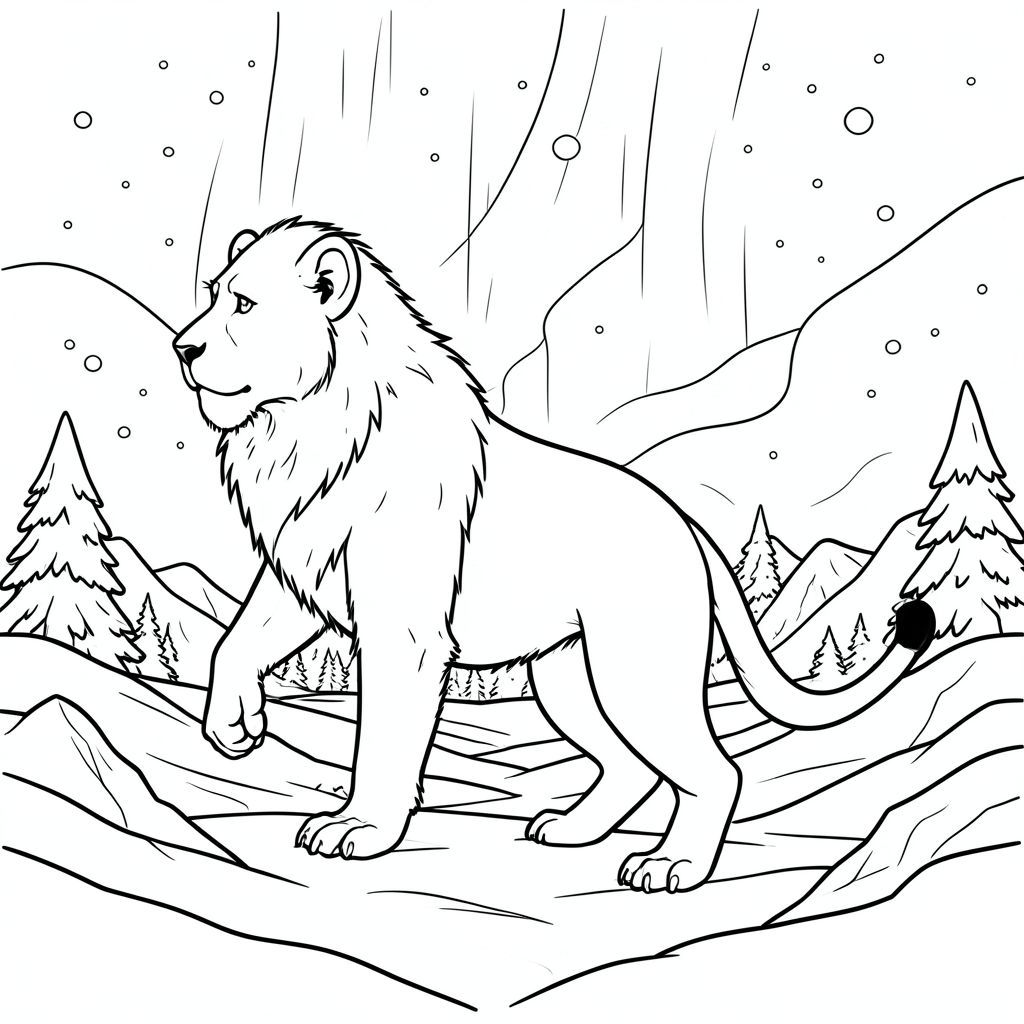 Độc lập, Linh trưởng đơn, Hai cánh tay, Hai chân, Một đuôi, Đúng giải phẫu, Sư tử, Cô đơn, Lãnh nguyên, mùa đông, đêm, Bầu trời, Cực quang, Đèn, Năng động, cảnh, Chi tiết, kiệt tác, và trắng, Nghệ thuật đường, hình minh họa, tinh khiết, trắng, Không có bóng, Không có màu, Nội địa, lý lịch, Phức tạp, Bản vẽ, Thực tế, mạnh mẽ, Tư thế, Hình bóng, Đóng băng, phong cảnh, lạnh, tuyết, Trang màu, Nghệ thuật đường, nền trắng Nhắc nhở tiêu cực: hai đầu,  hai đầu, đầu phụ, hai đuôi, đuôi phụ, hai thân cây, thân phụ, năm chân, thêm chân, ba chân, sáu chân, ba cánh, thêm cánh, đột biến, biến dạng, giải phẫu xấu, thừa chi, hợp nhất, dính liền, trùng lặp, nhiều động vật, nhiều đối tượng, bảng tính cách, xấu xí, bệnh hoạn, đột biến, biến dạng, tứ chi dị dạng, quá nhiều chân, quá nhiều đuôi