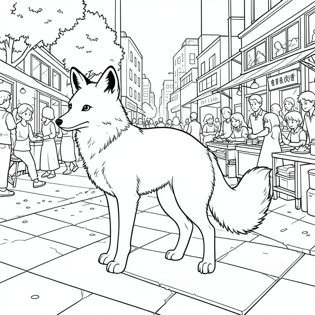 solo, động vật đơn, bốn chân, một đầu, một đuôi, đúng giải phẫu, cáo, đơn độc, công viên đô thị, chợ nhộn nhịp, vỉa hè bê tông, ánh sáng mặt trời, bóng tối, chi tiết, phức tạp, nghệ thuật đường nét, đơn sắc, không có bóng, không màu, kiệt tác, trang màu, nghệ thuật đường, nền trắng Nhắc nhở tiêu cực: hai đầu, hai đầu, thêm đầu, hai đuôi, thêm đuôi, hai thân cây, thêm thân cây, năm chân, thêm chân,  ba chân, sáu chân, ba cánh, thêm cánh, đột biến, biến dạng, giải phẫu xấu, thừa chi, hợp nhất, dính liền nhau, trùng lặp, nhiều động vật, nhiều đối tượng, bảng tính cách, xấu xí, bệnh hoạn, đột biến, biến dạng, tứ chi dị dạng, quá nhiều chân, quá nhiều đuôi