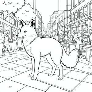 solo, động vật đơn, bốn chân, một đầu, một đuôi, đúng giải phẫu, cáo, đơn độc, công viên đô thị, chợ nhộn nhịp, vỉa hè bê tông, ánh sáng mặt trời, bóng tối, chi tiết, phức tạp, nghệ thuật đường nét, đơn sắc, không có bóng, không màu, kiệt tác, trang màu, nghệ thuật đường, nền trắng Nhắc nhở tiêu cực: hai đầu, hai đầu, thêm đầu, hai đuôi, thêm đuôi, hai thân cây, thêm thân cây, năm chân, thêm chân,  ba chân, sáu chân, ba cánh, thêm cánh, đột biến, biến dạng, giải phẫu xấu, thừa chi, hợp nhất, dính liền nhau, trùng lặp, nhiều động vật, nhiều đối tượng, bảng tính cách, xấu xí, bệnh hoạn, đột biến, biến dạng, tứ chi dị dạng, quá nhiều chân, quá nhiều đuôi