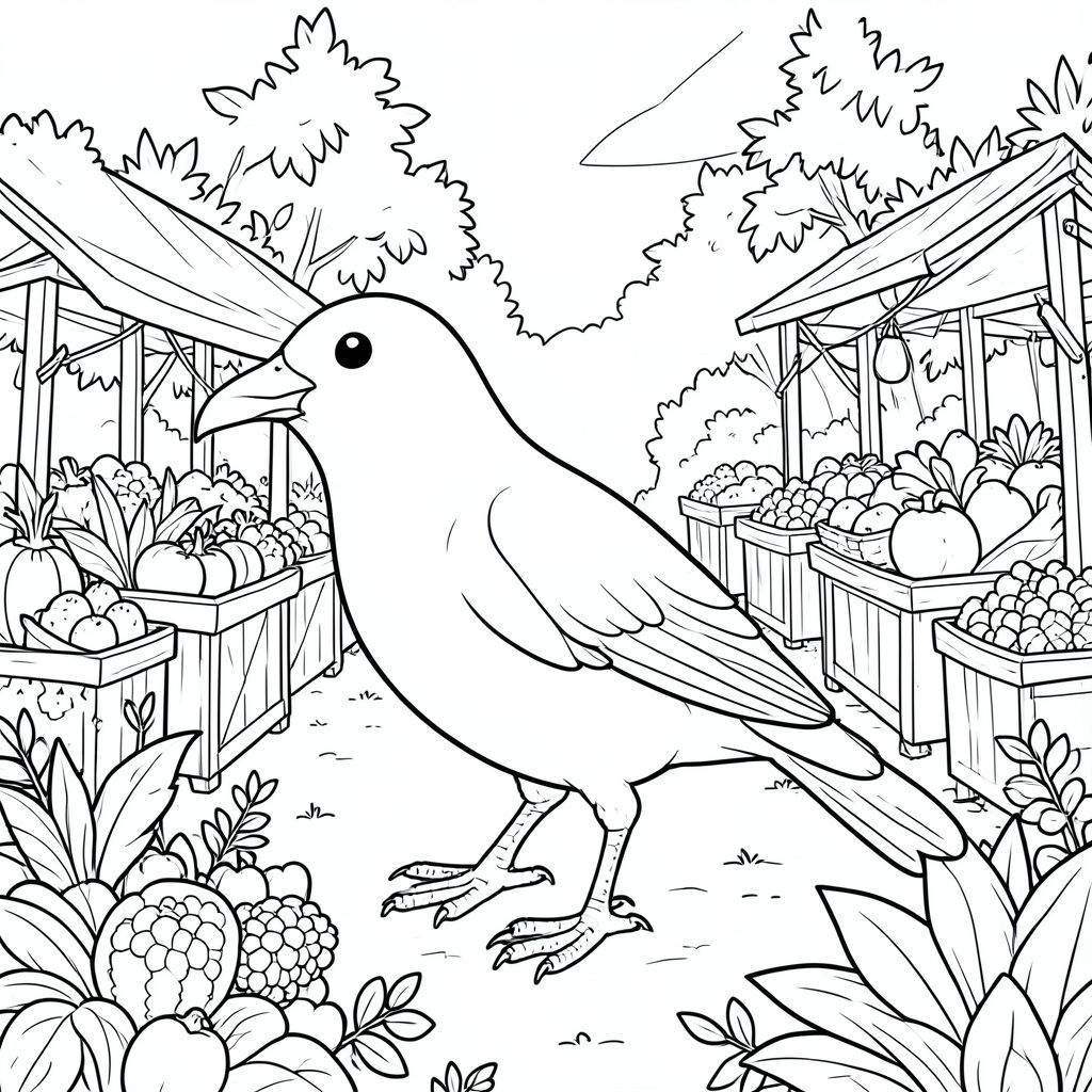 solo, một con chim, hai chân, hai cánh, một mỏ, đúng giải phẫu, chim, chi tiết, cảnh, tiền cảnh, rau, quầy hàng, thị trường, lý lịch, tán lá, ánh sáng mặt trời, thực tế, nghệ thuật đường nét, đơn sắc, không có bóng, không màu, kiệt tác, trang màu, nghệ thuật đường, nền trắng Nhắc nhở tiêu cực: hai đầu, hai đầu, thêm đầu, hai đuôi, thêm đuôi, hai thân cây, thêm thân cây, năm chân, thêm chân,  ba chân, sáu chân, ba cánh, thêm cánh, đột biến, biến dạng, giải phẫu xấu, thừa chi, hợp nhất, dính liền nhau, trùng lặp, nhiều động vật, nhiều đối tượng, bảng tính cách, xấu xí, bệnh hoạn, đột biến, biến dạng, tứ chi dị dạng, quá nhiều chân, quá nhiều đuôi