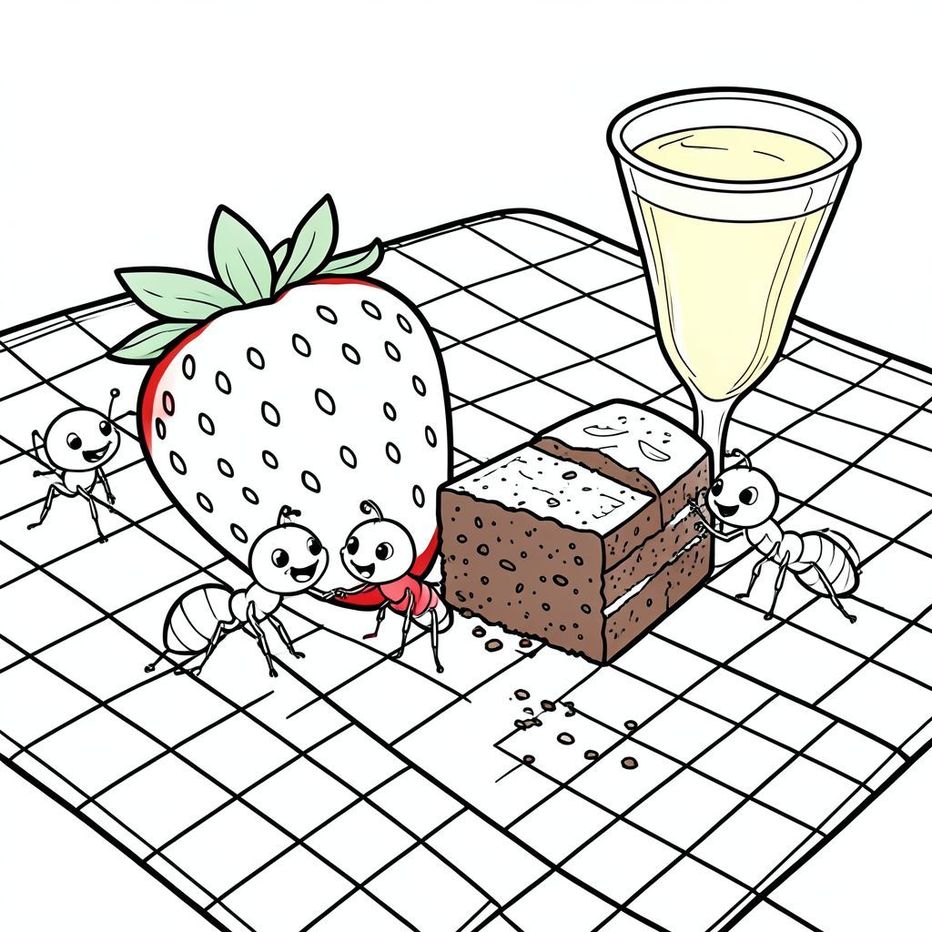 Lời nhắc: Cận cảnh macro, góc nhìn của kiến về một chiếc chăn dã ngoại ca rô màu đỏ và trắng, những con kiến nhỏ với khuôn mặt thân thiện mang theo những bữa tiệc tuyệt vời: một quả dâu tây khổng lồ, một vụn bánh sô cô la lớn hơn chúng, và một giọt nước chanh khổng lồ, màu sắc rực rỡ.
Hình ảnh: Màu đỏ của chăn rất đậm. Dâu tây có màu đỏ tươi và xanh lục, bánh màu nâu, giọt nước chanh có màu vàng mờ.