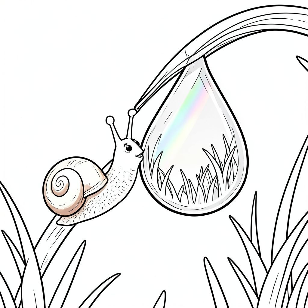 Nhắc nhở: Cận cảnh macro, một con ốc sên nhỏ với lớp vỏ sáng bóng và khuôn mặt thân thiện đang nhấp một ngụm từ một giọt sương lấp lánh khổng lồ treo trên ngọn cỏ, ánh sáng sớm tạo hiệu ứng lăng kính cầu vồng trong giọt nước, nền xanh dịu dàng, màu sắc rực rỡ nhưng nhẹ nhàng, phong cách minh họa sách thiếu nhi.
Hình ảnh: Giọt sương trong mờ và phóng đại cỏ phía sau nó, tạo ra khúc xạ đẹp. Vỏ ốc xoáy với màu nâu mềm và kem, đón ánh sáng ban mai.