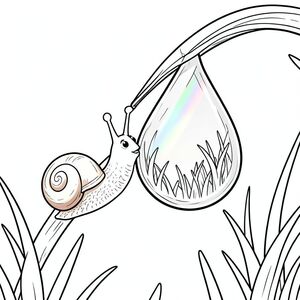 Nhắc nhở: Cận cảnh macro, một con ốc sên nhỏ với lớp vỏ sáng bóng và khuôn mặt thân thiện đang nhấp một ngụm từ một giọt sương lấp lánh khổng lồ treo trên ngọn cỏ, ánh sáng sớm tạo hiệu ứng lăng kính cầu vồng trong giọt nước, nền xanh dịu dàng, màu sắc rực rỡ nhưng nhẹ nhàng, phong cách minh họa sách thiếu nhi.
Hình ảnh: Giọt sương trong mờ và phóng đại cỏ phía sau nó, tạo ra khúc xạ đẹp. Vỏ ốc xoáy với màu nâu mềm và kem, đón ánh sáng ban mai.