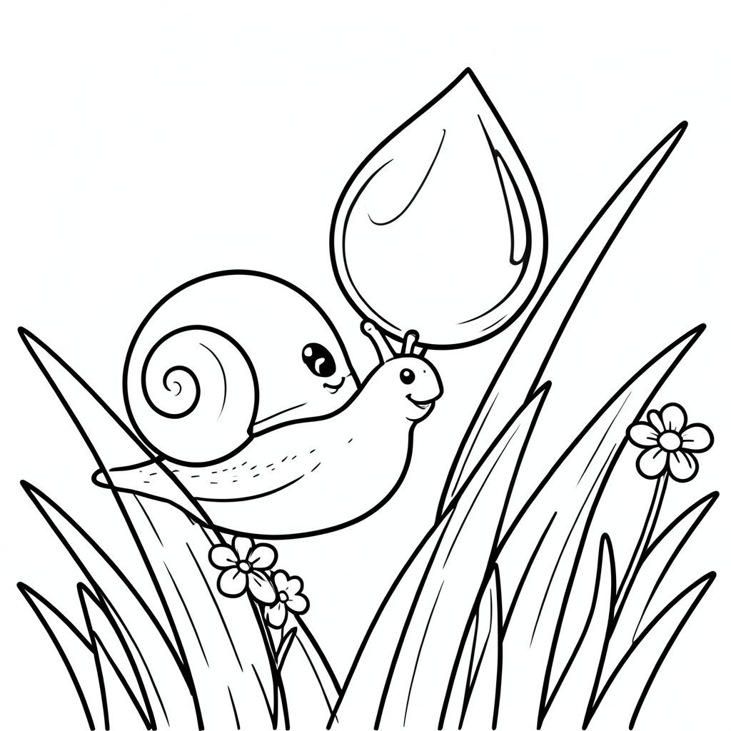 Nhắc nhở: Một con ốc sên nhỏ với vỏ xoáy đang uống nước từ một giọt sương khổng lồ trên ngọn cỏ, nghệ thuật đường nét đen trắng, phong cách sách tô màu dành cho trẻ em, đường viền dày sạch sẽ, độ tương phản cao, nền trắng, chi tiết đơn giản, không đổ bóng, góc nhìn cận cảnh macro, mặt ốc sên thân thiện với đôi mắt to, giọt sương tròn và rõ ràng hoàn hảo, lưỡi cỏ có đường song song đơn giản,  2-3 bông hoa nhỏ gần đó, các yếu tố nền tối thiểu.