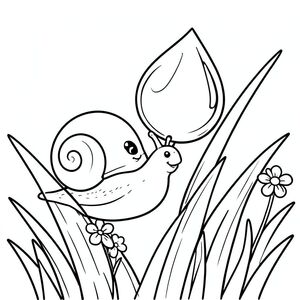 Nhắc nhở: Một con ốc sên nhỏ với vỏ xoáy đang uống nước từ một giọt sương khổng lồ trên ngọn cỏ, nghệ thuật đường nét đen trắng, phong cách sách tô màu dành cho trẻ em, đường viền dày sạch sẽ, độ tương phản cao, nền trắng, chi tiết đơn giản, không đổ bóng, góc nhìn cận cảnh macro, mặt ốc sên thân thiện với đôi mắt to, giọt sương tròn và rõ ràng hoàn hảo, lưỡi cỏ có đường song song đơn giản,  2-3 bông hoa nhỏ gần đó, các yếu tố nền tối thiểu.