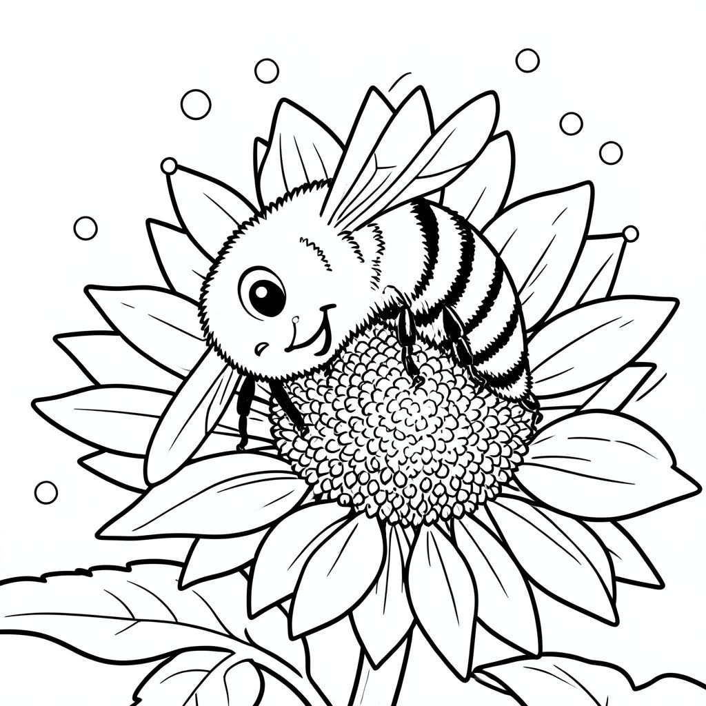 Nhắc nhở: Một con ong vò vẽ lông tơ với đôi mắt to thân thiện đáp xuống một bông hoa hướng dương khổng lồ, nghệ thuật đường nét đen trắng, phong cách sách tô màu dành cho trẻ em, đường viền dày sạch sẽ, độ tương phản cao, nền trắng, chi tiết đơn giản, không đổ bóng, chế độ xem cận cảnh macro, cánh ong là hình dạng phác thảo đơn giản, cánh hoa hướng dương có chi tiết đường nét đơn giản, chấm phấn hoa lơ lửng trong không khí dưới dạng vòng tròn nhỏ,  Con ong có những đoạn cơ thể sọc, biểu cảm mỉm cười.