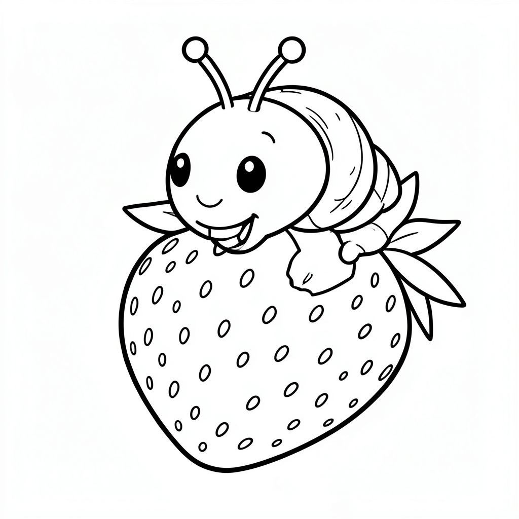 Nhắc nhở: Một con sâu bướm sọc vui vẻ đang nhai một quả dâu tây khổng lồ, nghệ thuật đường nét đen trắng, phong cách sách tô màu dành cho trẻ em, đường viền dày sạch sẽ, độ tương phản cao, nền trắng, chi tiết đơn giản, không đổ bóng, góc nhìn cận cảnh macro, sâu bướm có các đoạn cơ thể tròn với hoa văn đơn giản, dâu tây có hạt như những chấm nhỏ, một miếng nhỏ lấy ra khỏi dâu tây cho thấy kết cấu bên trong,  Sâu bướm có râu và khuôn mặt tươi cười.