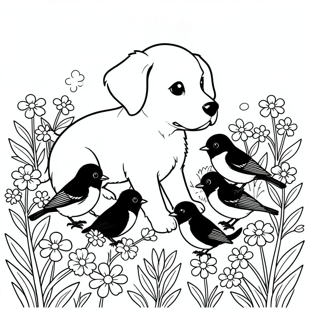 Một chú chó con I. Cô ấy cánh đồng hoa với 4 con chicadees nhỏ màu đen chơi với anh ta